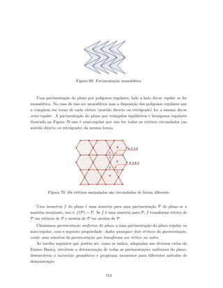 Figura 69: Pavimenta¸c˜ao mono´edrica
Uma pavimenta¸c˜ao do plano por pol´ıgonos regulares, lado a lado diz-se regular se for
mono´edrica. No caso de n˜ao ser mono´edrica mas a disposi¸c˜ao dos pol´ıgonos regulares que
a comp˜oem em torno de cada v´ertice (sentido directo ou retr´ogrado) for a mesma diz-se
semi-regular. A pavimenta¸c˜ao do plano por triˆangulos equil´ateros e hex´agonos regulares
ilustrada na Figura 70 n˜ao ´e semi-regular por n˜ao ter todos os v´ertices circundados (no
sentido directo ou retr´ogrado) da mesma forma.
6.3.3.6
6.3.6.3
6
3
3
6
3
3
6
Figura 70: Os v´ertices assinalados s˜ao circundados de forma diferente
Uma isometria f do plano ´e uma simetria para uma pavimenta¸c˜ao P do plano se a
mant´em invariante, isto ´e, f(P) = P. Se f ´e uma simetria para P, f transforma v´ertice de
P em v´ertices de P e arestas de P em arestas de P.
Chamamos pavimenta¸c˜ao uniforme do plano a uma pavimenta¸c˜ao do plano regular ou
semi-regular, com a seguinte propriedade: dados quaisquer dois v´ertices da pavimenta¸c˜ao,
existe uma simetria da pavimenta¸c˜ao que transforma um v´ertice no outro.
As tarefas seguintes que podem ser, como se indica, adaptadas aos diversos ciclos do
Ensino B´asico, envolvem a determina¸c˜ao de todas as pavimenta¸c˜oes uniformes do plano,
desenvolvem o racioc´ınio geom´etrico e propiciam momentos para diferentes m´etodos de
demonstra¸c˜ao.
114
 