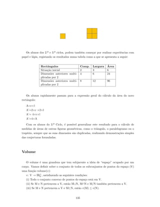 Os alunos dos 2.º e 3.º ciclos, podem tamb´em come¸car por realizar experiˆencias com
papel e l´apis, registando os resultados numa tabela como a que se apresenta a seguir:
Rectˆangulos Comp. Largura ´Area
Situa¸c˜ao inicial 2 3 6
Dimens˜oes anteriores multi-
plicadas por 2
4 6 24
Dimens˜oes anteriores multi-
plicadas por 2
8 12 96
Os alunos rapidamente passam para a express˜ao geral do c´alculo da ´area do novo
rectˆangulo:
A=c×l
A’=2×c ×2×l
A’= 4×c×l
A’=4×A
Com os alunos do 3.º Ciclo, ´e poss´ıvel generalizar este resultado para o c´alculo de
medidas de ´areas de outras ﬁguras geom´etricas, como o triˆangulo, o paralelogramo ou o
trap´ezio, sempre que as suas dimens˜oes s˜ao duplicadas, realizando demonstra¸c˜oes simples
das conjecturas formuladas.
Volume
O volume ´e uma grandeza que tem subjacente a ideia de “espa¸co” ocupado por um
corpo. Vamos deﬁnir sobre o conjunto de todos os subconjuntos de pontos do espa¸co (V)
uma fun¸c˜ao volume(v):
v: V → IR+
0 , satisfazendo as seguintes condi¸c˜oes:
(i) Todo o conjunto convexo de pontos do espa¸co est´a em V.
(ii) Se M e N pertencem a V, ent˜ao M∪N, M∩N e M/N tamb´em pertencem a V.
(iii) Se M e N pertencem a V e M⊂N, ent˜ao v(M) ≤ v(N).
135
 
