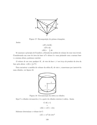 Figura 17: Decomposi¸c˜ao do prisma triangular.
Assim
v(P)=3v(K)
v(P)=ah
v(K)= 1
3 ah
Se usarmos o princ´ıpio de Cavalieri, a f´ormula da medida do volume do cone vem trivial.
Considerando um cone de ´area da base πr2 e altura h e uma pirˆamide com a mesma base
e a mesma altura, podemos concluir:
O volume de um cone qualquer K , de raio da base r, ´e um ter¸co do produto da ´area da
base pela altura: v(K)= 1
3 πr2 h
Para encontrar a medida do volume da esfera K, de raio r, comecemos por inscrevˆe-la
num cilindro, ver ﬁgura 18:
Figura 18: Circunscri¸c˜ao da esfera no cilindro.
Seja C o cilindro circunscrito e L a parte do cilindro exterior `a esfera. Assim
C=K ∪ L
e
v(K) = v(C) - v(L)
Sabemos determinar o volume de C:
v(C) = πr2.2r=2πr3
138
 