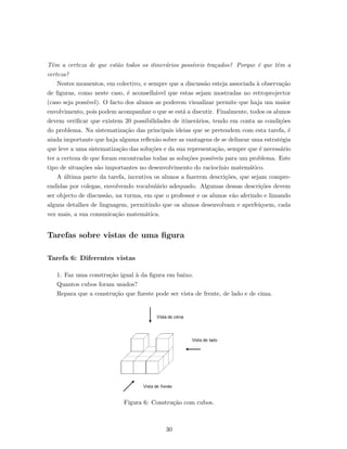 Tˆem a certeza de que est˜ao todos os itiner´arios poss´ıveis tra¸cados? Porque ´e que tˆem a
certeza?
Nestes momentos, em colectivo, e sempre que a discuss˜ao esteja associada `a observa¸c˜ao
de ﬁguras, como neste caso, ´e aconselh´avel que estas sejam mostradas no retroprojector
(caso seja poss´ıvel). O facto dos alunos as poderem visualizar permite que haja um maior
envolvimento, pois podem acompanhar o que se est´a a discutir. Finalmente, todos os alunos
devem veriﬁcar que existem 20 possibilidades de itiner´arios, tendo em conta as condi¸c˜oes
do problema. Na sistematiza¸c˜ao das principais ideias que se pretendem com esta tarefa, ´e
ainda importante que haja alguma reﬂex˜ao sobre as vantagens de se delinear uma estrat´egia
que leve a uma sistematiza¸c˜ao das solu¸c˜oes e da sua representa¸c˜ao, sempre que ´e necess´ario
ter a certeza de que foram encontradas todas as solu¸c˜oes poss´ıveis para um problema. Este
tipo de situa¸c˜oes s˜ao importantes no desenvolvimento do racioc´ınio matem´atico.
A ´ultima parte da tarefa, incentiva os alunos a fazerem descri¸c˜oes, que sejam compre-
endidas por colegas, envolvendo vocabul´ario adequado. Algumas dessas descri¸c˜oes devem
ser objecto de discuss˜ao, na turma, em que o professor e os alunos v˜ao aferindo e limando
alguns detalhes de linguagem, permitindo que os alunos desenvolvam e aperfei¸coem, cada
vez mais, a sua comunica¸c˜ao matem´atica.
Tarefas sobre vistas de uma ﬁgura
Tarefa 6: Diferentes vistas
1. Faz uma constru¸c˜ao igual `a da ﬁgura em baixo.
Quantos cubos foram usados?
Repara que a constru¸c˜ao que ﬁzeste pode ser vista de frente, de lado e de cima.
Figura 6: Constru¸c˜ao com cubos.
30
 