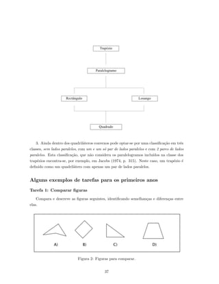 3. Ainda dentro dos quadril´ateros convexos pode optar-se por uma classiﬁca¸c˜ao em trˆes
classes, sem lados paralelos, com um e um s´o par de lados paralelos e com 2 pares de lados
paralelos. Esta classiﬁca¸c˜ao, que n˜ao considera os paralelogramos inclu´ıdos na classe dos
trap´ezios encontra-se, por exemplo, em Jacobs (1974, p. 315). Neste caso, um trap´ezio ´e
deﬁnido como um quadril´atero com apenas um par de lados paralelos.
Alguns exemplos de tarefas para os primeiros anos
Tarefa 1: Comparar ﬁguras
Compara e descreve as ﬁguras seguintes, identiﬁcando semelhan¸cas e diferen¸cas entre
elas.
Figura 2: Figuras para comparar.
37
 