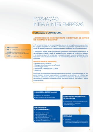 FORMAÇÃO
                                          INTRA & INTER EMPRESAS
                                          FORMAÇÃO E CONSULTORIA

                                          A EXPERIÊNCIA NO DESENVOLVIMENTO DE EXECUTIVOS AO SERVIÇO
                                          DO DESEMPENHO COLECTIVO


                                          A IFE tem como missão ser um parceiro global na área da formação, oferecendo aos clien-
                                          tes soluções integradas de consultoria e formação que permitam responder às necessi-
• 350 colaboradores
                                          dades de desenvolvimento dos colaboradores e ter um elevado retorno do investimento.
• 98% de satisfação dos nossos clientes
• 25.000 clientes / executivos e          A formação à medida da IFE garante total ajustamento dos conteúdos de formação às
dirigentes com forte poder de decisão     necessidades do cliente. Depois de adjudicada uma proposta de formação, o processo
                                          é construído de raíz, tendo em atenção a realidade de cada empresa, os objectivos estra-
• 2.000 formações por ano
                                          tégicos em termos de desenvolvimento, e as necessidades particulares de cada grupo de
                                          formandos.

                                          Principais áreas de intervenção:
                                          • Vendas e Acção Comercial
                                          • Management e Desenvolvimento Pessoal
                                          • Comunicação Interna
                                          • Atendimento e Relação com o Cliente
                                          • Marketing

                                          O processo de consultoria, antes de cada projecto formativo, junta responsáveis da em-
                                          presa, cheﬁas e formador para deﬁnirem em conjunto as temáticas e os módulos que
                                          constituem a formação. Há assim um ajustamento aos objectivos da empresa e às ex-
                                          pectativas dos formandos, contribuindo para uma maior abertura à mudança e melhor
                                          implementação.




                                           CONSULTORIA DE PREPARAÇÃO

                                           • Deﬁnição de objectivos
                                                                                          CONSTRUÇÃO DE CONTEÚDOS E
                                           • Levantamento de necessidades
                                                                                          METODOLOGIAS

                                                                                          • Análise do público-alvo, identiﬁcação
                                                                                           dos conteúdos e selecção
                                                                                           de metodologias

                                           IMPLEMENTAÇÃO
                                           E ACOMPANHAMENTO

                                           • Desenho de processo
                                             de implementação
                                           • Criação de grupos internos                   FORMAÇÃO
                                             de acompanhamento
                                           • Coaching individual e de equipa              • Formação
                                           • Avaliação de resultados                      • Exercícios e casos práticos elaborados
                                                                                            com base na realidade dos formandos




                                                                                                                                     5
 