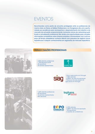 EVENTOS
Reconhecidos como ponto de encontro privilegiado entre os proﬁssionais da
mesma área, as Feiras, os Salões Proﬁssionais e os Congressos são uma oportu-
nidade por excelência para acompanhar o desenvolvimento da indústria e do
mercado de actuação, proporcionando momentos únicos de networking quali-
ﬁcado e actualização proﬁssional. São ainda uma oportunidade para compilar
informações competitivas sobre diversos produtos e fornecedores num curto es-
paço de tempo, estabelecer contacto directo com parceiros de negócio, trocar
experiências e adquirir conhecimentos em segmentos de mercado especíﬁcos.




FEIRAS E SALÕES PROFISSIONAIS




   • 3.000 visitantes proﬁssionais
   • 1.100 directores de RH
   • 45 expositores
   • 25 sectores representados




                                          • Único neste sector em Portugal
                                          • 7.000 visitantes
                                          • 6.000m2 de área de exposição
                                          • Presença dos key players da
                                          agricultura em Portugal




   • 1.600 visitantes proﬁssionais
   • 40 expositores
   • 15 sectores representados
   • 90% decisores




                                           • 6.700 visitantes
                                           • 3.000m2 de área de exposição
                                           • 120 expositores
                                           • 6 sessões de conferências




                                                                                7
 