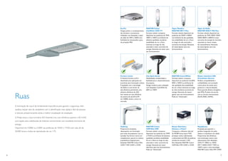 EcoVia                               MASTER Colour                        Vapor Metálico                      Vapor de Sódio
                                                                                             Design prático e contemporâneo,      CityWhite CDO-TT                     MASTER HPI-T Plus                   MASTER SON-T PIA Plus
                                                                                             são duráveis e econômicas.           Formato tubular compacto,            Formato tubular, disponível nas     Formato tubular, disponível nas
                                                                                             Utilizadas com lâmpadas a vapor      disponível nas potências de 70W,     potências de 250W e 400W.           potências de 70W, 100W, 150W,
                                                                                             de sódio de 70W a 250W, com          100W e 150W. Luz brlhante de         Luz brilhante de alta qualidade,    250W, 400W e 600W. A maior
                                                                                             facilidade de manutenção e grau      altíssima qualidade, excelente       boa estabilidade de cor e ﬂuxo      economia de energia do mercado,
                                                                                             de proteção IP65.                    estabilidade de cor e ﬂuxo           ao longo da vida, associada a       associada ao menor tempo
                                                                                                                                  luminoso ao longo da vida,           economia de energia. Necessita      de reacendimento. Necessita
                                                                                                                                  associada a maior economia de        de reator/ignitor para seu          de reator/ignitor para seu
                                                                                                                                  energia. Necessita de reator para    funcionamento.                      funcionamento.
                                                                                                                                  seu funcionamento.




                                                                                             Fortimo Linear                       City Spirit Street                   MASTER CosmoWhite                   Reator eletrônico HID
                                                                                             O Sistema Fortimo LLM é              Flexibilidade, modularidade e        Formato tubular compacta,           PrimaVision Xtreme
                                                                                             desenhado para aplicações em         facilidade para o desenvolvimento    disponível nas potências de 60W,    Perfeita compatibilidade e
                                                                                             luminárias para iluminação urbana.   de projetos.                         90W e 140W. Luz brilhante de        conﬁabilidade, com proteção
                                                                                             É equipado com a tecnologia          Design moderno, para utilização      alta qualidade, boa estabilidade    contra picos de tensão para
                                                                                             de fósforo e com driver de           com lâmpadas CosmoPolis de           de cor e ﬂuxo luminoso ao longo     preservar a vida da lâmpada.
                                                                                             alta eﬁciência, permitindo uma       60W ou 140W.                         da vida, excelente economia de      Possui grande eﬁcácia energética
                                                                                             altíssima eﬁciência do LED.                                               energia. Necessita de reator/       (até 92%). Produto de acordo


    Ruas                                                                                     Isto resulta em uma eﬁciência
                                                                                             do sistema de até 64 lm/W
                                                                                             em 3.000K, sendo o único no
                                                                                             mercado.
                                                                                                                                                                       ignitor para seu funcionamento.
                                                                                                                                                                       Pode ser “dimerizada”.
                                                                                                                                                                                                           com as normas internacionais
                                                                                                                                                                                                           (RoHS, ENEC, KEMA).




    A iluminação de ruas é de fundamental importância para garantir a segurança, inibir
    assaltos, reduzir atos de vandalismo com a identiﬁcação mais rápida e fácil de pessoas
    e veículos, proporcionando, ainda, a melhor vizualização da sinalização.

    A Philips lança a nova luminária LED Essential Line, com eﬁciência superior a 85 lm/W,
    uma opção para substituição de sistemas convencionais com excelente economia de
    energia.
                                                                                             Gullwing                             MASTER Colour                        Reator Eletrônico                   Republicana
    Disponível em 4.000K ou 5.500K nas potências de 105W a 175W, com vida útil de            Proporciona excelente                CDM Elite MW                         Advance e-Vision®                   Projetada para garantir a
    50.000 horas e índice de reprodução de cor >75.                                          desempenho em iluminação             Formato tubular compacto,            Compacto e eﬁciente, vida útil      perfeita integração do estilo
                                                                                             para áreas de pedestres, ruas ou     disponível nas potências de 210W     de 50.000 horas, baixo THD,         clássico à arquitetura da cidade.
                                                                                             estradas. Sua forma a torna um       e 315W. Luz brilhante de altíssima   proteção contra sobretensão         Proporciona alta eﬁciência,
                                                                                             complemento natural no cenário       qualidade, excelente estabilidade    e dimerizável até 50% da potência   com iluminação suave e sem
                                                                                             arquitetônico. Especial para         de cor e ﬂuxo ao longo da vida,      através de controle 1-10V.          ofuscamento. Para lâmpadas
                                                                                             lâmpadas MASTER Colour Elite         associada a maior economia de        Para lâmpadas MASTER Colour         CDO-TT 100W ou 150W,
                                                                                             CDM-T MW 210W e 315W.                energia. Necessita de reator         CDM Elite MW 210W e 315W.           HPI-T 250W, CDM-T 70W ou
                                                                                                                                  eletrônico para seu funcionamento.                                       150W e para a nova tecnologia
                                                                                                                                  Pode ser “dimerizada”.                                                   MASTER Colour Elite MW 210W.


6                                                                                                                                                                                                                                             7
 