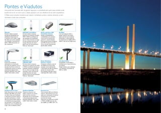Pontes e Viadutos
Uma ponte bem iluminada, além de garantir segurança e comodidade para quem passa, também pode
transformar-se em um marco para a cidade, passando a ser uma referência de seu estilo arquitetônico.
A Philips possui soluções inovadoras que realçam e embelezam pontes e viadutos, deixando-os bem
iluminados e ainda mais conhecidos.




Milewide                             MASTER CosmoWhite                    Reator eletrônico HID                 RoadStar
Possuem reﬂetor ajustável            Formato tubular compacta,            PrimaVision Xtreme                    Com tecnologia de LEDs e
que garante ﬂexibilidade nas         disponível nas potências de 60W,     Perfeita compatibilidade e            design moderno, seu projeto
instalações. Disponíveis em          90W e 140W. Luz brilhante de         conﬁabilidade, com proteção           óptico permite uma excelente
3 tamanhos: mini, média e mega.      alta qualidade, boa estabilidade     contra picos de tensão para           distribuição e uniformidade de
São ideais para serem utilizadas     de cor e ﬂuxo luminoso ao longo      preservar a vida da lâmpada.          luz. Disponível em 4.000K, 44W a
com lâmpadas CosmoPolis de           da vida, excelente economia de       Possui grande eﬁcácia energética      200W e vida útil de 70.000 horas.
60W e 140W, oferecendo um            energia. Necessita de reator/        (até 92%). Produto de acordo
alto rendimento.                     ignitor para seu funcionamento.      com as normas internacionais
                                     Pode ser “dimerizada”.               (RoHS, ENEC, KEMA).




Gullwing                             MASTER Colour                        Reator Eletrônico                     City Spirit Street
Proporciona excelente                CDM Elite MW                         Advance e-Vision®                     Flexibilidade, modularidade e
desempenho em iluminação             Formato tubular compacto,            Compacto e eﬁciente, vida útil        facilidade para o desenvolvimento
para áreas de pedestres, ruas ou     disponível nas potências de 210W     de 50.000 horas, baixo THD,           de projetos.
estradas. Sua forma a torna um       e 315W. Luz brilhante de altíssima   proteção contra sobretensão           Design moderno, para utilização
complemento natural no cenário       qualidade, excelente estabilidade    e dimerizável até 50% da potência     com lâmpadas CosmoPolis de
arquitetônico. Especial para         de cor e ﬂuxo ao longo da vida,      através de controle 1-10V.            60W ou 140W.
lâmpadas MASTER Colour Elite         associada a maior economia de        Para lâmpadas MASTER Colour
CDM-T MW 210W e 315W.                energia. Necessita de reator         CDM Elite MW 210W e 315W.
                                     eletrônico para seu funcionamento.
                                     Pode ser “dimerizada”.




CitySpirit Street Color              Optiﬂood MVP506                      Essential Line
Estão disponíveis em duas versões:   Projetores eﬁcientes com             Nova luminária LED, com eﬁciência
Ambient Light Effect que produz      design compacto, seu sistema         superior a 85 lm/W, torna-se uma
um efeito suave para sinalização     óptico permite controlar a           opção para substituição de sistemas
e indicação de caminho, devido a     distribuição da luz, minimizando     convencionais com excelente
sua óptica perfurada e a versão      o ofuscamento. Especial para         economia de energia.
LED que possui 8 LEDs estáticos      lâmpadas MASTER Colour Elite         Disponível nas potências de 105W
e 4 dinâmicos pré-programados,       CDM-T MW 210W e 315W.                a 175W e 50.000 horas de vida
que permitem a troca, podem ser                                           útil, 4.000K ou 5.500K e IRC >75.
usados para criar um ambiente que
traga a vida ao ambiente urbano.

16                                                                                                                                                  17
 