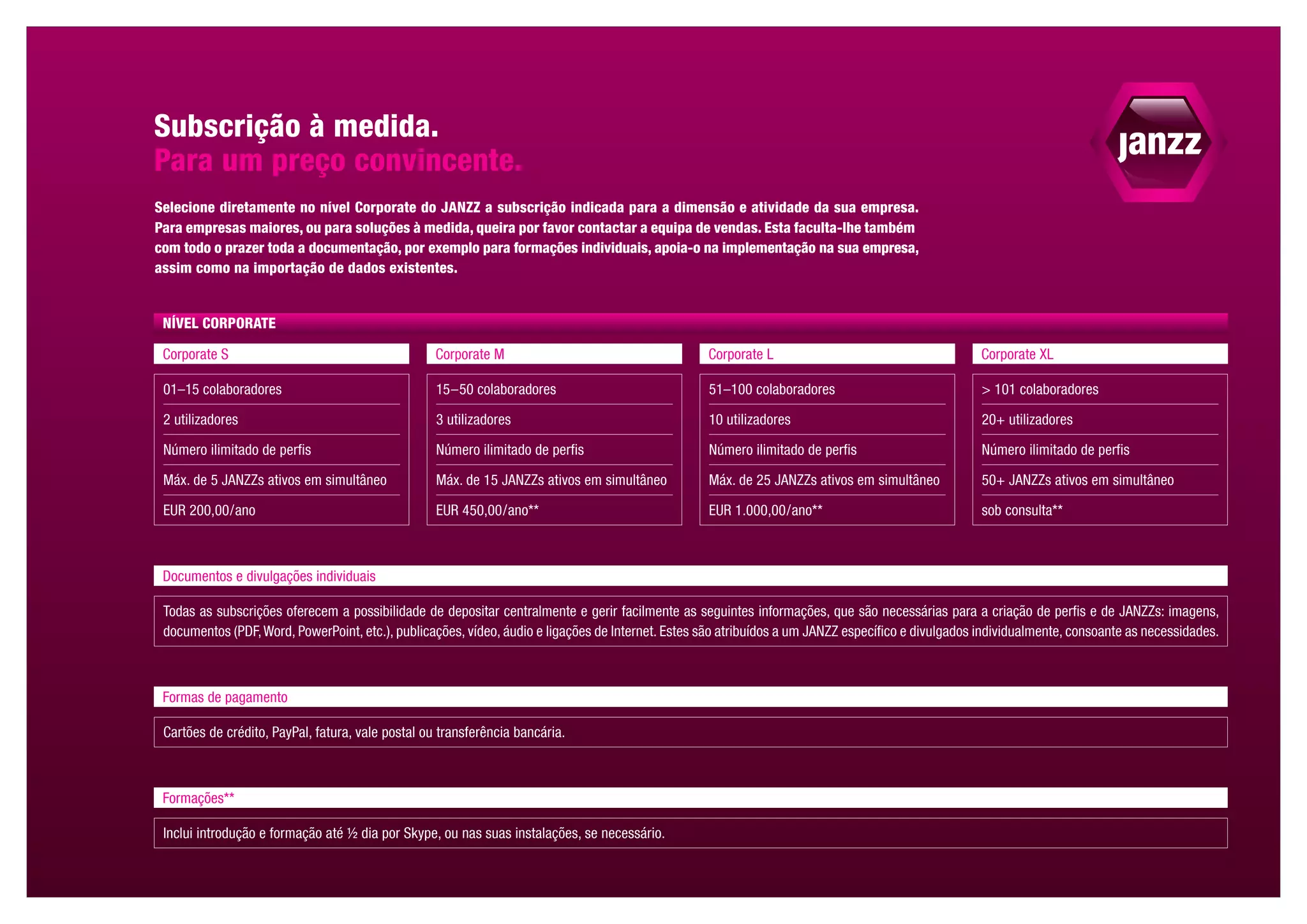 Subscrição à medida.
Para um preço convincente.
Selecione diretamente no nível Corporate do JANZZ a subscrição indicada para a dimensão e atividade da sua empresa.
Para empresas maiores, ou para soluções à medida, queira por favor contactar a equipa de vendas. Esta faculta-lhe também
com todo o prazer toda a documentação, por exemplo para formações individuais, apoia-o na implementação na sua empresa,
assim como na importação de dados existentes.


 NÍVEL CORPORATE

 Corporate S                                       Corporate M                                     Corporate L                                      Corporate XL

 01–15 colaboradores                               15 – 50 colaboradores                           51–100 colaboradores                               101 colaboradores

 2 utilizadores                                    3 utilizadores                                  10 utilizadores                                   20+ utilizadores

 Número ilimitado de perfis                        Número ilimitado de perfis                      Número ilimitado de perfis                        Número ilimitado de perfis

 Máx. de 5 JANZZs ativos em simultâneo             Máx. de 15 JANZZs ativos em simultâneo          Máx. de 25 JANZZs ativos em simultâneo            50+ JANZZs ativos em simultâneo

 EUR 200,00 / ano                                  EUR 450,00 / ano**                              EUR 1.000,00 / ano**                              sob consulta**



 Documentos e divulgações individuais

 Todas as subscrições oferecem a possibilidade de depositar centralmente e gerir facilmente as seguintes informações, que são necessárias para a criação de perfis e de JANZZs: imagens,
 documentos (PDF, Word, PowerPoint, etc.), publicações, vídeo, áudio e ligações de Internet. Estes são atribuídos a um JANZZ específico e divulgados individualmente, consoante as necessidades.



 Formas de pagamento

 Cartões de crédito, PayPal, fatura, vale postal ou transferência bancária.



 Formações**

 Inclui introdução e formação até ½ dia por Skype, ou nas suas instalações, se necessário.
 