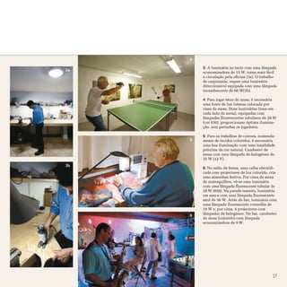 4

         3: A luminária no tecto com uma lâmpada
3a
         economizadora de 15 W, torna mais fácil
         a circulação pela oficina (3a). O trabalho
         de carpintaria, requer uma luminária
         direccionável equipada com uma lâmpada
         incandescente de 60 W(3b).

         4: Para jogar ténis de mesa, é necessária
         uma fonte de luz intensa colocada por
         cima da mesa. Duas luminárias (uma em
         cada lado da mesa), equipadas com
         lâmpadas fluorescentes tubulares de 28 W
         (cor 830), proporcionam óptima ilumina-
         ção, sem perturbar os jogadores.

         5: Para os trabalhos de costura, nomeada-
     5   mente de tecidos coloridos, é necessária
         uma boa iluminação com uma tonalidade
         próxima da cor natural. Candeeiro de
         mesa com uma lâmpada de halogéneo de
         35 W (12 V).
3b
         6: No salão de festas, uma calha electrifi-
         cada com projectores de luz colorida, cria
         uma atmosfera festiva. Por cima da mesa
         de matraquilhos, vê-se uma luminária
         com uma lâmpada fluorescente tubular de
         28 W (830). Na parede traseira, luminária
         em sanca com uma lâmpada fluorescente
         azul de 36 W. Atrás do bar, luminária com
         uma lâmpada fluorescente vermelha de
         18 W e, por cima, 4 projectores com
         lâmpadas de halogéneo. No bar, candeeiro
     6
         de mesa (colorido) com lâmpada
         economizadora de 9 W.




                                                 17
 