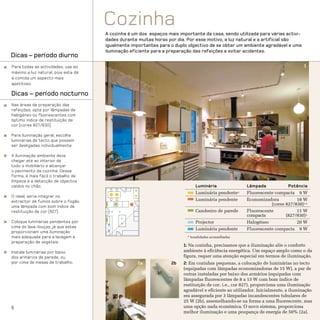 Cozinha
                                     A cozinha é um dos espaços mais importante da casa, sendo utilizada para várias activi-
                                     dades durante muitas horas por dia. Por esse motivo, a luz natural e a artificial são
                                     igualmente importantes para o duplo objectivo de se obter um ambiente agradável e uma
                                     iluminação eficiente para a preparação das refeições e evitar acidentes.
Dicas – período diurno
Para todas as actividades, use ao                                                                                                 1
máximo a luz natural, pois esta dá
à comida um aspecto mais
apetitoso.

Dicas – período nocturno
Nas áreas de preparação das
refeições, opte por lâmpadas de
halogéneo ou fluorescentes com
óptimo índice de restituição de
cor (cores 827/830).

Para iluminação geral, escolha
luminárias de tecto que possam
ser desligadas individualmente.

A iluminação ambiente deve
chegar até ao interior de
todo o mobiliário e alcançar
o pavimento da cozinha. Dessa
forma, é mais fácil o trabalho de
limpeza e a detecção de objectos
caídos no chão.                                                              Luminária                Lâmpada            Potência
                                                                             Luminária pendente*      Fluorescente compacta 9 W
O ideal, seria integrar no
extractor de fumos sobre o fogão                                             Luminária pendente       Economizadora          18 W
                                                                                                                 (cores 827/830)**
uma lâmpada com bom índice de
restituição de cor (827).                                                    Candeeiro de parede      Fluorescente           11 W
                                                                                                      compacta          (827/830)*
Coloque luminárias pendentes por                                             Projector                Halogéneo              20 W
cima do lava-louças, já que estas
                                                                             Luminária pendente       Fluorescente compacta 9 W
proporcionam uma iluminação
mais adequada para a lavagem e                                           * tonalidades aconselhadas
preparação de vegetais.
                                                                       1: Na cozinha, precisamos que a iluminação alie o conforto
Instale luminárias por baixo                                           ambiente à eficiência energética. Um espaço amplo como o da
dos armários de parede, ou                                             figura, requer uma atenção especial em termos de iluminação.
por cima de mesas de trabalho.                     2a             2b   2: Em cozinhas pequenas, a colocação de luminárias no tecto
                                                                       (equipadas com lâmpadas economizadoras de 15 W), a par de
                                                                       outras instaladas por baixo dos armários (equipadas com
                                                                       lâmpadas fluorescentes de 8 a 13 W com bom índice de
                                                                       restituição de cor, i.e., cor 827), proporciona uma iluminação
                                                                       agradável e eficiente ao utilizador. Inicialmente, a iluminação
                                                                       era assegurada por 3 lâmpadas incandescentes tubulares de
                                                                       25 W (2b), assemelhando-se na forma a uma fluorescente, mas
6                                                                      uma opção nada económica. O novo sistema, proporciona
                                                                       melhor iluminação e uma poupança de energia de 50% (2a).
 