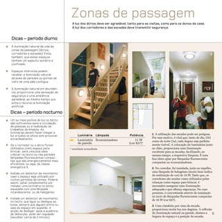 Zonas de passagem
                                       A luz dos átrios deve ser agradável, tanto para as visitas, como para os donos da casa.
                                       A luz dos corredores e das escadas deve transmitir segurança.


Dicas – período diurno
A iluminação natural dá vida às                                        1a
zonas de passagem (átrios,
corredores e escadas). Evita,                                                                   1b                                       2
também, que estes espaços
tenham um aspecto sombrio e
confinado.

Espaços interiores podem
receber a iluminação natural,
através de paredes ou portas de
vidro de uma sala contígua.

A iluminação natural em abundân-
cia, proporciona uma sensação de
segurança e uma ambiência
agradável, ao mesmo tempo que
evita o recurso à iluminação
artificial.

Dicas – período nocturno
Um ou mais pontos de luz no tecto,
são suficientes para a circulação
de pessoas ou a realização de
trabalhos de limpeza. As
luminárias devem fazer chegar a
                                           Luminária Lâmpada                 Potência      1. A utilização das escadas pode ser perigosa.
luz a todos os sítios sem provocar
encandeamento.                                                                             Por esse motivo, é vital que, tanto de dia, (1b)
                                           Luminária Economizadora              11 W       como de noite (1a), cada degrau seja perfeita-
                                           de parede                        (cor 827)*
Se o corredor ou o átrio forem                                                             mente visível. A colocação de luminárias junto
utilizados como espaço para          * tonalidade aconselhada                              ao chão, proporciona uma iluminação
brincar, será uma boa ideia                                                                excelente para as escadas, facilitando, ao
colocar no tecto ou nas paredes                                                            mesmo tempo, a respectiva limpeza. É uma
lâmpadas fluorescentes compac-                                                             boa ideia optar por lâmpadas fluorescentes
                                                                                    3
tas que são energeticamente mais
                                                                                           compactas ou economizadoras.
eficientes, ou seja, de classe
energética A.                                                                              2. No corredor, foi instalada, junto ao espelho,
                                                                                           uma lâmpada de halogéneo (muito bom índice
Instale um detector de movimento,
caso o espaço seja utilizado por                                                           de restituição de cor) de 10 W. Dado que, os
curtos períodos de tempo. Poderá,                                                          corredores são muitas vezes utilizados pelas
assim, optar simplesmente por                                                              crianças como espaço para brincar, é
instalar uma luminária no tecto                                                            necessário assegurar uma iluminação
equipada com uma lâmpada                                                                   adequada e que ofereça segurança. No caso
incandescente ou de halogéneo.                                                             presente, é concretizada através da instalação
                                                                                           no tecto de lâmpadas fluorescentes compactas
Instale um detector de movimento
                                                                                           de 16 W (cor 827).
no tecto, que ligue ou desligue as
luzes, sempre que alguém entre ou                                                          3. Uma clarabóia por cima da escada,
saia do espaço em questão. A
                                                                                           proporciona muita luz nos degraus. A reflexão
acção de desligar, após a ausência
de detecção, pode ser regulada                                                             da iluminação natural na parede, destaca a    9
(escolher cerca de 1 minuto).                                                              largura do espaço e a posição da escada.
 