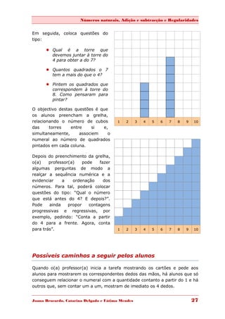 Números naturais, Adição e subtracção e Regularidades


Em seguida, coloca questões do
tipo:

       Qual é a torre que
        devemos juntar à torre do
        4 para obter a do 7?

       Quantos quadrados o 7
        tem a mais do que o 4?

       Pintem os quadrados que
        correspondem à torre do
        8. Como pensaram para
        pintar?

O objectivo destas questões é que
os alunos preencham a grelha,
relacionando o número de cubos          1   2      3   4   5   6   7   8   9   10
das     torres   entre     si  e,
simultaneamente,     associem    o
numeral ao número de quadrados
pintados em cada coluna.

Depois do preenchimento da grelha,
o(a)    professor(a)    pode    fazer
algumas perguntas de modo a
realçar a sequência numérica e a
evidenciar    a    ordenação      dos
números. Para tal, poderá colocar
questões do tipo: “Qual o número
que está antes do 4? E depois?”.
Pode    ainda    propor    contagens
progressivas e regressivas, por
exemplo, pedindo: “Conta a partir
do 4 para a frente. Agora, conta
para trás”.                             1   2      3   4   5   6   7   8   9   10




Possíveis caminhos a seguir pelos alunos

Quando o(a) professor(a) inicia a tarefa mostrando os cartões e pede aos
alunos para mostrarem os correspondentes dedos das mãos, há alunos que só
conseguem relacionar o numeral com a quantidade contanto a partir do 1 e há
outros que, sem contar um a um, mostram de imediato os 4 dedos.


Joana Brocardo, Catarina Delgado e Fátima Mendes                               27
 