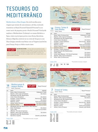 TESOUROS DO
MEDITERRÂNEO
Mediterrâneo e Ilhas Gregas. Em 2016 escolha entre
viagens que variam de uma semana a 48 dias, incluindo
itinerários no Royal Princess,® Emerald Princess,® ou no
nosso navio de pequeno porte o Pacific Princess.® Você pode
explorar o Mediterrâneo Ocidental e os mares Adriático e
Egeu; visite os principais portos como Roma, Barcelona,
Atenas e Nápoles; aventure-se na costa da Turquia ou nas
Ilhas Gregas; estenda suas férias com as Viagens Land & Sea
para França, Suíça ou Itália e muito mais.
Rome
(Civitavecchia)
Royal Princess - 14 Day Greece, Turkey and Italy Medley
(Rt from ROM)016_R2_CA
GREECE
MALTA
TURKEY
ITALY
Kusadasi
Istanbul
Messina
SICILY
CRETE
MykonosSantorini
Heraklion
Valletta
Naples
Athens
(Piraeus)
DIA PORTO DURAÇÃO
^
1 Roma, Itália (Civitavecchia) Embarque à Tarde
2 Nápoles, Itália (Capri & Pompeia) Dia Inteiro
3 Navegando pelo Mar Mediterrâneo
4 Creta, Grécia (Heraklion) Dia Inteiro
5 Kusadasi, Turquia (Ephesus) Parte do Dia - Manhã
6 Istambul, Turquia Dia Inteiro
7 Mykonos, Grécia Parte do Dia & Noite
8 Atenas, Grécia (Piraeus) Dia Inteiro & Noite
9 Santorini, Grécia Dia Inteiro & Noite
10 Kusadasi, Turquia (Ephesus) Dia Inteiro
11 Navegando pelo Mar Mediterrâneo
12 Valeta, Malta Dia Inteiro
13 Sicília, Itália (Messina – Mt. Etna & Taormina) Dia Inteiro
14 Nápoles, Itália (Capri & Pompeia) Dia Inteiro
15 Roma, Itália (Civitavecchia) Desemb. pela Manhã
14Noites
Greece, Turkey &
Italy Medley
Roma / Roma
Royal Princess®
Saídas 2016 ^Para detalhes de duração, ver pág 69.
Jun 4 Sáb
Jul 23 Sáb
Set 10 Sáb
DESCUBRA MAIS EM TERRA! — A Princess® sabe que uma experiência de viagem
imersiva é importante para os nossos hóspedes, e é por isso que nós criamos nossos
itinerários cuidadosamente para dar-lhe mais oportunidades de experimentar a cor, a
cultura e sabores da região. Com escalas que podem ser partidas mais tarde (21:00h ou mais tarde), ou um
pernoite, ou uma experiência de 2 dias, você pode ver as paisagens durante o dia e, em seguida, conhecer a vida
noturna dos destinos selecionados.
MAIS TEMPO
EM TERRA!
Royal Princess
7 Day Greek & Turkey (ROM-ATH) 016_R1_CA
ITALY
GREECE
TURKEY
CRETE
Heraklion
Kusadasi
Mykonos
Naples
Istanbul
Rome
(Civitavecchia)
Mediterranean Sea
Athens
(Piraeus)
7Noites
Greece & Turkey
Roma / Atenas
Royal Princess®
DIA PORTO DURAÇÃO^
1 Roma, Itália (Civitavecchia) Embarque à Tarde
2 Nápoles, Itália (Capri & Pompeia) Dia Inteiro
3 Navegando pelo Mar Mediterrâneo
4 Creta, Grécia (Heraklion) Dia Inteiro
5 Kusadasi, Turquia (Ephesus) Parte do Dia - Manhã
6 Istambul, Turquia Dia Inteiro
7 Mykonos, Grécia Parte do Dia & Noite
8 Atenas, Grécia (Piraeus) Desemb. pela Manhã
Saídas 2016 ^Para detalhes de duração, ver pág 69.
Mai 14 Sáb
Jun 4 Sáb
Jul 2 Sáb
Jul 23 Sáb
Ago 20 Sáb
Set 10 Sáb
Adicione uma viagem Land & Sea a este cruzeiro.
Saídas 2016 ^Para detalhes de duração, ver pág 69.
Mai 14 Sáb
Jul 2 Sáb
Ago 20 Sáb
DIA PORTO DURAÇÃO^
1 Roma, Itália (Civitavecchia) Embarque à Tarde
2 Nápoles, Itália (Capri & Pompeia) Dia Inteiro
3 Navegando pelo Mar Mediterrâneo
4 Creta, Grécia (Heraklion) Dia Inteiro
5 Kusadasi, Turquia (Ephesus) Parte do Dia - Manhã
6 Istambul, Turquia Dia Inteiro
7 Mykonos, Grécia Parte do Dia & Noite
8 Atenas, Grécia (Piraeus) Dia Inteiro & Noite
9 Santorini, Grécia Dia Inteiro & Noite
10 Navegando pelo Mar Mediterrâneo e Mar Adriático
11 Kotor, Montenegro Dia Inteiro
12 Sicília, Itália
(Messina – Mt. Etna & Taormina)
Parte do Dia & Noite
13 Nápoles, Itália (Capri & Pompeia) Dia Inteiro
14 Navegando pelo Mar Mediterrâneo
15 Barcelona, Espanha Desemb. pela Manhã
14Noites
Mediterranean &
Aegean Medley
Roma / Barcelona
Royal Princess®
Rome
(Civitavecchia)
Barcelona
Royal Princess - 14 Day Mediterranean & Aegean Medley
(ROM to BAR)016_R2_CA_eps
GREECE
TURKEY
ITALY
MONTENEGRO
SPAIN
Kusadasi
Istanbul
Messina
SICILY
CRETE
Mykonos
Santorini
Heraklion
Naples
Kotor
Athens
(Piraeus)
MAIS TEMPO
EM TERRA!
PARTIDA MAIS TARDE
PARTIDA MAIS TARDE
MAIS TEMPO
EM TERRA!
 