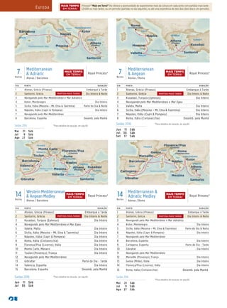 Europa
7Noites
Mediterranean
& Adriatic
Atenas / Barcelona
Royal Princess®
Mediterranean Sea
Royal Princess
7 Day Med & Adriatic (ATH-BCN) 016_R3_CA_eps
ITALY
GREECE
MONTENEGRO
Barcelona
Santorini
SPAIN
Kotor
Naples
Adriatic
Sea
Athens
(Piraeus)
SICILY
Messina
DIA PORTO DURAÇÃO^
1 Atenas, Grécia (Piraeus) Embarque à Tarde
2 Santorini, Grécia Dia Inteiro & Noite
3 Navegando pelo Mar Mediterrâneo e Mar Adriático
4 Kotor, Montenegro Dia Inteiro
5 Sicília, Itália (Messina – Mt. Etna & Taormina) Parte do Dia & Noite
6 Nápoles, Itália (Capri & Pompeia) Dia Inteiro
7 Navegando pelo Mar Mediterrâneo
8 Barcelona, Espanha Desemb. pela Manhã
Saídas 2016 ^Para detalhes de duração, ver pág 69.
Mai 21 Sáb
Jul 9 Sáb
Ago 27 Sáb
7Noites
Mediterranean
& Aegean
Atenas / Roma
Royal Princess®
DIA PORTO DURAÇÃO^
1 Atenas, Grécia (Piraeus) Embarque à Tarde
2 Santorini, Grécia Dia Inteiro & Noite
3 Kusadasi, Turquia (Ephesus) Dia Inteiro
4 Navegando pelo Mar Mediterrâneo e Mar Egeu
5 Valeta, Malta Dia Inteiro
6 Sicília, Itália (Messina – Mt. Etna & Taormina) Dia Inteiro
7 Nápoles, Itália (Capri & Pompeia) Dia Inteiro
8 Roma, Itália (Civitavecchia) Desemb. pela Manhã
Saídas 2016 ^Para detalhes de duração, ver pág 69.
Jun 11 Sáb
Jul 30 Sáb
Set 17 Sáb
Royal Princess
7 Day Med & Aegean (ATH-ROM) 016_R2_CA
ITALY
MALTA
GREECE
TURKEY
Kusadasi
SantoriniValletta
Naples
Rome
(Civitavecchia)
Mediterranean
Sea
Athens
(Piraeus)
SICILY
Messina
14Noites
Western Mediterranean
& Aegean Medley
Atenas / Barcelona
Royal Princess®
DIA PORTO DURAÇÃO^
1 Atenas, Grécia (Piraeus) Embarque à Tarde
2 Santorini, Grécia Dia Inteiro & Noite
3 Kusadasi, Turquia (Ephesus) Dia Inteiro
4 Navegando pelo Mar Mediterrâneo e Mar Egeu
5 Valeta, Malta Dia Inteiro
6 Sicília, Itália (Messina – Mt. Etna & Taormina) Dia Inteiro
7 Nápoles, Itália (Capri & Pompeia) Dia Inteiro
8 Roma, Itália (Civitavecchia) Dia Inteiro
9 Florença/Pisa (Livorno), Itália Dia Inteiro
10 Monte Carlo, Monaco Dia Inteiro
11 Toulon (Provença), França Dia Inteiro
12 Navegando pelo Mar Mediterrâneo
13 Gibraltar Parte do Dia - Tarde
14 Valencia, Espanha Dia Inteiro
15 Barcelona, Espanha Desemb. pela Manhã
Saídas 2016 ^Para detalhes de duração, ver pág 69.
Jun 11 Sáb
Jul 30 Sáb
14Noites
Mediterranean &
Adriatic Medley
Atenas / Roma
Royal Princess®
DIA PORTO DURAÇÃO^
1 Atenas, Grécia (Piraeus) Embarque à Tarde
2 Santorini, Grécia Dia Inteiro & Noite
3 Navegando pelo Mar Mediterrâneo e Mar Adriático
4 Kotor, Montenegro Dia Inteiro
5 Sicília, Itália (Messina – Mt. Etna & Taormina) Parte do Dia & Noite
6 Nápoles, Itália (Capri & Pompeia) Dia Inteiro
7 Navegando pelo Mar Mediterrâneo
8 Barcelona, Espanha Dia Inteiro
9 Cartagena, Espanha Parte do Dia - Tarde
10 Gibraltar Dia Inteiro
11 Navegando pelo Mar Mediterrâneo
12 Marseille (Provença), França Dia Inteiro
13 Genoa (Milão), Itália Dia Inteiro
14 Florença/Pisa (Livorno), Itália Dia Inteiro
15 Roma, Itália (Civitavecchia) Desemb. pela Manhã
Saídas 2016
^Para detalhes de duração, ver pág 69.
Mai 21 Sáb
Jul 9 Sáb
Ago 27 Sáb
Rome
(Civitavecchia)
Florence/Pisa
(Livorno)
Royal Princess
14 Day West Mediterranean & Aegean Medley
(ATH to BAR)016_R3_CA_eps
GREECE
TURKEY
ITALY
SPAIN
Kusadasi
Toulon
Messina
SICILY
Valletta MALTA
Santorini
Monte Carlo
Naples
Mediterranean
Sea
Aegean
Sea
Barcelona
Gibraltar
Valencia
FRANCE
MONACO
Athens
(Piraeus)
Rome
(Civitavecchia)
Royal Princess_14 Day Mediterranean & Adriatic Medley
(ATH to ROM)016_R3_CA_eps
GREECE
MONTENEGRO
ITALY
SPAIN
FRANCE
Genoa
Marseille
Messina
Barcelona
Cartagena
Gibraltar
SICILY
Santorini
Kotor
Naples
Florence/Pisa
(Livorno)
Athens
(Piraeus)
Mediterranean Sea
Adriatic
Sea
MAIS TEMPO
EM TERRA!
MAIS TEMPO
EM TERRA!
MAIS TEMPO
EM TERRA!
MAIS TEMPO
EM TERRA!
PARTIDA MAIS TARDE
PARTIDA MAIS TARDE PARTIDA MAIS TARDE
PARTIDA MAIS TARDE
Princess® “Mais em Terra!” lhe oferece a oportunidade de experimentar mais da cultura em cada porto com partidas mais tarde
(21:00h ou mais tarde), ou um pernoite (partidas no dia seguinte), ou até uma experiência de dois dias (dois dias e um pernoite).
MAIS TEMPO
EM TERRA!
 