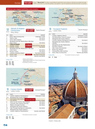 Saída 2016 ^Para detalhes de duração, ver pág 69.
Set 11 Dom
11Noites
European Explorer
Londres / Roma
Pacific Princess®
DIA PORTO DURAÇÃO^
1 Londres, Inglaterra (Dover) Embarque à Tarde
2 Paris/Normandy, França (Le Havre) Dia Inteiro & Noite
3 Navegando pelo Oceano Atlântico
4 Corunha, Espanha (Santiago de Compostela) Dia Inteiro
5 Navegando pelo Oceano Atlântico
6 Gibraltar Dia Inteiro
7 Navegando pelo Mar Mediterrâneo
8 Barcelona, Espanha Dia Inteiro & Noite
9 Sète, França (Carcassonne) Dia Inteiro
10 Monte Carlo, Monaco Dia Inteiro
11 Florença/Pisa, Itália (Livorno) Dia Inteiro
12 Roma, Itália (Civitavecchia) Desemb. pela Manhã
Pacific Princess
11 Day European Explorer (r/t Dover)016_R3_CA
Mediterranean Sea
Atlantic
Ocean
ITALY
MONACO
FRANCE
ENGLAND
SPAIN
Gibraltar
Barcelona
Sète
Monte
Carlo
Florence/Pisa
(Livorno)
London
(Dover)
Rome
(Civitavecchia)
La Coruña
Paris/Normandy
(Le Havre)
11Noites
Canary Islands
Londres / Londres
Emerald Princess®
DIA PORTO DURAÇÃO^
1 Londres, Inglaterra (Southampton) Embarque à Tarde
2–4 Navegando pelo Oceano Atlântico
5 Gran Canária, Ilhas Canárias
(Las Palmas) Dia Inteiro & Noite
6 Santa Cruz de Tenerife, Ilhas Canárias Dia Inteiro
7 Lanzarote, Ilhas Canárias (Arrecife) Dia Inteiro
8 Madeira, Portugal (Funchal) Dia Inteiro
9 Navegando pelo Oceano Atlântico
10 Vigo, Portugal (Santiago de Compostela) Dia Inteiro
11 Navegando pelo Oceano Atlântico
12 Londres, Inglaterra (Southampton) Desemb. pela Manhã
Saídas 2016 ^Para detalhes de duração, ver pág 69.
Abr 26 Ter
Set 17 Sáb
ENGLAND
SPAIN
PORTUGAL
Atlantic Ocean
Santa Cruz
de Tenerife
Funchal
Emerald Princess_11 Day Canary Islands 016_R1_CA
Vigo
MADEIRA
CANARY ISLANDS
Lanzarote
(Arrecife)
Gran Canaria
(Las Palmas)
London
(Southampton)
Saídas 2016 † Nápoles substitui Salerno.
* Itinerário opera em sentido iverso. Dubrovnik substitui Korčula;
Nápoles substitui Salerno.
^Para detalhes de duração, ver pág 69.Set 22 Qui
Out 28† Sex
Nov 21* Seg
12Noites
Adriatic & Aegean
Connoisseur
Roma / Veneza
Pacific Princess®
DIA PORTO DURAÇÃO^
1 Roma, Itália (Civitavecchia) Embarque à Tarde
2 Salerno, Itália Dia Inteiro
3 Sicília, Itália (Catânia) Dia Inteiro
4 Navegando pelo Mar Mediterrâneo e Mar Egeu
5 Khios, Grécia Dia Inteiro
6
7
2-Dias em Istambul
Istambul, Turquia
Istambul, Turquia
Parte do Dia & Pernoite
Dia Inteiro
8 Navegando pelo Mar Mediterrâneo e Mar Egeu
9 Corfu, Grécia Dia Inteiro
10 Korčula, Croácia Dia Inteiro
11 Liubliana, Eslovênia (Koper) Dia Inteiro & Noite
12 Veneza, Itália Dia Inteiro & Pernoite
13 Veneza, Itália Desemb. pela Manhã
PERNOITE
Pacific Princess_12 Day Adriatic & Aegean Connoisseur
(ROM to VEN)(Mini Brochure)(v2)016_R1_CA
Mediterranean Sea
Aegean
Sea
Adriatic
Sea
ITALY
GREECE
SICILY
SLOVENIA
CROATIA
TURKEY
Khios
Corfu
Korcula
Dubrovnik
Venice
Salerno
Naples
Catania
Rome
(Civitavecchia)
Ljubljana
(Koper)
Istanbul
Overnights in
Istanbul and Venice
Adicione uma viagem Land & Sea a este cruzeiro.
DE EXPERIÊNCIA
2-DIAS
Il Duomo — Florença, Itália
MAIS TEMPO
EM TERRA!
MAIS TEMPO
EM TERRA!
PARTIDA MAIS TARDE
Europa Princess® “Mais em Terra!” lhe oferece a oportunidade de experimentar mais da cultura em cada porto com partidas mais tarde
(21:00h ou mais tarde), ou um pernoite (partidas no dia seguinte), ou até uma experiência de dois dias (dois dias e um pernoite).
MAIS TEMPO
EM TERRA!
 