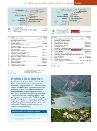 25
Ilhas Britânicas, Escandinávia, Rússia & Norte da Europa Europa
DIA PORTO DURAÇÃO^
1 Londres, Inglaterra (Dover) Embarque à Tarde
2 Navegando pelo Mar do Norte
3 Bergen, Noruega Dia Inteiro
4 Hellesylt, Noruega
Cruzeiro Cênico pelo Fiorde Geiranger
Geiranger, Noruega
Chamada*
Parte do Dia - Tarde
5 Navegando pelo Mar da Noruega (Círculo Polar Ártico)
6 Tromsø, Noruega Dia Inteiro
7 Navegando pelo Oceano Ártico
8 Longyearbyen, Noruega (Spitsbergen) Dia Inteiro
9 Navegando pelo Oceano Ártico
10 Honningsvåg, Noruega (Cabo Norte) Dia Inteiro
11 Navegando pelo Mar da Noruega (Círculo Polar Ártico)
12 Trondheim, Noruega Dia Inteiro
13 Ålesund, Noruega Dia Inteiro
14 Skjolden/Sognefjord, Noruega Dia Inteiro
15 Haugesund, Noruega Dia Inteiro
16 Navegando pelo Mar do Norte
17 Londres, Inglaterra (Dover) Desemb. pela Manhã
Pacific Princess
16 Day Midnight Sun & Summer Solstice016_R2_CA
NORWAY
ENGLAND
Arctic Ocean
Arctic Circle
Bergen
Haugesund
Honningsvåg
Trondheim
SPITSBERGEN
Longyearbyen
Geiranger Fjord
Scenic cruising
London
(Dover)
Hellesylt/Geiranger
Tromsø
Atlantic
Ocean
Ålesund
Skjolden/Sognefjord
16Noites
Midnight Sun,
Summer Solstice & Spitsbergen
Londres/Londres
Pacific
Princess®
Saída 2016 *Chamada pela manhã para a Excursão terrestre
opcional ao Fiorde Geiranger.
^Para detalhes de duração, ver pág 69.Jun 15 Qua
DIA PORTO DURAÇÃO^
1 Londres, Inglaterra (Southampton) Embarque à Tarde
2 Navegando pelo Mar do Norte
3 Stavanger, Noruega Dia Inteiro
4 Flåm/Sognefjord, Noruega Dia Inteiro
5 Olden/Nordfjord, Noruega Dia Inteiro
6 Trondheim, Noruega Dia Inteiro
7 Navegando pelo Mar da Noruega (Círculo Polar Ártico)
8 Honningsvåg, Noruega (Cabo Norte) Dia Inteiro & Noite
9 Tromsø, Noruega Dia Inteiro
10 Ilhas Lofoten, Noruega (Gravdal) Dia Inteiro
11 Navegando pelo Mar da Noruega (Círculo Polar Ártico)
12 Ålesund, Noruega Dia Inteiro
13 Bergen, Noruega Parte do Dia - Manhã
14 Navegando pelo Mar do Norte
15 Londres, Inglaterra (Southampton) Desemb. pela Manhã
14Noites
Midnight Sun &
Summer Solstice
Londres/Londres
Emerald Princess®
Emerald Princess
14 Day North Cape & Summer Solstice 016_R2_CA
NORWAY
ENGLAND
Arctic Ocean
Atlantic
Ocean
Arctic Circle
Bergen
Honningsvåg
Trondheim
Ålesund
Flåm/Sognefjord
Olden/Nordfjord
London
(Southampton)
Lofoten Islands
(Gravdal)
Stavanger
Tromsø
Saída 2016 ^Para detalhes de duração, ver pág 69.
Jun 18 Sáb
Seguindo o Sol da Meia-Noite
No verão distante do norte, dentro do Círculo Polar
Ártico, o sol afunda em direção ao horizonte, mas
nunca se põe completamente. Esta é conhecida como a
Terra do Sol da Meia-Noite, incrível e brilhante como
no solstício de verão - o dia mais longo do ano. Na
Escandinávia e em outras regiões do norte, o Sol da
Meia-Noite é reconhecido com o Festival Midsommer
— celebrações baseadas em antigas tradições pagãs -
que marcam o solstício de verão. Você pode navegar
com a Princess para o topo do mundo em uma das duas
viagens para experimentar o Sol da Meia-Noite. Ou,
simplesmente junte-se à folia do Festival Midsommer
comemorado a bordo de qualquer um dos nossos
cruzeiros do norte da Europa.
Fiorde Geiranger – Noruega
Os seguintes cruzeiros de Solstício de Verão estão disponíveis:
Jun15 16-noites Midnight Sun & Summer Solstice & Spitsbergen – Pacific Princess®
(Apresentado acima)
Jun18 14-noites Midnight Sun & Summer Solstice – Emerald Princess®
(Apresentado acima)
MAIS TEMPO
EM TERRA!
PARTIDA MAIS TARDE
 