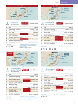 37
Japão Exóticos
DIA PORTO DURAÇÃO^
1 Tóquio, Japão (Yokohama) Embarque à Tarde
2 Navegando pelo Oceano Pacífico
3 Kushiro, Japão Parte do Dia - Manhã
4 Península de Shiretoko Tarde - Cruzeiro Cênico
5 Korsakov, Rússia (Yuzhno-Sakhalinsk) Dia Inteiro
6 Otaru, Japão Dia Inteiro & Noite
7 Hakodate, Japão Dia Inteiro & Noite
8 Aomori, Japão Dia Inteiro & Noite
9 Navegando pelo Oceano Pacífico
10 Tóquio, Japão (Yokohama) Desemb. pela Manhã
DIA PORTO DURAÇÃO^
1 Tóquio, Japão (Yokohama) Embarque à Tarde
2 Navegando pelo Oceano Pacífico
3 Akita, Japão (Kanto Festival) Dia Inteiro & Noite
4 Aomori, Japão (Nebuta Festival) Dia Inteiro & Noite
5 Navegando pelo Oceano Pacífico
6 Sakaiminato, Japão Dia Inteiro
7 Busan, Coreia do Sul Dia Inteiro
8 Estreitos de Kanmon Manhã - Cruzeiro Cênico
9 Kochi, Japão (Yosakoi Festival) Dia Inteiro & Noite
10
Tokushima, Japão
(Awa Dance Festival)
Dia Inteiro & Noite
11 Navegando pelo Oceano Pacífico
12 Tóquio, Japão (Yokohama) Desemb. pela Manhã
9Noites
Circle Hokkaido
Ida e volta de Tóquio
Diamond Princess®Diamond Princess_9 Day Hokkaido_016_R2_CA_eps
JAPAN
Paciﬁc Ocean
Hakodate
RUSSIA
Otaru
Aomori
Korsakov
Kushiro
Shiretoko
Peninsula
Scenic cruising
Tokyo
(Yokohama)
HOKKAIDO
Adicione uma viagem Land & Sea a este cruzeiro.
11Noites
Circle Japan with
Summer Festivals
Ida e volta de Tóquio
Diamond Princess®
Diamond Princess
11 Day Circle Japan with Summer Festivals 016_R3_CA_eps
JAPAN
SOUTH KOREA
Busan
Akita
(for Kanto Festival)
Aomori
(for Nebuta Festival)
Kochi
(for Yosakoi Festival)
Tokushima
(for Awa Dance Festival)
Sakaiminato
Kanmon
Straits
Scenic cruising
Paciﬁc
Ocean
Tokyo
(Yokohama)
DIA PORTO DURAÇÃO^
1 Kobe, Japão Embarque à Tarde
2 Navegando pelo Oceano Pacífico
3 Hakodate, Japão Parte do Dia & Noite
4 Muroran, Japão Dia Inteiro
5 Kushiro, Japão Parte do Dia - Manhã
6 Península de Shiretoko Tarde - Cruzeiro Cênico
7 Korsakov, Rússia (Yuzhno-Sakhalinsk) Dia Inteiro
8 Otaru, Japão Dia Inteiro & Noite
9 Aomori, Japão Parte do Dia & Noite
10–11 Navegando pelo Oceano Pacífico
12 Kobe, Japão Desemb. pela Manhã
11Noites
Circle Hokkaido
Ida e volta de Kobe
Diamond Princess®
Diamond Princess_11 Day Hokkaido_016_R2_CA_eps
Kobe
JAPAN
Paciﬁc Ocean
Hakodate
RUSSIA
Otaru
Aomori
Muroran
Korsakov
Kushiro
Shiretoko
Peninsula
Scenic cruisingHOKKAIDO
Saídas 2016 Combine esta viagem com o cruzeiro Kyushu &
Korea with Kumano Fireworks Festival em 15/8/16 de 9
noites para um cruzeiro de 20 noites.
^Para detalhes da duração, ver página 69.
Ago 4 Qui
Saídas
Festivas
DIA PORTO DURAÇÃO^
1 Tóquio, Japão (Yokohama) Embarque à Tarde
2 Shimizu, Japão Dia Inteiro
3 Kochi, Japão Dia Inteiro
4 Nagasaki, Japão Parte do Dia & Noite
5 Busan, Coreia do Sul Dia Inteiro
6 Navegando pelo Oceano Pacífico
7 Hakodate, Japão Dia Inteiro & Noite
8 Navegando pelo Oceano Pacífico
9 Tóquio, Japão (Yokohama) Desemb. pela Manhã
8Noites
Circle Japan
Ida e volta de Tóquio
Diamond Princess®
Diamond Princess_8 Day Circle Japan_016_R1_CA_eps
JAPAN
Paciﬁc
Ocean
Tokyo
(Yokohama)
SOUTH
KOREA
Busan
Shimizu
Hakodate
Nagasaki
Kochi
Saídas 2016 Combine esta viagem com o cruzeiro Hokkaido with
Nebuta Festival em 25/7/16 de 10 noites para um
cruzeiro de 18 noites.
^Para detalhes da duração, ver página 69.
Jul 17 Dom
Saídas 2016 ^Para detalhes da duração, ver página 69.
Mai 30 Seg
Adicione uma viagem Land & Sea a este cruzeiro.
Saídas 2016 * A ordem os portos pode variar.
^Para detalhes da duração, ver página 69.
Jun 24 Sex
Jul 8 Sex
Ago 31 Qua
Set 25* Dom
MAIS TEMPO
EM TERRA!
MAIS TEMPO
EM TERRA!
MAIS TEMPO
EM TERRA!
MAIS TEMPO
EM TERRA!
PARTIDA MAIS TARDE
PARTIDA MAIS TARDE
PARTIDA MAIS TARDE
PARTIDA MAIS TARDE
PARTIDA MAIS TARDE
PARTIDA MAIS TARDE
PARTIDA MAIS TARDE
PARTIDA MAIS TARDE
PARTIDA MAIS TARDE
PARTIDA MAIS TARDE
PARTIDA MAIS TARDE
PARTIDA MAIS TARDE
 