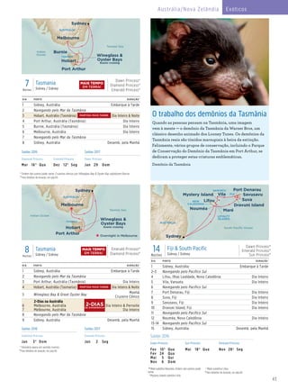 43
Austrália/Nova Zelândia Exóticos
8Noites
Tasmania
Sidney / Sidney
Emerald Princess®
Diamond Princess®
DIA PORTO DURAÇÃO^
1 Sidney, Austrália Embarque à Tarde
2 Navegando pelo Mar da Tasmânia
3 Port Arthur, Austrália (Tasmânia) Dia Inteiro
4 Hobart, Austrália (Tasmania) Dia Inteiro & Noite
5 Wineglass Bay & Great Oyster Bay
Manhã
Cruzeiro Cênico
6
7
2-Dias na Austrália
Melbourne, Austrália
Melbourne, Austrália
Dia Inteiro & Pernoite
Dia Inteiro
8 Navegando pelo Mar da Tasmânia
9 Sidney, Austrália Desemb. pela Manhã
Tasman Sea
Indian Ocean
Melbourne
Sydney
Port Arthur
Hobart
Emerald Princess_8 Day Tasmania 016_R1_CA_eps
TASMANIA
Wineglass &
Oyster Bays
Scenic cruising
AUSTRALIA
Overnight in Melbourne
7Noites
Tasmania
Sidney / Sidney
Dawn Princess®
Diamond Princess®
Emerald Princess®
DIA PORTO DURAÇÃO^
1 Sidney, Austrália Embarque à Tarde
2 Navegando pelo Mar da Tasmânia
3 Hobart, Austrália (Tasmânia) Dia Inteiro & Noite
4 Port Arthur, Austrália (Tasmânia) Dia Inteiro
5 Burnie, Austrália (Tasmânia) Dia Inteiro
6 Melbourne, Austrália Dia Inteiro
7 Navegando pelo Mar da Tasmânia
8 Sidney, Austrália Desemb. pela Manhã
Tasman Sea
Indian
Ocean
Melbourne
Sydney
Port Arthur
Hobart
Burnie
Dawn Princess_7 Day Tasmania 016_R2_Mini Brochure_eps
TASMANIA
AUSTRALIA
Wineglass &
Oyster Bays
Scenic cruising
Saídas 2016 Saídas 2017
Diamond Princess Emerald Princess Dawn Princess
Mar 16* Qua Dez 12* Seg Jan 29 Dom
Saídas 2016 Saídas 2017
Diamond Princess Emerald Princess
Jan 3* Dom Jan 2 Seg
* Ordem dos portos pode variar. Cruzeiros cênicos por Wineglass Bay & Oyster Bay substituem Burnie.
^Para detalhes de duração, ver pág 69.
* Itinerário opera em sentido inverso.
^Para detalhes de duração, ver pág 69.
PARTIDA MAIS TARDE
PARTIDA MAIS TARDE
MAIS TEMPO
EM TERRA!
MAIS TEMPO
EM TERRA!
DE EXPERIÊNCIA
2-DIAS
14Noites
Fiji & South Pacific
Sidney / Sidney
Dawn Princess®
Emerald Princess®
Sun Princess®
DIA PORTO DURAÇÃO^
1 Sidney, Austrália Embarque à Tarde
2–3 Navegando pelo Pacífico Sul
4 Lifou, Ilhas Lealdade, Nova Caledônia Dia Inteiro
5 Vila, Vanuatu Dia Inteiro
6 Navegando pelo Pacífico Sul
7 Port Denarau, Fiji Dia Inteiro
8 Suva, Fiji Dia Inteiro
9 Savusavu, Fiji Dia Inteiro
10 Dravuni Island, Fiji Dia Inteiro
11 Navegando pelo Pacífico Sul
12 Nouméa, Nova Caledônia Dia Inteiro
13–14 Navegando pelo Pacífico Sul
15 Sidney, Austrália Desemb. pela Manhã
Saídas 2016
Dawn Princess Sun Princess Emerald Princess
Fev 10♦
Qua
Fev 24 Qua
Mai 5 Qui
Nov 6 Dom
Mai 18* Qua Nov 28† Seg
FIJI
Emerald/Sun/Dawn Princess
14 Day Fiji and South Pacific 016_R1_CA_eps
Sydney
AUSTRALIA
NEW
CALEDONIA
LOYALTY
ISLANDS
VANUATU
Nouméa Maré
Suva
Savusavu
Dravuni Island
Mystery Island
Port Denarau
Vila
Lifou
South Paciﬁc Ocean
♦
Maré substitui Nouméa. Ordem dos portos pode
variar. 
* Mystery Island substitui Vila.
† Maré substitui Lifou.
^Para detalhes de duração, ver pág 69.
O trabalho dos demônios da Tasmânia
Quando as pessoas pensam na Tasmânia, uma imagem
vem à mente — o demônio da Tasmânia da Warner Bros, um
clássico desenho animado dos Looney Tunes. Os demônios da
Tasmânia reais são tímidos marsupiais à beira da extinção.
Felizmente, vários grupos de conservação, incluindo o Parque
de Conservação do Demônio da Tasmânia em Port Arthur, se
dedicam a proteger estas criaturas emblemáticas.
Demônio da Tasmânia
 