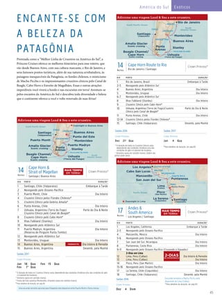 45
América do Sul Exóticos
Saídas 2016 Saídas 2017
Crown Princess Crown Princess
Dez 21† Qua Jan 4 Qua
ARGENTINA
CHILE
URUGUAY
South Paciﬁc Ocean
South
Atlantic Ocean
Punta
Arenas
Stanley
Buenos Aires
Montevideo
Santiago
(Valparaiso)
Ushuaia
(Tierra del Fuego)
Crown Princess
14 Day Cape Horn (Rio-Vap)_016_R4_CA_eps
FALKLAND ISLANDS
BRAZIL
Rio de Janeiro
Beagle Channel/
Cape Horn
Scenic cruising
Amalia Glacier
Scenic cruising
14Noites
Cape Horn Route to Rio
Rio de Janeiro / Santiago
Crown Princess®
DIA PORTO DURAÇÃO^
1 Rio de Janeiro, Brasil Embarque à Tarde
2–3 Navegando pelo Atlântico Sul
4 Buenos Aires, Argentina Dia Inteiro
5 Montevidéu, Uruguai Dia Inteiro
6–7 Navegando pelo Atlântico Sul
8 Ilhas Falkland (Stanley) Dia Inteiro
9 Cruzeiro Cênico pelo Cabo Horn°
10 Ushuaia, Argentina (Terra do Fogo)Cruzeiro
Cênico pelo Canal de Beagle°
Parte do Dia & Noite
11 Punta Arenas, Chile Dia Inteiro
12–14 Cruzeiro Cênico pelos Fiordes Chilenos°
15 Santiago, Chile (Valparaiso) Desemb. pela Manhã
Adicione uma viagem Land & Sea a este cruzeiro.
° A duração de todos os Cruzeiros Cênicos varia,
dependendo das condições climáticas e/ou das
condições do gelo e é passível de mudança.
† Itinerário opera em sentido inverso. Ordem dos
portos pode variar.
^Para detalhes de duração, ver pág 69.
ARGENTINA
CHILE
URUGUAY
South Paciﬁc Ocean
South
Atlantic Ocean
Punta
Arenas Stanley
Montevideo
Punta del Este
Puerto Madryn
Buenos Aires
Puerto Montt
Santiago
(Valparaiso)
Ushuaia
(Tierra del Fuego)
Crown Princess
14 Day Cape Horn (Val-Buenos Aires)_016_R2_Mini Brochure_eps
FALKLAND ISLANDS
Amalia Glacier
Scenic cruising
Beagle Channel/
Cape Horn
Scenic cruising
Overnight in Buenos Aires
14Noites
Cape Horn &
Strait of Magellan
Santiago / Buenos Aires
Crown Princess®
Adicione uma viagem Land & Sea a este cruzeiro.
Saídas 2017
Crown Princess
Jan 18 Qua
Fev 1* Qua
Fev 15 Qua
DIA PORTO DURAÇÃO^
1 Santiago, Chile (Valparaiso) Embarque à Tarde
2 Navegando pelo Oceano Pacífico
3 Puerto Montt, Chile Dia Inteiro
4 Cruzeiro Cênico pelos Fiordes Chilenos°
5 Cruzeiro Cênico pela Geleira Amalia°
6 Punta Arenas, Chile Dia Inteiro
7 Ushuaia, Argentina (Terra do Fogo)
Cruzeiro Cênico pelo Canal de Beagle°
Parte do Dia & Noite
8 Cruzeiro Cênico pelo Cabo Horn°
9 Ilhas Falkland (Stanley) Dia Inteiro
10 Navegando pelo Atlântico Sul
11 Puerto Madryn, Argentina
(Reserva de Pinguim Punta Tombo)
Dia Inteiro
12 Navegando pelo Atlântico Sul
13 Montevidéu, Uruguai Dia Inteiro
14 Buenos Aires, Argentina Dia Inteiro & Pernoite
15 Buenos Aires, Argentina Desemb. pela Manhã
PERNOITE
° A duração de todos os Cruzeiros Cênicos varia, dependendo das condições climáticas e/ou das condições do gelo
e é passível de mudança.
† Itinerário opera em sentido inverso.
* Punta del Este substitui Montevidéu. Itinerário opera em sentido inverso.
^Para detalhes de duração, ver pág 69.
Uma excursão terrestre opcional para Patagônia está disponível entre Puerto Montt e Punta Arenas.
MAIS TEMPO
EM TERRA!
Saídas 2016 Excursão terrestre a Machu Picchu está
disponível de Lima (Callao).
^Para detalhes de duração, ver pág 69.Crown Princess
Dez 4 Dom
DIA PORTO DURAÇÃO^
1 Los Angeles, Califórnia Embarque à Tarde
2–3 Navegando pelo Oceano Pacífico
4 Manzanillo, México Dia Inteiro
5–6 Navegando pelo Oceano Pacífico
7 San Juan del Sur, Nicarágua Dia Inteiro
8 Puntarenas, Costa Rica Dia Inteiro
9–11 Navegando pelo Oceano Pacífico (Cruzando o Equador)
12
13
2-Dias em Lima
Lima, Peru (Callao)
Lima, Peru (Callao)
Dia Inteiro & Pernoite
Dia Inteiro
14 Pisco, Peru (San Martín) Dia Inteiro
15–16 Navegando pelo Oceano Pacífico
17 La Serena, Chile (Coquimbo) Dia Inteiro
18 Santiago, Chile (Valparaiso) Desemb. pela Manhã
Paciﬁc Ocean
Santiago
(Valparaiso)
Crown Princess_17 Day Andes (LA-Santiago)016_R2_CA_eps
CHILE
COSTA RICA
NICARAGUA
UNITED STATES
PERU
MEXICO
Manzanillo
Cabo San Lucas
San Juan del Sur
Lima
(Callao)
Pisco
(San Martín)
Puntarenas
Los Angeles
La Serena
(Coquimbo)
Machu Picchu
Equator
Overnight in Lima
17Noites
Andes &
South America
Los Angeles / Santiago
Crown Princess®
Adicione uma viagem Land & Sea a este cruzeiro.
MAIS TEMPO
EM TERRA!
DE EXPERIÊNCIA
2-DIAS
ENCANTE-SE COM
A BELEZA DA
PATAGÔNIA
Premiada como a “Melhor Linha de Cruzeiros na América do Sul”, a
Princess Cruises oferece os melhores itinerários para esse roteiro, que
vão desde Buenos Aires, com sua cultura marcante, e Rio de Janeiro, e
seus famosos pontos turísticos, além de sua natureza arrebatadora, às
paisagens inesquecíveis da Patagônia, os fiordes chilenos, o misticismo
de Machu Picchu e os impressionantes cruzeiros cênicos pelo Canal de
Beagle, Cabo Horn e Estreito de Magalhães. Essas e outras atrações
imperdíveis você viverá a bordo e nas excursões em terra! Aventure-se
pelos encantos da América do Sul e descubra toda diversidade e beleza
que o continente oferece a você e volte renovado de suas férias!
 
