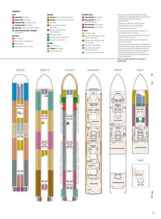 PolpaProa
61
3/10/12
StarPrincess
PlazaDeck5
Star-Plaza_5.eps
Lift Lift
Lift Lift
Gents
Ladies
Lift Lift
Capri Dining Room
Vines Bar
Lobby
Bar
Vines
Shop
175ft.fromBow510ft.fromStern
P214
P336
P334
P332
P328
P324
P320
P316
P314
P312
P310
P308
P306
P304
P302
P248
P246
P242
P238
P234
P230
P226
P222
P218
P202
P204
P206
P208
P210
P216
P244
P240
P236
P232
P228
P224
P220
P212
P251
P265
P263
P261
P259
P257
P255
P253
P249
P330
P326
P322
P318
P211
P337
P335
P333
P329
P325
P321
P317
P315
P311
P309
P307
P305
P303
P301
P247
P245
P241
P237
P233
P229
P225
P221
P217
P215
P243
P239
P235
P231
P227
P223
P219
P201
P203
P205
P207
P209
P331
P327
P323
P319
Princess
Fine Arts
Gallery
Lift Lift Lift Lift
Self Service
Laundromat
InternetCafé
Library
International
Café
The Piazza
Panoramic Lifts
Plaza 5
Lift Lift
Lift Lift
C324
C328
C332
C336
C404
C406
C408
C412
C416
C418
C323
C327
C331
C335
C403
C405
C407
C411
C417
C419
C512
C508
C516
C520
C524
C528
C532
C536
C507
C511
C517
C521
C525
C529
C533
C537
Panoramic
Lifts
C101
C103
C107
C201
C205
C209
C215
C219
C223
C227
C231
C235
C239
C243
C247
C251
C255
C259
C301
C303
C305
C307
C309
C311
C315
C317
C319
C321
C325
C329
C333
C501
C503
C505
C509
C515
C519
C523
C527
C531
C535
C601
C603
C605
C607
C609
C611
C615
C617
C619
C621
C623
C625
C627
C629
C631
C633
C701
C703
C705
C707
C709
C715
C719
C723
C727
C731
C735
C739
C743
C401
C409
C415
C421
C423
C425
C502
C504
C506
C510
C514
C518
C522
C526
C530
C534
C602
C604
C606
C608
C610
C612
C614
C616
C420
C422
C424
C306
C308
C310
C314
C316
C318
C320
C322
C326
C330
C334
C402
C410
C414
TortolaTrinidad
Dominica
Princess
Cays
BarbadosGrenada
CozumelCabo San
Lucas
Grand
Cayman
Curaçao
St.
Maarten
St. Kitts
Lift Lift Lift Lift
C106
C204
C208
C212
C216
C220
C224
C228
C232
C236
C248
C244
C240
C252
C105
C109
C203
C207
C211
C217
C221
C225
C229
C233
C237
C241
C245
C249
C253
C257
C102
C104
C108
C202
C206
C210
C214
C218
C222
C226
C230
C234
C238
C242
C246
C250
C254
C256
C302
C304
Self Service
Laundromat
Lift Lift Lift Lift
C753
C711
C717
C721
C725
C729
C733
C737
C741
C745
C747
C712
C716
C720
C724
C728
C732
C736
C740
C744
C746
C752
C618
C620
C622
C624
C626
C628
C630
C632
C702
C704
C706
C708
C710
C714
C718
C722
C726
C730
C734
C738
C742
C751C749C748C750
Mazatlan ArubaAcapulco
C312
MartiniqueMartinique
Caribe 10
D736 D737
St.
Thomas
St.
John
D504
D506
D510
D514
D518
D508
D512
D516
D520
D522
D503
D505
D509
D515
D519
D507
D511
D517
D521
D523
D526
D528
D530
D602
D604
D606
D525
D527
D529
D601
D603
D605
D608
D610
D612
D614
D616
D618
D607
D609
D611
D615
D617
D619
D620
D622
D624
D626
D628
D630
D632
D621
D623
D625
D627
D629
D631
Lift Lift
Lift Lift
D324
D326
D328
D330
D332
D402
D321
D323
D325
D327
D329
D401
D404
D406
D408
D410
D412
D414
D403
D405
D407
D409
D411
D415
D416
D418
D420
D422
D424
D502
D417
D419
D421
D423
D425
D501
D214
D216
D218
D220
D222
D224
D215
D217
D219
D221
D223
D225
D308
D310
D314
D316
D320
D322
D307
D309
D311
D315
D317
D319
D228
D232
D236
D302
D230
D234
D304
D306
D229
D233
D237
D301
D231
D226 D227
D235
D303
D305
D105
D109
D115
D103
D107
D111
D117
D123
D119
D121
D202
D204
D206
D208
D210
D212
D201
D203
D205
D207
D209
D211
D524
D312
D318
Lift Lift Lift Lift
Lift Lift Lift Lift
Self Service
Laundromat
D734
D735
D702
D704
D706
D708
D710
D714
D633
D701
D703
D705
D707
D709
D718
D722
D712
D716
D720
D724
D726
D728
D730
D732
D715
D719
D723
D711
D717
D721
D725
D727
D729
D731
D733
D106
D110
D114
D104
D108
D112
D116
D118
D120
Panoramic
Lifts
Dolphin 9
4/4/13
StarPrincess
PromenadeDeck7
Star-Promenade_7.eps
Meridian
Bay
Lift Lift Lift Lift
PhotoGallery
Gents
Stage
Gents
Ladies
Sabatini's
Vista Lounge
Wheelhouse
Bar
Ladies
Ladies
Gents
Bar
Lift Lift
Lift Lift
Lift Lift
CroonersBar
Facets
Crown Grill
Lift Lift Lift Lift
Ladies Gents
Future
Cruise
Sales
Dance
Floor
Stage
Bar
Explorers
Lounge
PromenadeDeckMainLevel
PromenadeDeckMainLevel
Princess Theater
Upper Level
Stage
Promenade Deck
Continues on Emerald Deck
Panoramic Lifts
Shore
Excursions
Captain’s
Circle
Promenade 7
5/15/15
StarPrincess
FiestaDeck6
Star-Fiesta_6.eps
LadiesGents
Shooter's
Bar
Lift Lift Lift Lift
Grand Casino
Lift Lift
Lift Lift
Lift Lift
Gents
Ladies
Portofino Dining Room
Lift Lift
Amalfi Dining Room
Platinum
Studio
Essence
Princess Theater
Lower Level
Stage
Guest
Services
Panoramic Lifts
Calypso
Cove
Fiesta 6
Gala 4
4/24/09
StarPrincess
GalaDeck4
Star-Gala_4.eps
Medical Center
LiftLift
Lift Lift
Emerald 8
3/9/12
StarPrincess
EmeraldDeck8
Star-Emerald_8.eps
E730
E731
E510
E512
E102
E106
E110
E114
E118
E120
E202
E204
E206
E208
E210
E212
E214
E216
E218
E220
E222
E224
E226
E228
E230
E306
E308
E312
E314
E302
E304
E318
E320
E322
E324
E326
E328
E330
E402
E404
E406
E408
E410
E412
E414
E416
E418
E420
E422
E424
E514
E516
E518
E502
E504
E506
E508
E520
E602
E604
E606
E608
E610
E612
E614
E616
E618
E620
E622
E624
E626
E628
E630
E632
E702
E704
E712
E714
E706
E708
E710
E728
E732
E718
E720
E722
E724
E726
E101
E105
E109
E115
E119
E121
E201
E203
E205
E207
E209
E211
E215
E217
E219
E221
E223
E225
E227
E229
E231
E305
E301
E303
E307
E309
E311
E315
E317
E319
E321
E323
E325
E327
E401
E403
E405
E407
E409
E411
E415
E417
E419
E421
E423
E425
E501
E503
E505
E507
E509
E511
E515
E517
E519
E521
E601
E603
E605
E607
E609
E611
E615
E617
E619
E621
E623
E625
E627
E629
E631
E633
E701
E703
E705
E707
E709
E711
E715
E719
E721
E723
E725
E727
E729
E733
Montego
Bay
Lift Lift Lift Lift
E716 E717
Self Service
Laundromat
Lift Lift
Lift Lift
Panoramic
Lifts
Lift Lift Lift Lift
E104
E108
E112
E116
E103
E107
E111
E117
PromenadeDeckUpperLevel
PromenadeDeckUpperLevel
175ft.fromBow18ft.fromStern
E310
E316
Ocho
Rios
Categorias
SUÍTE
S1 Grand Suíte Polpa (Baja)
S2 Owner’s Suíte Polpa (Baja)
S3 Penthouse Suíte Polpa (Baja, Caribe)
S4 Penthouse Suíte Meio (Caribe)
S6 Vista Suíte Polpa (Caribe, Dolphin, Emerald)
S8 Family Suíte interCabines conjugadas
Proa (Dolphin)
MINI-SUÍTE
MA Meio (Dolphin)
MB Meio-Proa, Meio-Polpa(Dolphin)
MD Polpa (Dolphin)
ME Proa (Dolphin), Polpa (Emerald)
VARANDA
B2 Premium Meio-Proa, Meio-Polpa(Caribe)
B4 Premium Polpa (Caribe, Dolphin, Emerald)
BA Meio (Baja)
BB Meio-Proa, Meio-Polpa(Baja),
Meio (Aloha)
BC Meio-Proa (Lido), Meio-Proa,
Meio-Polpa(Aloha)
BD Polpa (Baja, Caribe)
BE Proa (Baja, Caribe), Polpa (Aloha)
BF Proa (Lido, Aloha, Emerald)
EXTERNA
OC Meio-Proa (Plaza)
OE Escotilha Polpa (Aloha)
OF Proa (Emerald, Plaza)
EXTERNA (CONT.)
OV Vista obstruída Meio (Emerald)
OW Vista obstruída Meio-Proa,
Meio-Polpa(Emerald)
OY Vista obstruída Polpa (Emerald)
OZ Vista obstruída Proa (Emerald)
INTERNA
IA Meio (Baja, Caribe)
IB Meio-Proa, Meio-Polpa(Baja, Caribe,
Dolphin), Meio (Aloha)
IC Meio-Proa, Meio-Polpa(Lido, Aloha,
Emerald, Plaza)
ID Polpa (Baja, Caribe, Dolphin)
IE Proa (Baja, Caribe, Dolphin),
Polpa (Aloha, Emerald)
IF Proa (Lido, Aloha, Emerald, Plaza)
	♦ Family Suítes D105/D101 e D106/D102: Cabines
conjugadas com varanda privativa; acomodam até
8 pessoas (D101 e D102 não aparecem
separadamente).
° Cabine para cadeirantes, chuveiro apenas
•Acomoda terceiro e quarto passageiro
▲
Acomoda terceiro passageiro
*Duas camas baixas que não se converterão em
cama de casal; chuveiro apenas.
Nota: Algumas áreas do navio não são acessíveis a
cadeira de rodas e scooters.
Distância apresentada é da proa ou polpa até a
cabine mais próxima.
Cabines são consideradas vista livre ao menos que
seja informado o contrário.Obstruções não incluem
certos itens náuticos como corrimãos, divisórias e
hardware.Para cabines com varanda a vista será
determinada da perspectiva do corrimão da
varanda.Varandas possuirão frente de aço sólido
ou vidro temperado.
Nota: Esse plano de Decks está sujeito a
modificações.
 