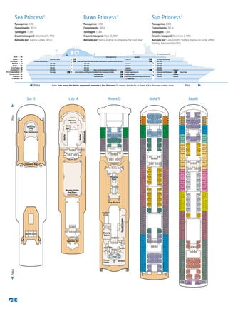 PolpaProa
Polpa Proa
Plaza – 5
Fiesta – 4
Promenade – 7
Emerald – 6
Caribe – 9
Dolphin – 8
Aloha – 11
Lido – 14
Baja – 10
Riviera – 12
Sun – 15
The Sanctuary/Sanctuary Pool
Topsails Bar
A745-A701 LaundromatA641-A401 A347-A201
LaundromatB755-B701 B635-B401 B335-B201
LaundromatC749-C701 C635-C401 C345-C201
LaundromatCafé CornicheMonte Carlo Club Casino/Captain’s Circle/Players BarD753-D701 D623-D601 D339-D201
LaundromatTraviata Dining Room Latitudes/Reflections E353-E301
LaundromatRigoletto Dining Room Guest Services/Shore Excursions/Explorers Bar/Grand Plaza P349-P225
Terrace Grill Bar/Horizon Court/SteakhouseSeaview Bar & HotTub
Sports
Court
R351-R303Pool/Fitness Center/Lotus Spa Beauty Salon/Platinum Studio/Youth Center/New Zealand Natural Ice Cream/Rivera Pool,HotTubs & Bar
Crooners Lounge/Crooners Bar Future Cruise Sales/Wheelhouse Bar PrincessTheaterInternet Café/Library andWriting Room/Photo Gallery/Premier Cru/Razzmatazz/Art GalleryVista Lounge
Medical Center
L
I
F
T
S
L
I
F
T
S
L
I
F
T
SEA PRINCESS
Movies Under the Stars
5/15/15
Sea Princess
Proﬁle
Sea_proﬁle.eps
Gents Ladies
Gents
Hot
Tub
Horizon
Court
Buffet
Buffet
Ladies
Lift Lift Lift
Lift
Lift LiftLiftLift
Lift
Seaview Bar
Movies Under
the Stars
Steakhouse
Bar
Terrace Grill
Lift Lift Lift
Lift Lift
SelfService
Laundromat
LiftLiftLiftLift
A320
A326
A328
A334
A338
A414
A416
A422
A424
A430
A434
A440
A506
A510
A516
A518
A524
A526
A532
A536
A542
A612
A618
A622
A628
A630
A636
A708
A716
A718
A724
A728
A738
A734
A707
A719
A721
A727
A733
A743
A739
A611
A619
A623
A629
A631
A637
A505
A509
A517
A519
A525
A527
A533
A537
A543
A415
A419
A423
A429
A431
A437
A439
A323
A329
A331
A337
A341
A308
A314
A307
A315
A205
A209
A211
A219
A204
A208
A210
A216
A202
A201
A203
A218A316
A319
A317
A223
A221
A302
A310
A304
A306
A312
A324
A318
A322
A330
A340
A332
A336
A342
A344
A301
A309
A303
A305
A311
A327
A321
A325
A333
A343
A335
A339
A345
A347
A402
A408
A404
A406
A410
A420
A412
A418
A426
A436
A428
A432
A438
A442
A401
A407
A403
A405
A409
A421
A411
A417
A425
A435
A427
A433
A441
A443
A502
A512
A504
A508
A514
A528
A520
A522
A530
A540
A534
A538
A544
A546
A501
A511
A503
A507
A515
A529
A521
A523
A531
A541
A535
A539
A545
A547
A602
A608
A604
A606
A610
A620
A614
A616
A624
A634
A626
A632
A638
A640
A601
A607
A603
A605
A609
A621
A615
A617
A625
A635
A627
A633
A639
A641
A702
A712
A704
A706
A714
A730
A720
A722
A710
A711
A709
A726
A731
A729
A732
A736
A740
A701
A715
A703
A705
A717
A735
A723
A725
A737
A741
A745
A206
A220
A212
A214
A207
A225
A215
A217
LiftLift
Gents Ladies
Lift Lift Lift LadiesGents
R310
R314
R324
R326
R328
R334
R336
R344
R346
R348
R350
R303
R307
R323
R325
R327
R333
R335
R345
R347
R349
R351
Pool
R321
R319
R312
R316
R305
R309
R320
R330
R317
R329
R331
R337
R322R340
R341
R339
R332
R338
R342 R343
Hot
Tub
Hot
Tub
Hot
Tub
Hot
Tub
Riviera
Pool
The Riviera
The Riviera Bar
YouthCenter
Saunas
Fitness
Center
Aerobics
Lift Lift Lift Lift
Lotus Spa
Massage
Beauty
Salon
Platinum
Studio
New Zealand
Natural
Ice Cream
New Zealand
Natural
Ice Cream
Lift Lift Lift
Lift Lift
Lift LiftLiftLift
B306
B312
B316
B320
B322
B408
B412
B414
B416
B420
B424
B506
B510
B516
B518
B524
B622
B624
B724
B734
B727
B739
B623
B625
B426
B526
B532
B536
B542
B537
B543
B630
B708
B716
B718
B738
B728
B707
B719
B721
B743
B744 B749
B733
B631
B425
B505
B517
B509
B519
B525
B527
B533
B407
B411
B415
B419
B423
B427
B305
B311
B319
B323
B326
B328
B329
B331
B325
B201
B203
B215
B221
B202
B204
B208
B216
B223
B229
B218
B224B222
B304
B228
B302
B308
B310
B324
B318
B330
B332
B402
B406
B404
B418
B410
B422
B504
B428
B502
B508
B520
B512
B514
B522
B534
B528
B530
B538
B540
B544
B604
B546
B602
B606
B612
B608
B610
B614
B620
B616
B618
B626
B628
B632
B704
B634
B702
B706
B720
B712
B714
B710
B711
B709
B726
B731
B729
B746
B751
B722
B730
B732
B736
B740
B742
B206
B220
B212
B214
B226
B233
B205
B210B314
B317
B315
B209
B207B231
B227
B303
B235
B301
B307
B309
B327
B321
B333
B335
B401
B405
B403
B417
B409
B421
B503
B429
B501
B507
B521
B511
B515
B523
B535
B529
B531
B539
B541
B545
B603
B547
B601
B605
B611
B607
B609
B615
B621
B617
B619
B627
B629
B633
B703
B635
B701
B705
B723
B715
B717
B725
B735
B737
B741
B745
B747
B748 B750 B755 B753
B211
B225
B217
B219
Monaco St.Tropez
SelfService
Laundromat
Topsails BarTopsails Bar
Sports Court
Sanctuary
Pool
The Sanctuary
Lido 14 Aloha 11Riviera 12 Baja 10Sun 15
Sea Princess®
Passageiros: 2,016
Comprimento: 261 m
Tonelagem 77,499
Cruzeiro inaugural: Dezembro 19, 1998
Batizado por: Joanna Lumley (Atriz)
Dawn Princess®
Passageiros: 1,998
Comprimento: 261 m
Tonelagem 77,441
Cruzeiro inaugural: Maio 10, 1997
Batizado por: Elenco original do programa The Love Boat
Sun Princess®
Passageiros: 2,010
Comprimento: 261 m
Tonelagem 77,441
Cruzeiro inaugural: Dezembro 2, 1995
Batizado por: Lady Dorothy Sterling (esposa do Lorde Jeffrey
Sterling, Presidente da P&O)
Nota: Este mapa dos decks representa somente o Sea Princess. Os mapas dos decks do Dawn e Sun Princess podem variar.
 