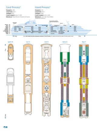 PolpaProa
Polpa Proa
Princess Links/Platinum Studio Movies Under the Stars
Center Court
The Sanctuary/Aerobics/Fitness Center Lotus Spa/Lotus Bar/Lotus Pool/Ice Cream Bar Lido Pool/Princess Pizzeria/Lido Bar Horizon Court
Splash Pool
The Bar & Grill
Future Cruise Sales/Shore Excursions/Atrium
Passenger Services/La Patisserie/Captain’s Circle
Tender Embarkation Medical Center
A722-A702 Laundromat A633-A601 A535-A501 A441-A401 A347-A301 A226-A209
B737-B701 Laundromat B645-B601 B551-B501 B443-B401 B357-B301 B237-B201
LaundromatC728-C701 C643-C601 C541-C501 C427-C401 C335-C301 C237-C201
LaundromatD726-D701 D631-D601 D529-D501 D423-D401 D335-D301 D235-D201
LaundromatE737-E701 E633-E601 The Card Room/The Library Internet Café E335-E301 E235-E201E525-E501
Laundromat Bordeaux Dining RoomP635-P601 P544-P501 P403-P401
F526-F502
The Universe Lounge
Wheelhouse BarCrooners Bar/Churchill Lounge PrincessTheaterBayou Café & Steakhouse SHARE by Curtis Stone/Art Gallery/Wedding Chapel
Meridian Bay/Essence/Calypso Cove Provence Dining RoomExplorers Lounge/Photo Gallery & Shop/International Café/The Princess Casino/Facets
S
T
A
I
R
S
S
T
A
I
R
S
L
I
F
T
S
L
I
F
T
S
L
I
F
T
S
S
T
A
I
R
S
Panoramic Lift
Gala – 4
Plaza – 5
Fiesta – 6
Promenade – 7
Emerald – 8
Dolphin – 9
Caribe – 10
Baja – 11
Aloha – 12
Lido – 14
Sun – 15
Sports – 16
CORAL PRINCESS
4/7/13
Coral Princess
Proﬁle
Coral-proﬁle.eps
Youth &Teen Centers
Sanctuary Pool
Sports 16
5/8/09
CoralPrincess
SportsDeck16
Coral-Sports_16.eps
Center Court
Shuffleboard
Shuffleboard
Deck
Chess Set
Splash
Pool
5/18/12
CoralPrincess
SunDeck15
Coral-Sun_15.eps
Toilet
Princess Links
LIFTLIFTLIFTLIFT
The Bar & Grill
Movies Under
the Stars
The Sanctuary
Platinum
Studio
Sun 15
1/19/13
CoralPrincess
LidoDeck14
Coral-Lido_14.eps
LIFTLIFTLIFTLIFT
LadiesGents
Ice Cream
Bar
Aerobics
FitnessCenter
The Gym
Massage
BeautySalon
Sauna Sauna
Female
Change
Male
Change
Lotus Bar
Lotus Pool
LIFTLIFTLIFTLIFT
Princess
Pizzeria
Hot
Tub
Hot
Tub
Hot
Tub
Hot
Tub
Hot
Tub
Lido Pool
Lido Bar
LIFTLIFTLIFTLIFT
Gents
Horizon Court
Ladies
The SanctuaryThe Sanctuary
Lotus Spa
Thermal
Suite
Lido 14
1/2/15
CoralPrincess
AlohaDeck12
Coral-Aloha_12.eps
A722
A720
A718
A716
A714
A712
A710
A708
A706
A704
A702
A632
A630 LIFT LIFT LIFT LIFT
A628
A626
A624 A625
A623
A621
A619
A617
A615
A611
A609
A607
A605
A603
A601
A535
A533
A531
A529
A527
A525
A523
A521
A519
A515
A509
A505A506
A504
A502
A426
A424
A422
A420
A418
A416
A414
A412
A410
A408
A406
A404
A402
A334
A332
A330
A328
A326
A324
A322
A320
A318
A316
A314
A312
A310
A308
A306
A304
A302
A226
A224
A222
A220
A218
A216
A214 A209
A211
A215
A217
A219
A221
A223
A301
A303
A305
A307
A309
A311
A317
A321
A325
A329
A333
A337
A339
A341
A343
A345
A347
A401
A403
A407
A411
A417
A421
A425
A429
A433
A435
A437
A439
A441
A501
A503
A508
A510
A431
A427
A423
A419
A415
A409
A405
A335
A331
A327
A323
A319
A315
A512
A514
A516
A518
A520
A522
A524
A526
A528
A602
A604
A606
A608
A610
A612
A614
A616
A618
A620
A622
A627
A629
A631
A633
LIFT LIFTLIFTLIFT
LIFTLIFTLIFTLIFT
A517
A511
A507
Laundromat
Boys
Girls
213ft.fromBow38ft.fromStern
Splash
Pool
Splash
Pool
Sanctuary
Pool
Teen
Center
YouthCenter
Aloha 12
B734
B732
B730
B722
B720
B718
B716
B710
B708
B706
B704
B702
B630
B628
B626
B624
B622
B620
B618
B616
B614
B612
B610
B608
B606
B604
B602
B528
B526
B524
B522
B520
B518
B516
B514
B512
B510
B508
B506
B504
B502
B426
B424
B422
B420
B418
B414 B427
B423B412
B410 B419
B415B408
B406 B409
B405B404
B402 B401
B355B334
B332 B351
B347B330
B328 B343
B339B326
B324 B335
B331B322
B320 B327
B323B318
B316 B319
B315B314
B312
B310
B308
B306
B304
B302
B236
B234
B232
B230
B228
B226
B222
B218
B216
B214
B212
B210
B208
B206 B205
B207
B209
B211
B215
B217
B219
B223
B227
B229
B231
B233
B235
B237
B301
B303
B305
B307
B309
B311
B435
B437
B439
B441
B443
B501
B503
B505
B509
B515
B519
B523
B527
B531
B535
B539
B543
B547
B551
B601
B603
B605
B607
B609
B615
B619
B623
B627
B633
B637
B639
B641
B643
B645
B701
B703
B705
B707
B709
B719
B721
B723
B725
B733
B735
B737
B728
B731
B724
B726
B729
B727B715
B717
B714
B712
B711
LIFTLIFTLIFTLIFT
B507
B511
B517
B521
B525
B529
B533
B537
B541
B545
B549
B635
B629
B625
B621
B617
B611
B631
LIFTLIFTLIFTLIFT
B416 B431
LIFTLIFTLIFTLIFT
B204
B202 B201
B203
B433
B429
B425
B421
B417
B411
B407
B403
B357
B353
B349
B345
B341
B337
B333
B329
B325
B321
B317
B220
B221B225
B224
Laundromat
Baja 11
Coral Princess®
Passageiros: 2,000
Comprimento: 294 m
Tonelagem 91,627
Cruzeiro inaugural: Janeiro 17, 2003
Batizado por: Mireya Moscoso, Presidente do Panamá
Island Princess®
Passageiros: 2,214
Comprimento: 294 m
Tonelagem 92,000
Cruzeiro inaugural: Julho 12, 2003
Batizado por: Jaime Salé e David Pelletier
(Medalhistas olímpicos)
Nota: Este mapa dos decks representa somente o Coral Princess. Os mapas dos decks do Island Princess podem variar.
 