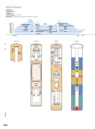 PolpaProa
Polpa Proa
8048-8069
7088-7121
6060-6093
8004-8049
7028-7089
6034-6061
Cabaret Lounge
4016-4056
8000-8003
7000-7029
6000-6031
4000-4017
3001-3031
Club Restaurant and Bar
Sabatini's/Sterling Steakhouse
Pizzeria/Panorama Buffet BBQ/Bandstand Pool/Pool Bar
Laundromat
Guest Services/Shore Excursions Medical Center
Tender Embarkation
JoggingTrack
Sun Deck/Shuffleboard/Golf Practice Cage
Pacific Lounge
Card Room/Internet Café/Lotus Spa/Fitness Center
Library
PACIFIC PRINCESS
Deck – 10
Deck – 9
Deck – 11
Deck – 8
Deck – 7
Deck – 6
Deck – 5
Deck – 4
Deck – 3
L
I
F
T
S
S
T
A
I
R
S
L
I
F
T
S
S
T
A
I
R
S
Future Cruise Sales/Captain’s Circle/Shops/Casino/Photo Gallery
5/15/15
Paciﬁc Princess
Proﬁle
Paciﬁc_proﬁle.eps
Pacific Princess®
Passageiros: 672
Comprimento: 180 m
Tonelagem 30,277
Cruzeiro inaugural: Abril 27, 2003
Batizado por: Gabi Hollows (diretora fundadora da fundação Fred Hollows)
4/13/10
PacificPrincess
Deck9
Pacific_9.eps
Pool
Hot
Tub
Hot
Tub
Fitness
Center
Card
Room
Lift Lift
Lotus Spa
Lift Lift
Ladies/
Gents
Internet
Café
Spa
Bandstand
BBQ
Pool Bar
Ladies
Gents
Ladies
Gents
Panorama Buffet
PizzeriaBar
Male
Change
Female
Change
Steam
Room
Steam
Room
Beauty
Salon
Deck 9
5/26/09
PacificPrincess
Deck10
Pacific_10.eps
Lift
Bar
Sabatini's
Sterling
Steakhouse
Bar
Pacific Lounge
Dance
Floor
Stage
Lift
LadiesGents
LadiesGents
Library
Lift Lift
JoggingTrackJoggingTrack
Deck 10
1/2/15
PacificPrincess
Deck8
Pacific_8.eps
8001
8003
8005
8007
8009
8011
8019
8021
8023
8025
8033
8035
8041
8043
8045
8047
8049
8051
8053
8055
8057
8059
8061
8063
8065
8027
8029
8000
8002
8004
8006
8008
8010
8016
8018
8020
8022
8030
8032
8038
8040
8042
8044
8046
8048
8050
8052
8054
8056
8058
8060
8062
8024
8026
8066
8069
8064 8067
Lift Lift
8028
8031
8034
8037
8036
8039
Lift Lift
8014
8017
8012
8015
Paul
Gauguin
Captain
Cook
187ft.fromBow28ft.fromStern
Deck 8
5/26/09
PacificPrincess
Deck11
Pacific_11.eps
Sun Deck
Shuffleboard
Golf
Practice
Cage
Deck 11
 