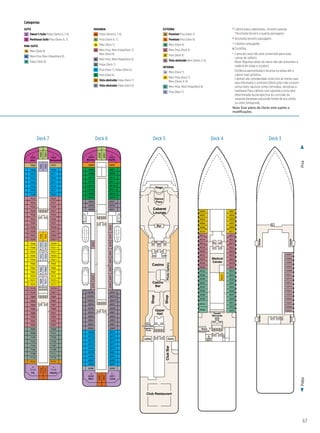 PolpaProa
67
5/15/15
cificPrincess
Deck4
acific_4.eps
Medical
Center
Lift Lift
Lift Lift
4000
4002
4004
4006
4008
4010
4012
4014
4016
4018
4022
4020
4024
4026
4030
4001
4003
4005
4007
4009
4011
4015
4017
4019
4021
4023
4025
4027
4029
4031
4032
4036
4035
4040
4042
4044
4046
4048
4050
4052
4056
4033
4037
4039
4041
4043
4045
4047
4049
4051
4053
4055
Ladies/
Gents
143ft.fromBow219ft.fromStern
Shore
Excursions
Guest
Services
Deck 4
5/5/14
ficPrincess
Deck5
cific_5.eps
Lift Lift
Lift Lift
LadiesGents
Ladies Gents
Club Restaurant
ClubBar
Casino
Bar
Casino
PhotoGallery
Shop
Shop
Dance
Floor
Stage
Bar
Cabaret
Lounge
Upper
Hall
Future
Cruise Sales
Future
Cruise Sales
Captain’s
Circle
Captain’s
Circle
Deck 5
1/2/15
PacificPrincess
Deck6
Pacific_6.eps
Lift Lift
Lift Lift
6005
6003
6007
6009
6015
6017
6019
6021
6023
6025
6027
6029
6031
6004
6002
6006
6000
6001
6008
6012
6014
6016
6018
6020
6022
6024
6026
6028
6090
6093
60376035603960416043604560476049
604660446036
6048
6050
6052
6054
6056
6058
6060
6062
6064
6066
6068
6051
6053
6055
6057
6059
6061
6063
6065
6067
6069
6071
6070
6072
6074
6076
6078
6080
6082
6084
6086
6088
6073
6075
6077
6079
6081
6083
6085
6087
6089
6091
Moorea Pacific
Maui Lanai
81ft.fromBow11ft.fromStern
Deck 6
1/2/15
PacificPrincess
Deck7
Pacific_7.eps
Lift
Self Service
Laundromat
Lift
Lift Lift
7006
7004
7008
7002
7003
7000
7001
7010
7012
7014
7016
7018
7020
7022
7024
7026
7028
7030
7032
7050
7053
7040
7043
7034
7036
7038
7042
7044
7046
7048
7054
7056
7058
7060
7062
7068
7071
7066
7069
7052
7055
7064
7070
7072
7074
7076
7078
7080
7082
7086
7084
7088
7090
7092
7094
7096
7098
7100
7102
7104
7106
7108
7110
7112
7007
7009
7011
7015
7017
7019
7021
7023
7025
7027
7029
7031
7033
7035
7037
7039
7041
7045
7047
7049
7051
7057
7059
7061
7063
7065
7067
7073
7075
7077
7079
7081
7083
7085
7087
7089
7091
7093
7095
7097
7099
7101
7103
7105
7107
7109
7111
7115
7117
7114 7119
7116
7121
7005
Fiji Hawaii
Java Marquesas
90ft.fromBow19ft.fromStern
Deck 7
6/1/12
PacificPrincess
Deck3
Pacific_3.eps
Tender
Tender
Tender
3001
3003
3005
3007
3009
3011
3015
3017
3019
3021
3023
3025
3027
3029
3031
Tender
Lift Lift
276ft.fromBow184ft.fromStern
Deck 3
Categorias
SUÍTE
S2 Owner’s Suíte Polpa (Decks 6, 7, 8)
S3 Penthouse Suíte Proa (Decks 6, 7)
MINI-SUÍTE
MB Meio (Deck 8)
MC Meio-Proa, Meio-Polpa(Deck 8)
ME Polpa (Deck 8)
VARANDA
B4 Polpa (Decks 6, 7, 8)
B5 Proa (Decks 6, 7)
BA Meio (Deck 7)
BB Meio-Proa, Meio-Polpa(Deck 7),
Meio (Deck 8)
BC Meio-Proa, Meio-Polpa(Deck 6)
BD Polpa (Deck 7)
BE Proa (Deck 7), Polpa (Deck 6)
BF Proa (Deck 6)
BX Vista obstruída Polpa (Deck 7)
BY Vista obstruída Polpa (Deck 6)
EXTERNA
O5 Premium Proa (Deck 7)
O6 Premium Proa (Deck 6)
OB Meio (Deck 4)
OC Meio-Proa (Deck 4)
OF Proa (Deck 4)
OV Vista obstruída Meio (Decks 3, 6)
INTERNA
IA Meio (Deck 7)
IB Meio-Proa (Deck 7),
Meio (Decks 4, 8)
IC Meio-Proa, Meio-Polpa(Deck 8)
IE Proa (Deck 7)
° Cabine para cadeirantes, chuveiro apenas
•Acomoda terceiro e quarto passageiro
▲
Acomoda terceiro passageiro
▲
Cabines conjugadas
Escotilha
	◊ Cama de casal não será convertida para duas
camas de solteiro.
Nota: Algumas áreas do navio não são acessíveis à
cadeira de rodas e scooters.
Distância apresentada é da proa ou polpa até a
cabine mais próxima.
Cabines são consideradas vista livre ao menos que
seja informado o contrário.Obstruções não incluem
certos itens náuticos como corrimãos, divisórias e
hardware.Para cabines com varanda a vista será
determinada da perspectiva do corrimão da
varanda.Varandas possuirão frente de aço sólido
ou vidro temperado.
Nota: Esse plano de Decks está sujeito a
modificações.
 