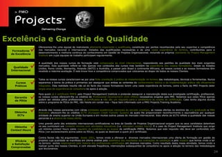 Excelência e Garantia de Qualidade
                  Oferecemos-lhe uma equipa de instrutores altamente experiente e qualificada, constituída por peritos reconhecidos pelo seu expertise e competência
   Formadores     nos mercados nacional e internacional. Dotados das qualificações necessárias e de uma vasta experiência de terreno, contribuímos para o
                  desenvolvimento e melhoria contínua do conhecimento em Gestão de Projetos Organizacional, incluindo os próprios standards do Project Management
  de Excelência
                  Institute em cujas equipas de trabalho participam regularmente.


                  A qualidade dos nossos cursos de formação está comprovada ao nível internacional, respondendo aos padrões de qualidade dos mais exigentes
                  mercados. Esta qualidade reflete-se não apenas nos conteúdos dos cursos mas também na experiência dos nossos formadores. Desde os Estados
    Qualidade     Unidos, Reino Unido, Alemanha, Holanda (NATO) e Austrália, a passar pelo Brasil e continente Africano, os nossos cursos e os nossos formadores têm
  Internacional   recebido a máxima aceitação. É este know-how e competência comprovados que colocamos ao dispor de todos os nossos Clientes.


                  Todos os nossos cursos caracterizam-se por uma forte orientação à prática de implementação no terreno das metodologias, técnicas e ferramentas. Nunca
     Cursos       separamos a teoria da prática e primamos por assegurar que ambas as vertentes do conhecimento teórico e da implementação prática são eficazmente
    Práticos      integradas. Esta realidade resulta não só do facto dos nossos formadores terem uma vasta experiência de terreno, como o facto da PMO Projects deter
                  largos anos de experiência de consultoria no apoio à adoção.

                  Para quem já é certificado PMP® pelo Project Management Institute e pretende assegurar a manutenção desta sua prestigiada certificação, profissional,
    Garantia      os nossos cursos oferecem-lhe os créditos de Professional Development Units (PDUs) necessários exigidos pelo PMI. Notamos que estes PDUs apenas
    de PDUs       podem ser obtidos pelos profissionais já certificados e não são um requisito para a candidatura ao exame de certificação. Caso tenha alguma dúvida
                  sobre o programa de PDUs do PMI, não hesite em contar-nos – fique bem informado com a PMO Projects Training Academy.


                  Através das nossas parecerias com várias entidades académicas nacionais de elevado prestígio, as nossas ofertas no domínio da pós-graduação e MBA
    Obtenha       Executivo oferecem-lhe os créditos ECTS (European Credit Transfer System) os quais lhe proporcionam reconhecimento e equivalência por qualquer
     ECTs         entidade de ensino superior na União Europeia e em muitos outros países do mercado internacional. Esta oferta de ECTS reflete a qualidade das nossas
                  parcerias e o alcance da nossa oferta.

                  Uma grande parte das entidades internacionais certificadoras na área de Gestão de Projetos Organiizacional exigem que os seus candidatos detenham
   Obtenha        no seu curriculum um contacto mínimo com atividades educativas (i.e. education contact hours). É o caso do Project Management Institute que exige
 Contact Hours    um mínimo contact hours como requisito de candidatura ao exame de certificação PMP®. Notamos que este requisito não deve ser confundido com
                  PDUs (ver esclarecimento acima sobre os PDUs), os quais se destinam a quem já é certificado.

                  Contra factos não há argumentos: desde 2001, temos vindo a oferecer a diversos mercados internacionais uma oferta de formação em gestão de
     Eficácia     projetos cuja qualidade se manifesta em última análise pela estatística dos resultados das avaliações de satisfação e pelo impacto que temos vindo a ter
   e Satisfação   no terreno: somos responsáveis pela maioria dos profissionais certificados em diversos mercados. Como resultado desta nossa atividade, temos vindo a
                  realizar junto dos nossos Clientes, e com elevada frequência, intervenções subsequentes de consultoria no apoio à adoção no terreno das metodologias
  Comprovadas
                  que leccionamos.
                                                                                                                                                                         24
 