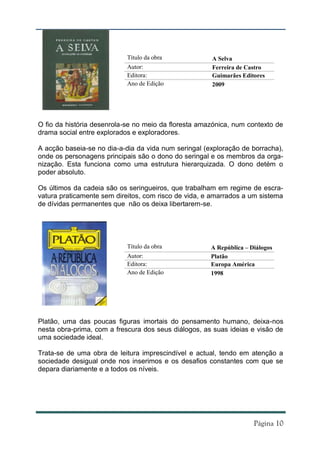 Título da obra            A Selva
                            Autor:                    Ferreira de Castro
                            Editora:                  Guimarães Editores
                            Ano de Edição             2009




O fio da história desenrola-se no meio da floresta amazónica, num contexto de
drama social entre explorados e exploradores.

A acção baseia-se no dia-a-dia da vida num seringal (exploração de borracha),
onde os personagens principais são o dono do seringal e os membros da orga-
nização. Esta funciona como uma estrutura hierarquizada. O dono detém o
poder absoluto.

Os últimos da cadeia são os seringueiros, que trabalham em regime de escra-
vatura praticamente sem direitos, com risco de vida, e amarrados a um sistema
de dívidas permanentes que não os deixa libertarem-se.




                            Título da obra            A República – Diálogos
                            Autor:                    Platão
                            Editora:                  Europa América
                            Ano de Edição             1998




Platão, uma das poucas figuras imortais do pensamento humano, deixa-nos
nesta obra-prima, com a frescura dos seus diálogos, as suas ideias e visão de
uma sociedade ideal.

Trata-se de uma obra de leitura imprescindível e actual, tendo em atenção a
sociedade desigual onde nos inserimos e os desafios constantes com que se
depara diariamente e a todos os níveis.
 