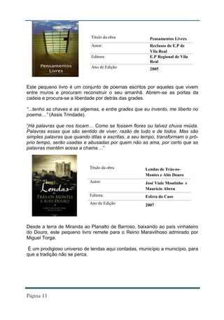 Título da obra             Pensamentos Livres
                             Autor:                     Reclusos do E.P de
                                                        Vila Real
                             Editora:                   E.P Regional de Vila
                                                        Real
                             Ano de Edição              2005



Este pequeno livro é um conjunto de poemas escritos por aqueles que vivem
entre muros e procuram reconstruir o seu amanhã. Abrem-se as portas da
cadeia e procura-se a liberdade por detrás das grades.

“...tenho as chaves e as algemas, e entre grades que eu invento, me liberto no
poema…” (Assis Trindade).

“Há palavras que nos tocam… Como se fossem flores ou talvez chuva miúda.
Palavras essas que são sentido de viver, razão de tudo e de todos. Mas são
simples palavras que quando ditas e escritas, a seu tempo, transformam o pró-
prio tempo, serão usadas e abusadas por quem não as ama, por certo que as
palavras mantêm acesa a chama…”



                            Título da obra            Lendas de Trás-os-
                                                      Montes e Alto Douro
                            Autor:                    José Viale Moutinho e
                                                      Maurício Abreu
                            Editora:                  Esfera do Caos
                            Ano de Edição             2007




Desde a terra de Miranda ao Planalto de Barroso, baixando ao país vinhateiro
do Douro, este pequeno livro remete para o Reino Maravilhoso admirado por
Miguel Torga.

 É um prodigioso universo de lendas aqui contadas, município a município, para
que a tradição não se perca.
 