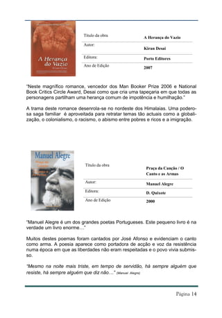 Título da obra             A Herança do Vazio
                          Autor:
                                                     Kiran Desai

                          Editora:                   Porto Editores
                          Ano de Edição
                                                     2007



“Neste magnífico romance, vencedor dos Man Booker Prize 2006 e National
Book Critics Circle Award, Desai como que cria uma tapeçaria em que todas as
personagens partilham uma herança comum de impotência e humilhação.”

A trama deste romance desenrola-se no nordeste dos Himalaias. Uma podero-
sa saga familiar é aproveitada para retratar temas tão actuais como a globali-
zação, o colonialismo, o racismo, o abismo entre pobres e ricos e a imigração.




                          Título da obra
                                                      Praça da Canção / O
                                                      Canto e as Armas
                          Autor:                      Manuel Alegre
                          Editora:                    D. Quixote
                          Ano de Edição               2000



“Manuel Alegre é um dos grandes poetas Portugueses. Este pequeno livro é na
verdade um livro enorme…”

Muitos destes poemas foram cantados por José Afonso e evidenciam o canto
como arma. A poesia aparece como portadora de acção e voz da resistência
numa época em que as liberdades não eram respeitadas e o povo vivia submis-
so.

“Mesmo na noite mais triste, em tempo de servidão, há sempre alguém que
resiste, há sempre alguém que diz não…” (Manuel Alegre)
 