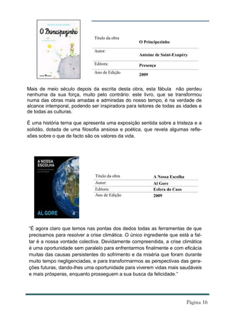 Título da obra
                                                  O Principezinho

                              Autor:
                                                  Antoine de Saint-Exupéry

                              Editora:            Presença
                              Ano de Edição
                                                  2009


Mais de meio século depois da escrita desta obra, esta fábula não perdeu
nenhuma da sua força, muito pelo contrário: este livro, que se transformou
numa das obras mais amadas e admiradas do nosso tempo, é na verdade de
alcance intemporal, podendo ser inspiradora para leitores de todas as idades e
de todas as culturas.

É uma história terna que apresenta uma exposição sentida sobre a tristeza e a
solidão, dotada de uma filosofia ansiosa e poética, que revela algumas refle-
xões sobre o que de facto são os valores da vida.




                              Título da obra             A Nossa Escolha
                              Autor:                     Al Gore
                              Editora:                   Esfera do Caos
                              Ano de Edição              2009




“É agora claro que temos nas pontas dos dedos todas as ferramentas de que
precisamos para resolver a crise climática. O único ingrediente que está a fal-
tar é a nossa vontade colectiva. Devidamente compreendida, a crise climática
é uma oportunidade sem paralelo para enfrentarmos finalmente e com eficácia
muitas das causas persistentes do sofrimento e da miséria que foram durante
muito tempo negligenciadas, e para transformarmos as perspectivas das gera-
ções futuras, dando-lhes uma oportunidade para viverem vidas mais saudáveis
e mais prósperas, enquanto prosseguem a sua busca da felicidade.”
 
