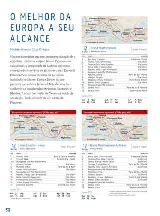 O MELHOR DA
EUROPA A SEU
ALCANCE
Mediterrâneo e Ilhas Gregas.
Nossos itinerários em 2015 possuem duração de 7
a 29 dias . Escolha entre o Island Princess em
sua primeira temporada na Europa em nosso
consagrado itinerário de 12 noites , ou o Emerald
Princess® em novos roteiros de 14-noites
incluindo os Mares Egeu e Negro ou um
pernoite na exótica Istanbul.Não deixem de
conhecer as ensolaradas Mykonos, Santorini e
Rhodes. E a incrível visão de Veneza a bordo de
um navio. Tudo a bordo de um navio da
Princess.
GREECE
TURKEY
FRANCE
SPAIN
ITALY
Mediterranean Sea
Barcelona
Toulon
Mykonos
Istanbul
Island Princess
12 Day Euro Grand Mediterranean (VEN-BAR) 015_R3_CA
Overnight in Venice
Venice
Naples
Rome
(Civitavecchia)
Athens
(Piraeus)
Florence/Pisa
(Livorno)
DIA PORTO DURAÇÃO
1 Veneza, Itália	 Emb. à Tarde  Pernoite
2 Veneza, Itália Parte do Dia - Manhã
3-4 Navegando pelo Mar Mediterrâneo
5 Istanbul, Turquia	 Dia Inteiro
6 Mykonos, Grécia Parte do Dia  Noite
7 Atenas, Grécia (Piraeus) Dia Inteiro
8 Navegando pelo Mar Mediterrâneo
9 Nápoles, Itália ( Capri  Pompeia) Dia Inteiro
10 Roma, Itália (Civitavecchia) Dia Inteiro
11 Florença/Pisa, Itália (Livorno) Dia Inteiro
12 Toulon, França (Provença) Dia Inteiro
13 Barcelona, Espanha Desemb.pela Manhã
Excursão terrestre opcional (Vide pág. 28)
12Noites
Grand Mediterranean
Veneza / Barcelona
Island Princess®
GREECE
TURKEY
Kusadasi
FRANCE
SPAIN
ITALY
Mediterranean Sea
Barcelona
Toulon
Mykonos
Istanbul
Island Princess
12 Day Euro Grand Mediterranean (Barc-Ven) 015_R1_CA
Overnight in Venice
Venice
NaplesRome
(Civitavecchia) Athens
(Piraeus)
Florence/Pisa
(Livorno)
DIA PORTO DURAÇÃO
1 Barcelona, Espanha Embarque à Tarde
2 Toulon, França ( Provença) Dia Inteiro
3 Florença/Pisa, Itália (Livorno) Dia Inteiro
4 Roma, Itália (Civitavecchia) Dia Inteiro
5 Nápoles, Itália (Capri  Pompeia) Dia Inteiro
6 Navegando pelo Mar Mediterrâneo
7 Mykonos, Grécia Parte do Dia - Manhã
8 Istanbul, Turquia Dia Inteiro
9 Kusadasi, Turquia (Ephesus) Parte do Dia  Noite
10 Atenas, Grécia (Piraeus) Dia Inteiro
11 Navegando pelo Mar Adriático
12 Veneza, Itália Parte do Dia  Pernoite
13 Veneza, Itália Desemb.pela Manhã
12Noites
Grand Mediterranean
Barcelona / Veneza
Island Princess®
Saídas 2015
Jun	 3	Qua
Jun	27	 Sab
Jul	 21	Ter
Ago	14	 Sex
Set	 7	Seg
Out	 1	Qui
Saídas 2015
Mai	22†	Sex
Jun	15	 Seg
Jul	 9	Qui
Ago	 2	Dom
Ago	26	 Qua
Set	19	Sab
†	 Ordem dos portos pode variar.
Island Princess
12 Day Grand Med to Rome(Rome-Venice)(ToulonDot)_015_R1_CA
GREECE
Athens
(Piraeus)
Mediterranean
Sea
TURKEY
Mykonos
Kusadasi
Istanbul
Toulon
Cannes
Ajaccio
Naples
Venice
ITALY
FRANCE
Rome
(Civitavecchia)
Florence/Pisa
(Livorno)
CORSICA
Overnight in Venice
12Noites
Grand Mediterranean to Rome
Roma / Veneza
Island Princess®
DIA PORTO DURAÇÃO
1 Roma, Itália (Civitavecchia) Embarque à Tarde
2 Florença/Pisa, Itália (Livorno) Dia Inteiro
3 Cannes, França ( Monte Carlo) Dia Inteiro
4 Córsega, França (Ajaccio) Parte do Dia - Manhã
5 Nápoles, Itália ( Capri  Pompeia) Dia Inteiro
6 Navegando pelo Mar Mediterrâneo
7 Mykonos, Grécia Parte do Dia - Manhã
8 Istanbul, Turquia Dia Inteiro
9 Kusadasi, Turquia ( Ephesus) Parte do Dia  Noite
10 Atenas, Grécia (Piraeus) Dia Inteiro
11 Navegando pelo Mar Adriático
12 Veneza, Itália Parte do Dia  Pernoite
13 Veneza, Itália Desemb.pela Manhã
Saídas 2015 †	 Itinerário opera em sentido inverso, duração nos portos pode
variar e não inclui Kusadasi.
Toulon, França (Provença) substitui Cannes.
Out	 13†	Ter
Out	25	 Dom
Excursão terrestre opcional (Vide pág. 28)
 