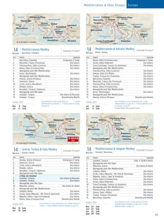 17
Mediterrâneo  Ilhas Gregas Europe
Saídas 2015 	 Esse itinerário é uma combinação de 7 -noites
Mediterranean  Adriatic e 7-noites Greece  Turkey
na pág. 19.Mai	 9	Sab
Jul	 11	Sab
Saídas 2015 	 Esse Itinerário é uma combinação de 7-noites
Mediterranean na pág. 20 e 7-noites Mediterranean
 Adriatic na pág. 19
†	 Cannes ( Monte Carlo) substitui Toulon.
Jul	 4†	Sab
Set	 5	Sab
Saídas 2015 	 Esse itinerário é uma combinação de 7-noites Greece 
Turkey e 7-noites Mediterranean  Aegean na pág. 19.
Mai	 16	Sab
Jul	 18	Sab
Saídas 2015 	 Esse itinerário é uma combinação de 7-noites
Mediterranean  Aegean na pág. 19 e 7-noites
Mediterranean na pág. 20.Mai	23	 Sab
Jun	27	 Sab
Jul	25	Sab
Ago	29	 Sab
DIA PORTO DURAÇÃO
1 Barcelona, Espanha Embarque à Tarde
2 Marseille, França (Provença) Dia Inteiro
3 Florença/Pisa, Itália (Livorno) Dia Inteiro
4 Roma, Itália (Civitavecchia) Dia Inteiro
5 Navegando pelo Mar Mediterrâneo
6 Kotor, Montenegro Dia Inteiro
7 Navegando pelo Mar Mediterrâneo
8 Atenas, Grécia (Piraeus) Dia Inteiro
9 Santorini, Grécia Dia Inteiro
10 Creta, Grécia (Heraklion) Dia Inteiro
11 Rhodes, Grécia Dia Inteiro
12 Kusadasi, Turquia ( Ephesus) Dia Inteiro
13 Navegando pelo Mar Egeu
14 Istanbul, Turquia Dia Inteiro  Pernoite
15 Istanbul, Turquia Desemb.pela Manhã
14Noites
Mediterranean Medley
Barcelona / Istanbul
Emerald Princess®Emerald Princess
14 Day Med  Adriatic Medley (BCN-IST) 015_R2_CA
ITALY
MONTENEGRO
FRANCE Florence/Pisa
(Livorno)
Rome
(Civitavecchia)
Barcelona
Marseille
SPAIN
Kusadasi
Kotor
Santorini
GREECE
Rhodes
Athens
(Piraeus)
TURKEY
Istanbul
Overnight in Istanbul
CRETE
Heraklion
Mediterranean
Sea
14Noites
Grécia, Turkey  Italy Medley
Atenas / Roma
Emerald Princess®
DIA PORTO DURAÇÃO
1 Atenas, Grécia (Piraeus) Embarque à Tarde
2 Santorini, Grécia Dia Inteiro
3 Creta, Grécia (Heraklion) Dia Inteiro
4 Rhodes, Grécia Dia Inteiro
5 Kusadasi, Turquia ( Ephesus) Dia Inteiro
6 Navegando pelo Mar Egeu
7
8
2-Dias em Istanbul
Istanbul, Turquia
Istanbul, Turquia
Dia Inteiro  Pernoite
Dia Inteiro
9 Navegando pelo Mar Egeu
10 Mykonos, Grécia Dia Inteiro  Noite
11 Navegando pelo Mar Mediterrâneo
12 Valletta, Malta Dia Inteiro
13 Sicília, Itália (Messina - Mt. Etna  Taormina) Dia Inteiro
14 Nápoles, Itália ( Capri  Pompeia) Dia Inteiro
15 Roma, Itália (Civitavecchia) Desemb.pela Manhã
14Noites
Mediterranean  Adriatic Medley
Roma / Atenas
Emerald Princess®Emerald Princess
14 Day Med  Adriatic Medley (ROM-ATH)
(CannesPortDot)015_R1_CA
Mediterranean
Sea
ITALY
SPAIN
FRANCE
TUNISIA
SICILY
PalermoTunis/Carthage
(La Goulette)
Rome
(Civitavecchia)
Florence/Pisa
(Livorno)
Athens
(Piraeus)
Toulon
Marseille
Cannes
Genoa
Kotor
Barcelona GREECE
MONTENEGRO
Adriatic
Sea
DIA PORTO DURAÇÃO
1 Roma, Itália (Civitavecchia) Embarque à Tarde
2 Sicília, Itália (Palermo) Dia Inteiro
3 Tunis/Carthage, Tunisia (La Goulette) Dia Inteiro
4 Navegando pelo Mar Mediterrâneo
5 Florença/Pisa, Itália (Livorno) Dia Inteiro
6 Genoa, Itália (for Milan) Dia Inteiro
7 Toulon, França (for Provença) Dia Inteiro
8 Barcelona, Espanha Dia Inteiro
9 Marseille, França (for Provença) Dia Inteiro
10 Florença/Pisa, Itália (Livorno) Dia Inteiro
11 Roma, Itália (Civitavecchia) Dia Inteiro
12 Navegando pelo Mar Mediterrâneo
13 Kotor, Montenegro Dia Inteiro
14 Navegando pelo Mar Mediterrâneo
15 Atenas, Grécia (Piraeus) Desemb.pela Manhã
Emerald Princess
14 Day Med  Aegean Medley (IST-BCN)015_R1_CA
Naples
Mediterranean
Sea
ITALYSPAIN
MALTA
FRANCE
Mykonos
TUNISIA
SICILY Messina
Palermo
Tunis/Carthage
(La Goulette)
Rome
(Civitavecchia)
Florence/Pisa
(Livorno)
Toulon
Genoa
Barcelona GREECE
TURKEY
Valletta
Istanbul
Aegean
Sea
14Noites
Mediterranean  Aegean Medley
Istanbul / Barcelona
Emerald Princess®
DIA PORTO DURAÇÃO
1 Istanbul, Turquia	 Emb. à Tarde  Noite
2 Navegando pelo Mar Egeu
3 Mykonos, Grécia Dia Inteiro  Noite
4 Navegando pelo Mar Mediterrâneo
5 Valletta, Malta Dia Inteiro
6 Sicília, Itália (Messina - Mt. Etna  Taormina) Dia Inteiro
7 Nápoles, Itália ( Capri  Pompeia) Dia Inteiro
8 Roma, Itália (Civitavecchia) Dia Inteiro
9 Sicília, Itália (Palermo) Dia Inteiro
10 Tunis/Carthage, Tunisia (La Goulette) Dia Inteiro
11 Navegando pelo Mar Mediterrâneo
12 Florença/Pisa, Itália (Livorno) Dia Inteiro
13 Genoa, Itália ( Milão) Dia Inteiro
14 Toulon, França ( Provença) Dia Inteiro
15 Barcelona, Espanha Desemb.pela Manhã
Emerald Princess
14 Day Greece, Turkey  Italy Medley (Athens-Rome) 015_R1_CA
TURKEY
Kusadasi
Mykonos
Istanbul
Santorini
GREECE
Rhodes
Athens
(Piraeus)
Rome
(Civitavecchia)
CRETE
Heraklion
Mediterranean
Sea
ITALY
MALTA
SICILY
Valletta
Messina
Naples
Overnight in Istanbul ISTAMBUL
2-DIAS
EM
 