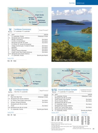 31
Caribe Américas
DIA PORTO DURAÇÃO
1 Ft. Lauderdale, Flórida Embarque à Tarde
2 Navegando pelo Mar do Caribe
3 Grand Cayman, Ilhas Cayman Dia Inteiro
4 Ilha de Cozumel, México Dia Inteiro
5 Navegando pelo Mar do Caribe
6 Ft. Lauderdale, Flórida Dia Inteiro
7 Navegando pelo Oceano Atlântico
8 Grand Turk, Turks  Ilhas Caicos Dia Inteiro
9 Navegando pelo Oceano Atlântico
10 Ft. Lauderdale, Flórida Desemb.pela Manhã
9/10Noites
Grand Caribbean Sampler
Ft. Lauderdale / Ft. Lauderdale
Caribbean Princess®
Emerald Princess®
CAYMAN ISLANDS
Emerald Princess
9 Day_GrandCaribSampler_(v6)_015_R2_CA
Grand Cayman
Caribbean Sea
Atlantic Ocean
Gulf of
Mexico
MEXICO
TURKS  CAICOS
ISLANDS
Grand
Turk
Cozumel
UNITED STATES
Ft. Lauderdale
Princess Cays
Nassau
THE BAHAMAS
JAMAICA Ocho RiosCosta Maya
(Mahahual)
Saídas 2015• Saídas 2016
Caribbean Princess Emerald Princess Emerald Princess
Jan	 3*	Sab
Jan	 8*	Qui
Jan	 17°	Sab
Jan	 22†	Qui
Feb	 21†	Sab
Feb	 26†	Qui
Mar	 21°	Sab
Mar	 26°	Qui
Out	24	 Sab
Out	 29†	Qui
Nov	 21*	Sab
Nov	25‡	Qua
Jan	14♦	
Qui
Feb	6°	Sab
Feb	 11†	Qui
Mar	5♦
	Sab
Mar	10♦
	Qui
Abr	2°	Sab
Abr	 7†	Qui
Saída 2015
Out	24	 Sab
DIA PORTO DURAÇÃO
1 New York, New York Embarque à Tarde
2-4 Navegando pelo Oceano Atlântico
5 St. Thomas, Ilhas Virgens Americanas Dia Inteiro
6 Antigua, Antigua  Barbuda Dia Inteiro
7 Navegando pelo Mar do Caribe
8 Aruba Dia Inteiro
9-10 Navegando pelo Mar do Caribe
11 Ft. Lauderdale, Flórida Desemb.pela Manhã
10Noites
Caribbean Islander
New York / Ft. Lauderdale
Regal Princess®
Regal Princess
10 Day Caribbean Islander (NY-FLA)015_R1_CA
Atlantic Ocean
Caribbean
Sea
St. Thomas
Antigua
Aruba
Ft. Lauderdale
UNITED STATES
New York
(Brooklyn)
	
	
Saída 2015
Dez	20	 Dom
Caribbean Sea
Atlantic Ocean
Antigua
Virgin Gorda
Ocean Princess
14 Day Caribbean Connoisseur (Mini Brochure) 015_R3_CA
Barbados
Tobago
St. Vincent
Martinique
St. Kitts
Marigot
UNITED STATES
Ft. Lauderdale
14Noites
Caribbean Connoisseur
Ft. Lauderdale / Ft. Lauderdale
Ocean Princess®
DIA PORTO DURAÇÃO
1 Ft. Lauderdale, Flórida Embarque à Tarde
2-3 Navegando pelo Oceano Atlântico
4 Marigot, Saint Martin Dia Inteiro
5 St. Kitts, St. Kitts  Nevis Dia Inteiro
6 Navegando pelo Mar do Caribe Dia Inteiro
7 St. Vincent, St. Vincent  Grenadines
8 Tobago (Scarborough), Trinidad  Tobago Dia Inteiro
9 Barbados Dia Inteiro
10 Martinique Dia Inteiro
11 Antigua, Antigua  Barbuda Dia Inteiro
12 Virgem Gorda, Ilhas Virgens Britânicas Dia Inteiro
13-14 Navegando pelo Oceano Atlântico
15 Ft. Lauderdale, Flórida Desemb.pela Manhã
	•	Ordem dos portos pode variar.
	*	Nassau e Princess Cays® substituem Grand Turk; ordem
dos portos pode variar.
	†	Costa Maya (Mahahual) substitui Grand Cayman; ordem
dos portos pode variar
	°	Ocho Rios substitui Ilha de Cozumel;
ordem dos portos pode variar.
	♦
	Princess Cays® substitui Ilha de Cozumel;
ordem dos portos pode variar.
	‡	Itinerário com 10 noites e incluindo Princess Cays.
	
St. Thomas, Ilhas Virgens Americanas
 