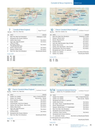 35
Caribbean Princess
14 Day Canada  Colonial America 015_R6_CA
CANADA
UNITED
STATES
Atlantic Ocean
MAINE
MASSACHUSETTS
RHODE ISLAND
TEXAS
FLORIDA
SOUTH CAROLINA
NEW YORK
NOVA SCOTIA
Québec City
Newport
Charleston
Boston
Halifax
QUÉBEC
Overnight in
Québec City
Bar Harbor
Ft. Lauderdale
Houston
Acadia National Park
New York
(Brooklyn)
Caribbean Princess - 10 Day Classic Canada 
New England (Charlottetown)015_R4_CA
UNITED STATES
Atlantic Ocean
NEW
BRUNSWICK
MAINE
MASSACHUSETTS
RHODE ISLAND
NEW YORK NOVA SCOTIABay of
Fundy
Québec City
QUÉBEC
PRINCE EDWARD
ISLAND
CAPE BRETON
ISLAND
Halifax
Saint John Sydney
Boston
Newport
Charlottetown
Portland
CANADA
New York
(Brooklyn)
Overnight in Québec City
Regal Princess - 7 Day CanadaNew England 015_R4_CA
Atlantic Ocean
Acadia National Park
NEW BRUNSWICK
MAINE
MASSACHUSETTS
RHODE ISLAND
NEW YORK
NOVA SCOTIA
Bay of
Fundy
Halifax
Saint John
Boston
Newport
Bar Harbor
UNITED STATES
CANADA
New York
(Brooklyn)
10Noites
Classic Canada  New England
New York / Québec City
Caribbean Princess®
DIA PORTO DURAÇÃO
1 New York, New York (Brooklyn) Embarque à Tarde
2 Newport, Rhode Island Dia Inteiro
3 Boston, Massachusetts Dia Inteiro
4 Portland, Maine	 Dia Inteiro
5 Saint John, New Brunswick ( Bay of Fundy)	 Dia Inteiro
6 Halifax, Nova Scotia Dia Inteiro
7 Sydney, Ilha Cape Breton , Nova Scotia	 Dia Inteiro
8 Charlottetown, Ilha Prince Edward	 Dia Inteiro
9 Navegando pelo Golfo St. Lawrence
10 Québec City, Québec Dia Inteiro  Pernoite
11 Québec City, Québec Desemb.pela Manhã
Saídas 2015
Set	 21	Seg
Out	 11	Dom
11/14Noites
Canada  Colonial America
Québec City / Ft. Lauderdale ou Houston
Caribbean Princess®
DIA PORTO DURAÇÃO
1 Québec City, Québec	 Emb. à Tarde  Pernoite
2 Québec City, Québec Parte do Dia - Manhã
3 Navegando pelo Golfo St. Lawrence
4 Halifax, Nova Scotia Dia Inteiro
5 Bar Harbor, Maine ( Acadia National Park)	 Dia Inteiro
6 Boston, Massachusetts Dia Inteiro
7 Newport, Rhode Island ????? MANTENHO? Dia Inteiro
8 New York, New York (Brooklyn) Dia Inteiro
9 Navegando pelo Oceano Atlântico
10 Charleston, South Carolina Dia Inteiro
11 Navegando pelo Oceano Atlântico
12 Ft. Lauderdale, Florida	 Dia Inteiro ou Desemb.pela Manhã
13-14 Navegando pelo Golfo do México
15 Houston, Texas Desemb.pela Manhã
Saída 2015
Out	21	 Qua 		Esse itinerário poderá ser de 11 noites
desembarcando em Ft. Lauderdale ou 14 noites
desembarcando em Houston.
DIA PORTO DURAÇÃO
1 Québec City, Québec	 Emb. à Tarde  Pernoite
2 Québec City, Québec Parte do Dia - Manhã
3 Porto Saguenay, Québec Dia Inteiro
4 Gaspé, Québec Dia Inteiro
5 Charlottetown, Ilha Prince Edward Dia Inteiro
6 Sydney, Ilha Cape Breton , Nova Scotia 	 Dia Inteiro
7 Halifax, Nova Scotia Dia Inteiro
8 Saint John, New Brunswick
( Bay of Fundy)
Dia Inteiro
9 Portland, Maine Dia Inteiro
10 Navegando pelo Oceano Atlântico
11 New York, New York (Brooklyn) Desemb.pela Manhã
DIA PORTO DURAÇÃO
1 New York, New York (Brooklyn) Embarque à Tarde
2 Navegando pelo Oceano Atlântico
3 Halifax, Nova Scotia Dia Inteiro
4 Saint John, New Brunswick
( Bay of Fundy)
Dia Inteiro
5 Bar Harbor, Maine
( Acadia National Park)
Dia Inteiro
6 Boston, Massachusetts Dia Inteiro
7 Newport, Rhode Island Dia Inteiro
8 New York, New York (Brooklyn) Desemb.pela Manhã
Saída 2015
Out	 1	Qui
Saídas 2015
Set	26	 Sab
Out	 3	Sab
Out	10	 Sab
Out	17	 Sab
7Noites
Canada  New England
New York / New York
Regal Princess®
Caribbean Princess - 10 Day Classic Canada 
New England (Gaspé)015_R6_CA
Port Saguenay
Saint John
Gaspé
UNITED
STATES
Atlantic Ocean
NEW
BRUNSWICK
MAINE
NEW YORK
NOVA SCOTIABAY OF
FUNDY
Québec City
QUÉBEC
PRINCE EDWARD
ISLAND
CAPE BRETON
ISLAND
Halifax
Sydney
Portland
Charlottetown
CANADA
Overnight in Québec City
New York
(Brooklyn)
10Noites
Classic Canada  New England
Québec City / New York
Caribbean Princess®
Canadá  Nova Inglaterra Américas
 
