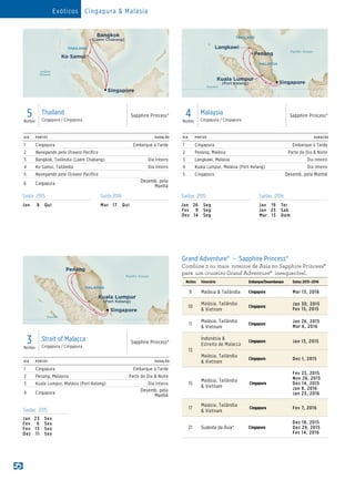 Exóticos Cingapura  Malásia
DIA PORTOS DURAÇÃO
1 Cingapura Embarque à Tarde
2 Penang, Malásia Parte do Dia  Noite
3 Langkawi, Malásia Dia Inteiro
4 Kuala Lumpur, Malásia (Port Kelang) Dia Inteiro
5 Cingapura Desemb. pela Manhã
DIA PORTOS DURAÇÃO
1 Cingapura Embarque à Tarde
2 Navegando pelo Oceano Pacífico
3 Bangkok, Tailândia (Laem Chabang) Dia Inteiro
4 Ko Samui, Tailândia Dia Inteiro
5 Navegando pelo Oceano Pacífico
6 Cingapura
Desemb. pela
Manhã
4Noites
Malaysia
Cingapura / Cingapura
Sapphire Princess®5Noites
Thailand
Cingapura / Cingapura
Sapphire Princess® Sapphire Princess
4_Day_Malaysia_015_R1_eps
MALAYSIA
THAILAND
Paciﬁc Ocean
Singapore
Penang
Langkawi
Kuala Lumpur
(Port Kelang)
Equator
THAILAND
Indian
Ocean
Ko Samui
Singapore
Bangkok
(Laem Chabang)
Sapphire Princess
5 Day Thailand (RT Singapore) 015_R1_eps
DIA PORTOS DURAÇÃO
1 Cingapura Embarque à Tarde
2 Penang, Malaysia Parte do Dia  Noite
3 Kuala Lumpur, Malásia (Port Kelang) Dia Inteiro
4 Cingapura
Desemb. pela
Manhã
Saídas 2015
Jan	23	 Sex
Fev	 6	Sex
Fev	13	 Sex
Dez	11	Sex
3Noites
Strait of Malacca
Cingapura / Cingapura
Sapphire Princess®
Sapphire Princess
3_Day_Strait_of_Malacca_015_R1_eps
MALAYSIA
Paciﬁc Ocean
Singapore
Penang
Kuala Lumpur
(Port Kelang)
Equator
Grand Adventure® - Sapphire Princess®
Combine 2 ou mais roteiros de Asia no Sapphire Princess®
para um cruzeiro Grand Adventure® inesquecível.
Noites Itinerário Embarque/Desembarque Datas 2015–2016
9 Malásia  Tailândia Cingapura Mar 13, 2016
10
Malásia, Tailândia
 Vietnam
Cingapura
Jan 30, 2015
Fev 13, 2015
11
Malásia, Tailândia
 Vietnam
Cingapura
Jan 26, 2015
Mar 6, 2016
13
Indonésia 
Estreito de Malacca
Cingapura Jan 13, 2015
Malásia, Tailândia
 Vietnam
Cingapura Dez 1, 2015
15
Malásia, Tailândia
 Vietnam
Cingapura
Fev 23, 2015
Nov 26, 2015
Dez 14, 2015
Jan 8, 2016
Jan 23, 2016
17
Malásia, Tailândia
 Vietnam
Cingapura Fev 7, 2016
21 Sudeste da Ásia* Cingapura
Dez 18, 2015
Dez 29, 2015
Fev 14, 2016
Saídas 2015 Saídas 2016
Jan	26	 Seg
Fev	 9	Seg
Dez	14	 Seg
Jan	19	Ter
Jan	23	 Sab
Mar	13	 Dom
Saída 2015 Saída 2016
Jan	 8	Qui Mar	17	 Qui
 