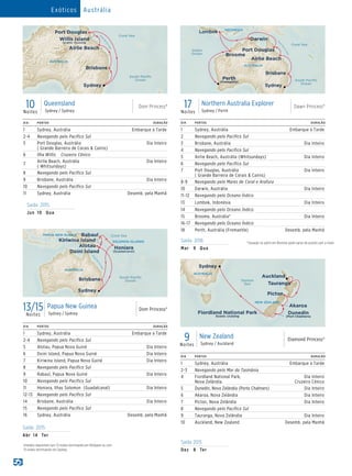 13/15Noites
Papua New Guinea
Sydney / Sydney
Dom Princess®
DIA PORTOS DURAÇÃO
1 Sydney, Austrália Embarque à Tarde
2-4 Navegando pelo Pacífico Sul
5 Alotau, Papua Nova Guiné Dia Inteiro
6 Doini Island, Papua Nova Guiné Dia Inteiro
7 Kiriwina Island, Papua Nova Guiné Dia Inteiro
8 Navegando pelo Pacífico Sul
9 Rabaul, Papua Nova Guiné Dia Inteiro
10 Navegando pelo Pacífico Sul
11 Honiara, Ilhas Solomon (Guadalcanal) Dia Inteiro
12-13 Navegando pelo Pacífico Sul
14 Brisbane, Austrália Dia Inteiro
15 Navegando pelo Pacífico Sul
16 Sydney, Austrália Desemb. pela Manhã
10Noites
Queensland
Sydney / Sydney
Dom Princess®
DIA PORTOS DURAÇÃO
1 Sydney, Austrália Embarque à Tarde
2-4 Navegando pelo Pacífico Sul
5 Port Douglas, Austrália
( Grande Barreira de Corais  Cairns)
Dia Inteiro
6 Ilha Willis Cruzeiro Cênico
7
Airlie Beach, Austrália
( Whitsundays)
Dia Inteiro
8 Navegando pelo Pacífico Sul
9 Brisbane, Austrália Dia Inteiro
10 Navegando pelo Pacífico Sul
11 Sydney, Austrália Desemb. pela Manhã
Saída 2015
Jun	10	 Qua
Saída 2015
Abr	14	 Ter
Sun Princess
15 Day Papua/New Guinea (rtSYD)015_R1_eps
PAPUA NEW GUINEA
AUSTRALIA
Rabaul
Alotau
Doini Island
Kiriwina Island
South Paciﬁc
Ocean
Coral Sea
SOLOMON ISLANDS
Brisbane
Sydney
G
reatBarrierReef
Honiara
(Guadalcanal)
Exóticos Austrália
Sun Princess
10 Day Queensland_V1_(rtSYD) 015_R2_eps
South Pacific
Ocean
AUSTRALIA
Coral Sea
Brisbane
Sydney
Airlie Beach
Port Douglas
Willis Island
Scenic cruising
G
r
eat
BarrierReef
		tinerário disponível com 13-noites terminando em Brisbane ou com
15-noites terminando em Sydney.
	
17Noites
Northern Australia Explorer
Sydney / Perth
Dawn Princess®
DIA PORTOS DURAÇÃO
1 Sydney, Austrália Embarque à Tarde
2 Navegando pelo Pacífico Sul
3 Brisbane, Austrália Dia Inteiro
4 Navegando pelo Pacífico Sul
5 Airlie Beach, Austrália (Whitsundays)	 Dia Inteiro
6 Navegando pelo Pacífico Sul
7 Port Douglas, Austrália
( Grande Barreira de Corais  Cairns)
Dia Inteiro
8-9 Navegando pelo Mares de Coral e Arafura
10 Darwin, Austrália Dia Inteiro
11-12 Navegando pelo Oceano Índico
13 Lombok, Indonésia Dia Inteiro
14 Navegando pelo Oceano Índico
15 Broome, Austrália* Dia Inteiro
16-17 Navegando pelo Oceano Índico
18 Perth, Austrália (Fremantle) Desemb. pela Manhã
DIA PORTOS DURAÇÃO
1 Sydney, Austrália Embarque à Tarde
2-3 Navegando pelo Mar da Tasmânia
4 Fiordland National Park,
Nova Zelândia
Dia Inteiro
Cruzeiro Cênico
5 Dunedin, Nova Zelândia (Porto Chalmers) Dia Inteiro
6 Akaroa, Nova Zelândia Dia Inteiro
7 Picton, Nova Zelândia Dia Inteiro
8 Navegando pelo Pacífico Sul
9 Tauranga, Nova Zelândia Dia Inteiro
10 Auckland, New Zealand Desemb. pela Manhã
Saída 2016
Mar	 9	Qua
Saída 2015
Dez	 8	Ter
Dawn Princess - 17 Day Round Australia (North) 015_R1_EPS
INDONESIA
Indian
Ocean
G
reatBarrierReef
South Paciﬁc
Ocean
AUSTRALIA
Coral Sea
Brisbane
Sydney
Darwin
Lombok
Perth
(Fremantle)
Port Douglas
Airlie Beach
Broome
Diamond Princess
9 Day New Zealand SYD - AUK) 015_R1_EPS
Tasman
Sea
AUSTRALIA
NEW ZEALAND
Fiordland National Park
Scenic cruising
Dunedin
(Port Chalmers)
Sydney
Tauranga
Picton
Auckland
Akaroa
9Noites
New Zealand
Sydney / Auckland
Diamond Princess®
	*	Duração no porto em Broome pode variar de acordo com a maré.
 