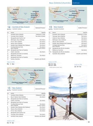 49
Saída em 2016
Mar	 2	Qua
Saída em 2015
Dez	17	 Qui
Saídas em 2015
Nov	16	 Seg
Nov	29	 Dom Saída em 2016
Jan	 19†	Ter
DIA PORTOS DURAÇÃO
1 Auckland, Nova Zelândia Embarque à Tarde
2 Tauranga, Nova Zelândia Dia Inteiro  Noite
3 Navegando pelo Pacífico Sul
4 Wellington, Nova Zelândia Dia Inteiro
5 Picton, Nova Zelândia Dia Inteiro
6 Akaroa, Nova Zelândia Dia Inteiro
7 Dunedin, Nova Zelândia (Port Chalmers) Dia Inteiro
8 Fiordland National Park,
Nova Zelândia
Dia Inteiro
Cruzeiro Cênico
9-10 Navegando pelo Mar da Tasmânia
11 Hobart, Austrália Dia Inteiro
12 Navegando pelo Mar da Tasmânia
13 Melbourne, Austrália Dia Inteiro
14 Navegando pelo Mar da Tasmânia
15 Sydney, Austrália Desemb. pela Manhã
DIA PORTOS DURAÇÃO
1 Auckland, Nova Zelândia Embarque à Tarde
2 Bay of Islands, Nova Zelândia Dia Inteiro
3-4 Navegando pelo Mar da Tasmânia
5 Sydney, Austrália Dia Inteiro
6-7 Navegando pelo Mar da Tasmânia
8 Fiordland National Park,
Nova Zelândia
Dia Inteiro
Cruzeiro Cênico
9 Dunedin, Nova Zelândia (Port Chalmers) Dia Inteiro
10 Akaroa, Nova Zelândia Dia Inteiro
11 Picton, Nova Zelândia Dia Inteiro
12 Navegando pelo Pacífico Sul
13 Tauranga, Nova Zelândia Dia Inteiro
14 Auckland, New Zealand Desemb. pela Manhã
DIA PORTOS DURAÇÃO
1 Auckland, Nova Zelândia Embarque à Tarde
2 Tauranga, Nova Zelândia Dia Inteiro
3 Gisborne, Nova Zelândia Dia Inteiro
4 Wellington, Nova Zelândia Dia Inteiro
5 Akaroa, Nova Zelândia Dia Inteiro
6 Dunedin, Nova Zelândia (Port Chalmers) Dia Inteiro
7 Fiordland National Park,
Nova Zelândia
Dia Inteiro
Cruzeiro Cênico
8-9 Navegando pelo Mar da Tasmânia
10 Melbourne, Austrália Dia Inteiro
11-13 Navegando pelo Mar da Tasmânia
14 Auckland, Nova Zelândia Desemb. pela Manhã
13Noites
New Zealand
Auckland / Auckland
Golden Princess®14Noites
Austrália  New Zealand
Auckland / Sydney
Diamond Princess®Diamond Princess
14 Day Australia/New Zealand (AUK - SYD) 015_R3_eps
Tasman
Sea
AUSTRALIA
NEW ZEALAND
Fiordland National Park
Scenic cruising
Dunedin
(Port Chalmers)
Sydney
Tauranga
Wellington
Picton
Auckland
AkaroaHobart
Melbourne
TASMANIA
Diamond Princess
13 Day New Zealand (RT Auckland) 015_R1_EPS
Tasman
Sea
AUSTRALIA
NEW ZEALAND
Fiordland National Park
Scenic cruising
Dunedin
(Port Chalmers)
Sydney
Tauranga
Picton
Auckland
Bay of Islands
Akaroa
13Noites
New Zealand
Auckland / Auckland
Diamond Princess®
	†	
Itinerário opera em sentido inverso..
Golden Princess
13 Day New Zealand_V1 (rtAUK) 015_R1_eps
Tasman
Sea
AUSTRALIA
NEW ZEALAND
Fiordland National Park
Scenic cruising
Dunedin
(Port Chalmers)
Tauranga
Wellington
Gisborne
AucklandMelbourne
Akaroa
Nova Zelândia  Austrália Exóticos
 