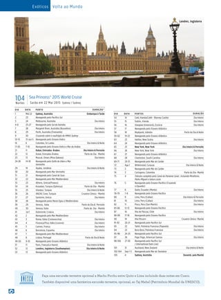 Faça uma excursão terrestre opcional a Machu Picchu entre Quito e Lima incluindo duas noites em Cusco.
Também disponível uma fantástica excursão terrestre, opcional, ao Taj Mahal (Patrimônio Mundial da UNESCO).
104Noites
Sea Princess® 2015 World Cruise
Saída em 22 Mai 2015 Sydney / Sydney
DIA DATA PORTO DURAÇÃO^
1 MaI 22 Sydney, Austrália Embarque à Tarde
2 23 Navegando pelo Pacífico Sul
3 24 Melbourne, Austrália Dia Inteiro
4-6 25-27 Navegando pelo Sul da Autrália
7 28 Margaret River, Austrália (Busselton) Dia Inteiro
8 29 Perth, Austrália (Fremantle) Dia Inteiro
9 30 Cruzando sobre o naufrágio do HMAS Sydney
10-15 31-Jun 5 Navegando pelo Oceano Índico
16 6 Colombo, Sri Lanka Dia Inteiro  Noite
17-20 7-10 Navegando pelo Oceano Índico e Mar da Arábia
21 11 Dubai, Emirados Árabes Dia Inteiro  Pernoite
22 12 Dubai, Emirados Árabes Parte do Dia - Manhã
23 13 Muscat, Oman (Mina Qaboos) Dia Inteiro
24-28 14-18 Navegando pelo Golfo de Aden e Mar
Vermelho
29 19 Aqaba, Jordânia Dia Inteiro  Noite
30 20 Navegando pelo Mar Vermelho
31 21 Navegando pelo Canal de Suez
32 22 Navegando pelo Mar Mediterrâneo
33 23 Athens, Grécia(Piraeus) Dia Inteiro
34 24 Kusadasi, Turquia (Ephesus) Parte do Dia - Manhã
35 25 Istanbul, Turquia Dia Inteiro  Noite
36 26 ANZAC Cove, Turquia Cruzeiro Cênico - Manhã
37 27 Santorini, Grécia Dia Inteiro
38 28 Navegando pelos Mares Egeu e Mediterrâneo
39 29 Veneza, Italia Parte do Dia  Pernoite
40 30 Veneza, Italia Parte do Dia - Manhã
41 Jul 1 Dubrovnik, Croácia Dia Inteiro
42 2 Navegando pelo Mar Mediterrâneo
43 3 Roma, Itália (Civitavecchia) Dia Inteiro
44 4 Florença/Pisa, Itália (Livorno) Dia Inteiro
45 5 Cannes, França Dia Inteiro
46 6 Barcelona, Espanha Dia Inteiro
47 7 Navegando pelo Mar Mediterrâneo
48 8 Lisboa, Portugal Parte do Dia  Noite
49-50 9-10 Navegando pelo Oceano Atlântico
51 11 Paris, França(Le Havre) Dia Inteiro  Noite
52 12 Londres, Inglaterra (Southampton) Dia Inteiro  Noite
53 13 Navegando pelo Oceano Atlântico
DIA DATA PORTOS DURAÇÃO
54 14 Cork, Irlanda(Cobh - Blarney Castle) Dia Inteiro
55 15 Dublin, Irlanda Dia Inteiro
56 16 Glasgow (Greenock), Escócia Dia Inteiro
57 17 Navegando pelo Oceano Atlântico
58 18 Reykjavik, Islândia Parte do Dia  Noite
59-62 19-22 Navegando pelo Oceano Atlântico
63 23 Halifax, New Scotia Dia Inteiro
64 24 Navegando pelo Oceano Atlântico
65 25 New York, New York Dia Inteiro  Pernoite
66 26 New York, New York Dia Inteiro
67 27 Navegando pelo Oceano Atlântico
68 28 Charleston, South Carolina Dia Inteiro
69-71 29-31 Navegando pelo Mar do Caribe
72 Ago 1 Willemstad, Curaçao Dia Inteiro  Noite
73 2 Navegando pelo Mar do Caribe
74 3 Cartagena, Colombia Parte do Dia- Manhã
75 4 Trânsito completo pelo Canal do Panamá Canal , incluindo Miraflores,
Pedro Miguel e Gatun Locks
76 5 Navegando pelo Oceano Pacífico (Cruzando
o Equador)
77 6 Quito, Ecuador (Manta) Dia Inteiro
78-79 7-8 Navegando pelo Oceano Pacífico
80 9 Lima, Peru (Callao) Dia Inteiro  Pernoite
81 10 Lima, Peru (Callao) Dia Inteiro
82 11 Pisco, Peru (San Martín) Dia Inteiro
83-86 12-15 Navegando pelo Oceano Pacífico
87 16 Ilha de Páscoa, Chile Dia Inteiro
88-89 17-18 Navegando pelo Oceano Pacífico
90 19 Ilha Pitcairn Cruzeiro Cênico- Manhã
91-92 20-21 Navegando pelo Pacífico Sul
93 22 Tahiti, Polinésia Francesa (Papeete) Dia Inteiro
94 23 Bora Bora, Polinésia Francesa Dia Inteiro
95-96 24-25 Navegando pelo Pacífico Sul
97 26 Pago Pago, American Samoa Dia Inteiro
98-100 27-30 Navegando pelo Pacífico Sul
( International Date Line)
101 31 Auckland, New Zealand Dia Inteiro  Noite
102-104 Sep 1-3 Navegando pelo Mar da Tasmânia
105 4 Sydney, Austrália Desemb. pela Manhã
Londres, Inglaterra
Exóticos Volta ao Mundo
 