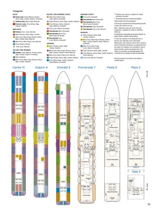 59
Gala 4
/14
rincess
Deck8
ald_8.eps
Panoramic
Lifts
Lift Lift Lift Lift
Lift Lift Lift Lift
Lift
Lift Lift
Lift
Self Service
Laundromat
E101
E103
E105
E107
E109
E111
E115
E117
E119
E121
E123
E125
E201
E203
E205
E211
E209
E207
E215
E217
E219
E221
E223
E225
E227
E229
E231
E301
E303
E305
E307
E309
E311
E315
E319
E323
E325
E327
E329
E331
E333
E335
E401
E403
E405
E407
E409
E411
E415
E417
E421
E425
E429
E433
E419
E423
E427
E431
E435
E437
E439
E441
E443
E445
E501
E503
E505
E507
E509
E511
E515
E517
E519
E521
E523
E525
E529
E531
E527
E533
E535
E601
E603
E605
E607
E609
E611
E102
E104
E106
E108
E110
E112
E114
E118
E122
E116
E120
E124
E126
E128
E130
E202
E204
E206
E212
E214
E216
E218
E220
E222
E224
E226
E228
E230
E302
E304
E306
E308
E310
E210
E208
E312
E314
E318
E317
E321
E316
E320
E322
E324
E326
E328
E330
E332
E334
E402
E404
E406
E408
E410
E412
E414
E416
E420
E424
E428
E432
E418
E422
E426
E430
E434
E436
E438
E440
E442
E444
E502
E504
E506
E508
E510
E512
E514
E516
E518
E520
E522
E524
E526
E528
E530
E602
E604
E606
E608
E610
E612
E615
E617
E619
E621
E623
E625
E627
E629
E631
E701
E703
E705
E707
E709
E711
E715
E717
E719
E721
E723
E725
E729
E614
E616
E618
E620
E622
E624
E626
E628
E630
E702
E704
E706
E708
E710
E712
E714
E716
E718
E720
E722
E724
E728
E730
E732
E733
E731
SydneySydney
E727E726
AucklandAuckland
103ft.fromBow33ft.fromStern
5/5/14
RoyalPrincess
GalaDeck4
Royal_Gala_4.eps
Panoramic
Lifts
Tender
Embarkation
Tender
Embarkation
Lift
Lift Lift
Lift
Medical
Center
Medical
Center
Categorias
SUITE
S2 	Owner’s suite, Popa (Marina, Riviera,
Aloha, Baja, Caribe, Dolphin, Emerald)
S4 Penthouse suite, Meio-Popa (Riviera)
S5 Premium suite, Proa (Aloha, Baja,
Caribe, Dolphin)
MINI-SUITE
M6 Premium, Proa (Lido, Marina)
MA Meio (Riviera, Aloha, Baja, Caribe)
MB Meio-Proa, Meio-Popa (Riviera, Aloha,
Baja, Caribe), Meio (Marina)
MC Meio-Proa, Meio-Popa (Lido, Marina)
ME Proa (Riviera, Aloha)
MF Proa (Lido, Marina)
DELUXE COM VARANDA
D4 Premium, Popa (Marina, Riviera, Aloha,
Baja, Caribe, Dolphin, Emerald)
DA  Meio (Dolphin)
DB Meio-Proa, Meio-Popa (Riviera, Aloha,
Baja, Caribe, Dolphin)
DELUXE COM VARANDA (CONT.)
DC Meio-Proa, Meio-Popa
(Lido, Marina, Emerald)
DD Popa (Riviera, Aloha, Baja, Caribe, Dolphin)
DE Proa (Riviera, Aloha, Dolphin),
Popa (Marina, Emerald)
DF Proa (Lido, Marina, Emerald)
DV Vista obstruída Meio (Emerald)
DW Vista obstruída Meio-Proa,
Meio-Popa (Emerald)
DZ Vista obstruída Proa
(Lido, Marina, Emerald)
VARANDA
BA Meio (Riviera, Aloha, Baja,
Caribe, Dolphin)
BB Meio-Proa, Meio-Popa (Riviera, Aloha,
Baja, Caribe, Dolphin), Meio (Marina)
BC Meio-Proa, Meio-Popa (Lido, Marina)
BD Popa (Riviera, Aloha, Baja, Caribe, Dolphin)
BE Proa (Aloha, Baja, Caribe, Dolphin),
Popa (Marina, Emerald)
VARANDA (CONT.)
BF Proa (Lido, Emerald)
BV Vista obstruída Meio (Emerald)
BW Vista obstruída Meio-Proa,
Meio-Popa (Emerald)
BY Vista obstruída Popa (Emerald)
BZ Vista obstruída Proa (Lido, Marina)
INTERIOR
IA Meio (Riviera, Aloha, Baja,
Caribe, Dolphin)
IB Meio-Proa, Meio-Popa (Riviera, Aloha,
Baja, Caribe, Dolphin), Meio (Marina,
Emerald)
IC Meio-Proa, Meio-Popa
(Lido, Marina, Emerald)
ID Popa (Riviera, Aloha, Baja, Caribe)
IE Proa (Riviera, Aloha, Baja, Caribe Dolphin),
Popa (Marina)
IF Proa (Lido, Marina, Emerald)
°	Cabines com acesso a cadeira de rodas;
somente chuveiro
•	 Acomoda terceiro e quarto passageiro
▲Acomoda terceiro passageiro
‡	Porta da varanda ficará bloqueada quando
o leito alto estiver em uso.
Nota: Algumas áreas do navio não são
acessíveis a cadeiras de roda ou cadeiras
elétricas.
As distâncias mostradas são da proa (frente) ou
popa (atrás) à cabine mais próxima.
A vista das cabines é considerada livre, a
menos que indicada como obstruída.
Obstruções não incluem certos itens náuticos
como corrimões, divisórias ou equipamentos
do navio. Em cabines com varanda, a vista é
determinada a partir da perspectiva dos
trilhos da varanda. As varandas podem ter
corrimão em aço sólido ou vidro tempçerado.
Nota: Esse plano de Decks está sujeito a
modificações.
ProaPopa
12/12
Princess
adeDeck7
enade_7.eps
Panoramic
LiftsLift
Lift Lift
Lift
Gents
Ladies
Lift Lift Lift Lift
Gents
Ladies
Princess Theater
Upper Level
Essence
Calypso
Cove
Facets
Princess Live
Crown
Grill
Vista Lounge
Dance
Floor
Wheelhouse
Bar
Bar
Crooners
Future
Cruise
Center
BarBar
Lift Lift Lift Lift
Meridian
Bay
Meridian
Bay
The
Library
Princess
Live Café
Princess
Live Café
Ocean Terrace
Seafood Bar
Ocean Terrace
Seafood Bar
Captain’s
Circle
Captain’s
Circle
Princess
Art
Gallery
LimelightLimelight
Promenade 7
4/5/12
RoyalPrincess
FiestaDeck6
yal-Fiesta_6.eps
Lift Lift Lift Lift
Panoramic
LiftsLift
Lift Lift
Lift
Gents
Ladies
GentsLadies
Gents
Ladies
Princess Casino
Club 6
Dance
Floor
Bar
Photo 
Video
Gallery
Princess Theater
Lower Level
Churchill’sChurchill’s
Lift Lift Lift Lift
Stage
Allegro Dining Room
Concerto Dining Room
Alfredo’sAlfredo’sBellini’s
Chef's Table
Lumière
Wine
Cellar
Fiesta 6
3/12/12
RoyalPrincess
GalaDeck4
Royal_Gala_4.eps
Panoramic
Lifts
Tender
Embarkation
Tender
Embarkation
Lift
Lift Lift
Lift
Medical
Center
Medical
Center
Gala 4
3/22/12
RoyalPrincess
PlazaDeck5
Royal-Plaza_5.eps
Lift Lift Lift Lift
Panoramic
LiftsLift
Lift Lift
Lift
Gents
Ladies
International
Café
Celebrations
Vines
Massage
Massage
Sabatini’s
Massage
Male
Change
Male
Change
Shore
Excursions
Desk
Shore
Excursions
Desk
Thermal Suite
Female
Change
Female
Change
BeautySalon
The Piazza
Lotus SpaLotus Spa  Salon
SpaEntranceSpaEntrance
Internet
Café
Internet
Café
Symphony Dining Room
Gelato
Passenger
Services
Wine
Cellar
Plaza 5Dolphin 9Caribe 10
Self Service
Laundromat
Lift Lift Lift Lift
Lift Lift Lift Lift
Lift
Lift Lift
Lift
Panoramic
Lifts
D121
D123
D127
D131
D135
D125
D129
D133
D137
D139
D141
D143
D145
D147
D149
D151
D201
D203
D205
D211
D209
D207
D215
D217
D219
D221
D223
D225
D227
D229
D231
D301
D303
D305
D307
D309
D311
D317
D321
D323
D325
D327
D329
D331
D333
D401
D403
D405
D407
D409
D411
D415
D417
D421
D425
D429
D433
D419
D423
D427
D431
D435
D437
D439
D441
D443
D501
D503
D505
D507
D509
D511
D515
D517
D519
D521
D523
D525
D531
D533
D527
D529
D535
D537
D601
D603
D605
D607
D609
D611
D122
D124
D128
D132
D136
D126
D130
D134
D138
D140
D142
D144
D146
D148
D150
D152
D202
D204
D206
D212
D214
D216
D218
D220
D222
D224
D226
D228
D230
D302
D304
D306
D308
D210
D208
D310
D312
D316
D315
D319
D314
D318
D320
D322
D324
D326
D328
D330
D332
D402
D404
D406
D408
D410
D412
D414
D416
D420
D424
D428
D432
D418
D422
D426
D430
D434
D436
D438
D440
D442
D502
D504
D506
D508
D510
D512
D514
D516
D518
D520
D522
D524
D526
D528
D530
D602
D604
D606
D608
D610
D612
D615
D617
D619
D621
D623
D625
D627
D629
D631
D701
D703
D705
D707
D709
D711
D715
D717
D719
D721
D723
D727
D614
D616
D618
D620
D622
D624
D626
D628
D630
D702
D704
D706
D708
D710
D712
D714
D716
D718
D720
D722
D726
D728
D730
D731
D729
LahainaLahainaLahainaMaui
HiloKauai
D725D724
43ft.fromStern80ft.fromBow
Self Service
Laundromat
Lift Lift Lift Lift
Lift Lift Lift Lift
Lift
Lift Lift
Lift
Panoramic
Lifts
C101
C103
C107
C111
C117
C105
C109
C115
C119
C121
C125
C129
C133
C137
C139
C201
C205
C209
C215
C227
C223
C219
C231
C235
C239
C243
C247
C251
C253
C255
C301
C303
C305
C307
C309
C311
C315
C319
C321
C325
C327
C331
C333
C337
C401
C403
C407
C409
C415
C417
C421
C423
C427
C429
C433
C435
C437
C439
C441
C443
C501
C503
C505
C507
C509
C511
C515
C517
C519
C521
C525
C527
C533
C535
C539
C523
C529
C522
C528
C537
C531
C601
C603
C605
C607
C609
C611
C102
C104
C108
C112
C116
C106
C110
C114
C118
C123
C127
C131
C135
C122
C126
C130
C134
C203
C207
C211
C217
C204
C208
C212
C216
C221
C225
C229
C233
C220
C224
C228
C232
C237
C241
C245
C249
C236
C240
C244
C248
C120
C124
C128
C132
C136
C138
C202
C206
C210
C214
C226
C230
C234
C238
C242
C246
C250
C252
C254
C302
C304
C306
C308
C310
C222
C218
C312
C314
C318
C316
C317
C322
C323
C328
C329
C334
C335
C406
C405
C412
C411
C418
C419
C424
C425
C430
C431
C320
C324
C326
C330
C332
C336
C402
C404
C408
C410
C414
C416
C420
C422
C426
C428
C432
C434
C436
C438
C440
C442
C502
C504
C506
C508
C510
C512
C514
C516
C518
C520
C524
C526
C530
C532
C534
C602
C604
C606
C608
C610
C612
C615
C617
C619
C621
C623
C625
C627
C629
C631
C701
C703
C705
C707
C709
C711
C719
C721
C727
C729
C735
C715
C717
C723
C725
C731
C733
C739
C614
C616
C618
C620
C622
C624
C626
C628
C630
C702
C704
C706
C708
C710
C712
C718
C720
C726
C728
C734
C737C736
C714
C716
C722
C724
C730
C732
C738
C740
C742
C743
C741
FijiMooreaMoorea
Bora BoraBora Bora Tahiti
Emerald 8
 