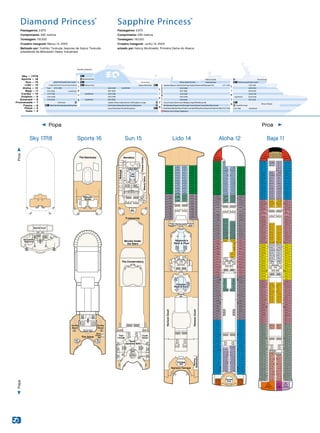 2/28/14
Diamond
SunDeck15
Diamond-Sun_15.eps
Lift Lift
Lift Lift
FitnessCenter
BeautySalon
Aerobics
Lotus Spa
Steam
Room
Steam
Room SaunaSauna
Massage
Lift Lift Lift Lift
Male
Change
Female
Change
Ladies
Cypress
Bath
Washing
Area
Washing
Area
Changing
Room
Changing
Room
Gents
The Conservatory
Lap
Pool
Spa
Entrance
Spa
Entrance
Bar
Tradewinds
Movies Under
the Stars
Hot
Sauna
Hot
Sauna
Hot
Sauna
Hot
Sauna
Stone
Bath
Stone
Bath
Mist
Sauna
Outdoor
Whirlpool
Outdoor
Whirlpool
Japanese
Garden
Japanese
Garden
Foot
Bath
Foot
Bath
UtaseyuUtaseyu
Izumi
Japanese Bath
Izumi
Japanese Bath
Youth
Center
Cypress
Bath
Cypress
Bath
Teen
Lounge
10/10/13
Diamond
SkyDeck17/18
Diamond-Sky_17-18.eps
Skywalkers
Nightclub
Bar
Ladies
Gents
Ladies/
Gents
Sports Court
3/10/12
Diamond
AlohaDeck12
Diamond-Aloha_12.eps
A202
A106
A206
A210
A214
A218
A222
A226
A230
A234
A238
A242
A246
A250
A203
A207
A211
A217
A221
A225
A229
A233
A237
A241
A245
A249
A253
A257
A318
A314
A310
A322
A326
A330
A334
A338
A342
A319
A315
A323
A327
A331
A335
A339
A343
A403A409
A518 A521
A417
A421
A507A515
A512A506
A304
A306
A308
A312
A316
A320
A324
A328
A332
A336
A340
A400
A402
A404
A406
A200
A204
A108
A104
A110
A208
A212
A216
A220
A224
A228
A232
A236
A240
A244
A248
A252
A254
A302
A300
A408
A410
A412
A414
A416
A418
A420
A422
A500
A502
A504
A508
A510
A514
A516
A520
A522
A524
A600
A602
A604
A606
A608
A610
A612
A614
A616
A618
A620
A622
A624
A626
A628
A630
A700
A702
A704
A708
A710
A714
A718
A722
A726
A730
A734
A738
A742
A706
A712
A716
A720
A724
A728
A732
A736
A740
A305
A201
A205
A209
A215
A219
A223
A227
A231
A235
A239
A243
A247
A251
A255
A259
A303
A301
A307
A309
A311
A317
A321
A325
A329
A333
A337
A341
A401
A405
A407
A411
A415
A419
A423
A425
A427
A429
A431
A433
A501
A503
A505
A509
A511
A517
A519
A523
A525
A527
A601
A603
A605
A607
A609
A611
A615
A617
A619
A621
A623
A625
A627
A629
A631
A633
A701
A703
A705
A709
A715
A719
A723
A727
A731
A735
A739
A743
A747
A711
A707
A717
A721
A725
A729
A733
A737
A741
A745
Lift Lift
Lift Lift
Panoramic
Lifts
SelfService
Laundromat
SelfService
Laundromat
Lift Lift Lift Lift
Lift
Lift
Lift
Lift
A744
A746
A751
A749
Terrace
Pool
176ft.fromBow13ft.fromStern
Acapulco
10/10/13
Diamond
SkyDeck17/18
Diamond-Sky_17-18.eps
Skywalkers
Nightclub
Bar
Ladies
Gents
Ladies/
Gents
Sports Court
5/18/12
Diamond Princess
Proﬁle
Diamond_proﬁle.eps
DIAMOND PRINCESS
Skywalkers Nightclub
OasisBarHotTubs
Club Fusion
WakeView Bar/International Dining Room
Pool A751-A700
Laundromat
Laundromat
Laundromat
Laundromat
Laundromat
Laundromat
B753-B700
C757-C700
D741-D700
E735-E700
The Sanctuary
Pool/Lotus Spa/Fitness CenterConservatory
Churchill Lounge
A259-A104
L259-L200
P247-P200P337-P300
B259-B100
C259-C100
D235-D100
E231-E100
PrincessTheater
Medical Center/Tender Embarkation
A433-A300
L311-L300Sundaes/Neptune's Reef  Pool/Prego Pizzeria/Trident Grill/Mermaid'sTail
Facets/Crooners Bar/Essence/Wedding Chapel/Wheelhouse Bar
Meridian Bay/Calypso Cove/Passenger Services/Grand Casino  Bar/Video Arcade
GrandPlaza/LobbyBar/ShoreEx/FutureCruiseSales/WritingRoom/Library/CircleDesk/ArtGallery
B437-B300
C425-C300
D425-D300
E425-E300
Tradewinds Bar
Sabatini's/Photo Gallery/Internet Café/Explorers Lounge
Pacific Moon Dining Room/Santa Fe Dining Room
Savoy Dining Room/Vivaldi Dining Room
A633-A500
B637-B500
C635-C500
D633-D500
E633-E500
Calypso Reef  Pool
Splash Pool/Youth Teen Centers
Horizon Court
L
I
F
T
S
L
I
F
T
S
L
I
F
T
S
P
A
N
O
R
A
M
I
C
L
I
F
T
S
Outrigger Bar/HorizonTerrace/Sterling Steakhouse
Movies Under the Stars
Plaza – 5
Gala – 4
Promenade – 7
Fiesta – 6
Dolphin – 9
Emerald – 8
Baja – 11
Lido – 14
Sports – 16
Caribe – 10
Aloha – 12
Sun – 15
Sky – 17/18
Platinum Studio
Diamond Princess®
Sapphire Princess®
Passageiros: 2.670
Comprimento: 290 metros
Tonelagem: 116.000
Cruzeiro inaugural: Março 13, 2004
Batizado por: Yoshiko Tsukuda, (esposa de Kazuo Tsukuda,
presidente da Mitsubishi Heavy Industries)
Passageiros: 2.670
Comprimento: 290 metros
Tonelagem: 116.000
Cruzeiro Inaugural: Junho 13, 2004
arizado por: Nancy Murkowski, Primeira Dama do Alasca
Popa Proa
5/17/12
Diamond
SportsDeck16
Diamond-Sports_16.eps
Hot
Tub
Hot
Tub
Shuffle
Board
Shuffle
Board
Deck
Chess
SetThe Oasis
LiftLift
LiftLift
Gents
Ladies
Oasis Bar
Ladies/
Gents
The Sanctuary
Platinum
Studio
3/10/12
Diamond
BajaDeck11
Diamond-Baja_11.eps
B621
B625
B716
B720
B724
B728
B732
B736
B740
B744
B748
B201
B205
B209
B215
B109
B115
B119
B123
B219
B223
B227
B231
B235
B239
B243
B247
B251
B255
B259
B305
B303
B301
B307
B309
B311
B317
B321
B325
B329
B333
B337
B341
B401
B405
B409
B415
B419
B423
B427
B429
B431
B433
B435
B437
B501
B503
B505
B509
B515
B519
B523
B527
B531
B535
B601
B603
B605
B607
B609
B611
B615
B617
B619
B623
B627
B629
B631
B633
B635
B637
B701
B703
B705
B707
B709
B715
B719
B723
B727
B731
B735
B739
B743
B747
B200
B204
B208
B212
B106
B107B104
B102
B100
B101
B103
B105
B110
B114
B116
B216
B220
B224
B228
B232
B236
B240
B244
B248
B252
B256
B304
B306
B308
B312
B316
B320
B324
B328
B332
B336
B340
B400
B404
B408
B412
B302
B300
B416
B420
B424
B426
B428
B430
B432
B434
B500
B502
B504
B508
B512
B516
B520
B524
B528
B532
B600
B602
B604
B606
B608
B610
B612
B614
B616
B620
B624
B626
B628
B630
B632
B634
B700
B702
B704
B706
B710
B714
B718
B722
B726
B730
B734
B738
B742
B746
B750 B751
B717
B721
B708
B712 B711
B725
B729
B733
B737
B741
B745
B749
B753
Lift Lift Lift Lift
Lift Lift
Lift Lift
Lift Lift
Lift Lift
B202
B206
B210
B214
B218
B222
B226
B230
B234
B238
B242
B246
B250
B254
B319
B315
B323
B327
B331
B335
B339
B343
B403
B407
B411
B417
B421
B425
B510
B514
B518
B522
B526
B530
B506
B534
B511
B507
B517
B521
B525
B529
B533
B537
B618
B622
B318
B314
B310
B322
B326
B330
B334
B338
B342
B402
B406
B410
B414
B418
B422
B203
B207
B211
B217
B111
B117
B108
B112
B121
B125
B221
B225
B229
B233
B237
B241
B245
B249
B253
B257
Panoramic
Lifts
Self Service
Laundromat
Self Service
Laundromat
8ft.fromStern110ft.fromBow
Malloria
Grand Suite Puerto
Vallarta Cannes
Valencia
3/10/12
Diamond
LidoDeck14
Diamond-Lido_14.eps
L200
L204
L208
L212
L216
L220
L224
L228
L232
L236
L240
L244
L248
L252
L254
L306
L308
L310
L307
L309
L311
L300
L302
L304
L301
L303
L305
L202
L206
L210
L214
L218
L222
L226
L230
L234
L238
L242
L246
L250
L201
L205
L209
L215
L219
L223
L227
L231
L235
L239
L243
L247
L251
L255
L259
L203
L207
L211
L217
L221
L225
L229
L233
L237
L241
L245
L249
L253
L257
Trident
Grill
Prego
Pizzeria
The Mermaid's
Tail Bar
Neptune's
Reef  Pool
Lift Lift Lift Lift
Ladies
Lift
Lift
Panoramic
Lifts
Hot
Tub
Hot
Tub
Hot
Tub
Hot
Tub
Calypso
Reef  Pool
Calypso
Bar
HorizonCourt
HorizonCourt
Lift
Lift Lift
Lift
Horizon Terrace
Outrigger
Bar
LadiesGents
Gents
Lift
Lift
Sundaes
580ft.fromStern176ft.fromBow
Sterling
Steakhouse
Sterling
Steakhouse
Lido 14Sports 16 Aloha 12 Baja 11
ProaPopa
Sun 15Sky 17/18
 
