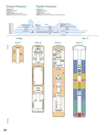 3/6/12
OceanPrincess
Deck9
Ocean_9.eps
Pool
Bandstand
Hot
Tub
Hot
Tub
Spa
BBQ
Fitness
Center
Card
Room
Pool Bar
Lift Lift
Male
Change
Female
Change
Steam
Room
Steam
Room
Lift
Panorama Buffet
PizzeriaBar
LiftLadies
Gents
Ladies/
Gents
Beauty
Salon
Lotus Spa
Internet
Café
Ladies
Gents
3/6/12
OceanPrincess
Deck8
Ocean_8.eps
8001
8003
8005
8007
8009
8011
8019
8021
8023
8025
8033
8035
8041
8043
8045
8047
8049
8051
8053
8055
8057
8059
8061
8063
8065
8027
8029
8000
8002
8004
8006
8008
8010
8016
8018
8020
8022
8030
8032
8038
8040
8042
8044
8046
8048
8050
8052
8054
8056
8058
8060
8062
8024
8026
8066
8069
8064 8067
Lift Lift
8028
8031
8034
8037
8036
8039
Lift Lift
8014
8017
8012
8015
Paul
Gauguin
Captain
Cook
187ft.fromBow28ft.fromStern
4/24/09
OceanPrincess
Deck11
Ocean_11.eps
Sun Deck
Shuffleboard
Golf
Practice
Cage
3/6/12
OceanPrincess
Deck10
Ocean_10.eps
Lift
Bar
Sabatini's
SterlingSteakhouse
Bar
Tahitian Lounge
Dance
Floor
Stage
Lift
LadiesGents
LadiesGents
Library
Lift Lift
JoggingTrackJoggingTrack
Deck 9Deck 10 Deck 8Deck 11
ProaPopa
Card Room/Internet Café/Lotus Spa/Fitness Center
8048-8069
7088-7121
6060-6093
8004-8049
7028-7089
6034-6061
Cabaret Lounge
4016-4056
8000-8003
7000-7029
6000-6031
4000-4017
3001-3031
Club Restaurant and Bar
Sabatini's/Sterling Steakhouse
Pizzeria/Panorama Buffet BBQ/Bandstand Pool/Pool Bar
Laundromat
Passenger Services/Shore Excursions Desk Medical Center
Tender Embarkation
JoggingTrack
Tahitian LoungeLibrary
OCEAN PRINCESS
Deck – 10
Deck – 9
Deck – 11
Deck – 8
Deck – 7
Deck – 6
Deck – 5
Deck – 4
Deck – 3
L
I
F
T
S
S
T
A
I
R
S
L
I
F
T
S
S
T
A
I
R
S
Future Cruise Sales/Captain’s Circle/Shops/Casino/Photo Gallery
Sun Deck/Shuffleboard/Golf Practice Cage
3/4/12
Ocean Princess
Proﬁle
Ocean_proﬁle.eps
Ocean Princess®
Pacific Princess®
Passageiros: 680
Comprimento: 180 metros
Tonelagem: 30.200
Cruzeiro inaugural: Dezembro 24, 2002
Batizado por: Pali McGraw y Ryan O´Neal (atores)
Passageiros: 680
Comprimento: 180 metros
Tonelagem: 30.200
Inaugural Cruise: Abril 27, 2003
Batizado por: Gabi Hollows (Fundadora da Fundação Fred Hollows)
Popa Proa
 