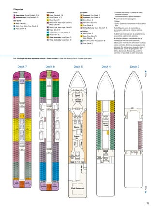 71
5/5/14
OceanPrincess
Deck4
Ocean_4.eps
Lift Lift
Lift Lift
Shore
Excursions
4000
4002
4004
4006
4008
4010
4012
4014
4016
4018
4022
4020
4024
4026
4030
4001
4003
4005
4007
4009
4011
4015
4017
4019
4021
4023
4025
4027
4029
4031
4032
4036
4035
4040
4042
4044
4046
4048
4050
4052
4056
4033
4037
4039
4041
4043
4045
4047
4049
4051
4053
4055
143ft.fromBow219ft.fromStern
Medical
Center
Passenger
Services
Ladies/
Gents
5/5/14
PacificPrincess
Deck3
Pacific_3.eps
Tender
Tender
3001
3003
3005
3007
3009
3011
3015
3017
3019
3021
3023
3025
3027
3029
3031
Tender
Lift Lift
276ft.fromBow184ft.fromStern
3/6/12
OceanPrincess
Deck7
Ocean_7.eps
Lift
Self Service
Laundromat
Lift
Lift Lift
7006
7004
7008
7002
7003
7000
7001
7010
7012
7014
7016
7018
7020
7022
7024
7026
7028
7030
7032
7050
7053
7040
7043
7034
7036
7038
7042
7044
7046
7048
7054
7056
7058
7060
7062
7068
7071
7066
7069
7052
7055
7064
7070
7072
7074
7076
7078
7080
7082
7086
7084
7088
7090
7092
7094
7096
7098
7100
7102
7104
7106
7108
7110
7112
7007
7009
7011
7015
7017
7019
7021
7023
7025
7027
7029
7031
7033
7035
7037
7039
7041
7045
7047
7049
7051
7057
7059
7061
7063
7065
7067
7073
7075
7077
7079
7081
7083
7085
7087
7089
7091
7093
7095
7097
7099
7101
7103
7105
7107
7109
7111
7115
7117
7114 7119
7116
7121
7005
Tahiti Hawaii
Moorea Suva
90ft.fromBow19ft.fromStern
3/6/12
OceanPrincess
Deck6
Ocean_6.eps
Lift Lift
Lift Lift
6005
6003
6007
6009
6015
6017
6019
6021
6023
6025
6027
6029
6031
6004
6002
6006
6000
6001
6008
6012
6014
6016
6018
6020
6022
6024
6026
6028
6090
6093
60396037603560416043604560476049
60466036
6048
6050
6052
6054
6056
6058
6060
6062
6064
6066
6068
6051
6053
6055
6057
6059
6061
6063
6065
6067
6069
6071
6070
6072
6074
6076
6078
6080
6082
6084
6086
6088
6073
6075
6077
6079
6081
6083
6085
6087
6089
6091
Noumea Samoa
VanuatuSolomon
81ft.fromBow11ft.fromStern
3/6/12
ceanPrincess
Deck5
Ocean_5.eps
Lift Lift
Lift Lift
Ladies
Ladies Gents
Gents
Bar
Casino
Casino
Bar
Cabaret
Lounge
Dance
Floor
Club Restaurant
ClubBarPhotoGallery
Shop
Shop
Stage
Future
Cruise Sales
Future
Cruise Sales
Future
Cruise Sales
UpperHall
Princess
FineArtsGallery
Captain’s
Circle
Captain’s
Circle
Deck 5Deck 6Deck 7 Deck 4 Deck 3
ProaPopa
Categorias
SUITE
S2 Owner’s suite, Popa (Decks 6, 7, 8)
S3 Penthouse suite, Proa (Decks 6, 7)
MINI-SUITE
MB Meio (Deck 8)
MC Meio-Proa, Meio-Popa (Deck 8)
ME Popa (Deck 8)
VARANDA
B4 Popa (Decks 6, 7, 8)
B5 Proa (Decks 6, 7)
BA Meio (Deck 7)
BB Meio-Proa, Meio-Popa (Deck 7),
Meio (Deck 8)
BC Meio-Proa, Meio-Popa (Deck 6)
BD Popa (Deck 7)
BE Proa (Deck 7), Popa (Deck 6)
BF Proa (Deck 6)
BX Vista obstruída, Popa (Deck 7)
BY Vista obstruída, Popa (Deck 6)
EXTERNA
O5 Premium, Proa (Deck 7)
O6 Premium, Proa (Deck 6)
OB Meio (Deck 4)
OC Meio-Proa (Deck 4)
OF Proa (Deck 4)
OV Vista obstruída, Meio (Decks 3, 6)
INTERIOR
IA Meio (Deck 7)
IB Meio-Proa (Deck 7),
Meio (Decks 4, 8)
IC Meio-Proa, Meio-Popa (Deck 8)
IE Proa (Deck 7)
°	 Cabines com acesso a cadeira de rodas;
somente chuveiro
•	Acomoda terceiro e quarto passageiro
▲	Acomoda terceiro passageiro
	Vigias
◊	Cama Queen não conversível em duas camas
twin
Nota: Algumas áreas do navio não são
acessíveis a cadeiras de roda ou cadeiras
elétricas.
As distâncias mostradas são da proa (frente) ou
popa (atrás) à cabine mais próxima.
A vista das cabines é considerada livre, a
menos que indicada como obstruída.
Obstruções não incluem certos itens náuticos
como corrimões, divisórias ou equipamentos
do navio. Em cabines com varanda, a vista é
determinada a partir da perspectiva dos
trilhos da varanda. As varandas podem ter
corrimão em aço sólido ou vidro temperado.
Nota: Este mapa dos decks representa somente o Ocean Princess. O mapa dos decks do Pacific Princess pode variar.
 