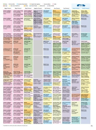 75
SMALL SHIP CRUISING
SMALL SHIP CRUISING
SMALL SHIP
CRUISING
SMALL SHIP
CRUISING
Sapphire Princess®
Sea Princess®
Royal Princess®
Regal Princess®
Ruby Princess®
O calendário de cruzeiros está sujeito a alterações sem prévio aviso
Cape Horn Route / Rio
Rio de Janeiro / Santiago
Jan 4 (14 noites)
Cape Horn 
Strait of Magellan
Santiago / Buenos Aires
Jan 18 (14 noites)
Cape Horn 
Strait of Magellan
Buenos Aires / Santiago
Fev 1, 29 (14 noites)
Santiago / Buenos Aires
Fev 15 (14 noites)
Andes  South America
Santiago / Los Angeles
Mar 14 (17 noites)
Pacific Coastal
Los Angeles / Vancouver
Mar 31 (4 noites)
British Isles
RT Londres
Jul 8, 20
(12 noites)
Scandinavia 
Russia
RT Copenhagen
Jul 7, 18, 29 (11 noites)
British Isles
RT Londres
Ago 1, 13, 25
(12 noites)
Scandinavia 
Russia
RT Copenhagen
Ago 9, 20, 31 (11
noites)
Iberian Passage
Londres / Ft. Lauderdale
Set 6 (15 noites)
Eastern Caribbean Voyager
RT Ft. Lauderdale
Set 21 (10 noites)
British Isles
 Norway Passage
Copenhagen / New York
Set 11 (15 noites)
Canada  New England
RT New York
Set 26 (7 noites)
Southern Caribbean Medley
RT Ft. Lauderdale
Out 11, 21 (10 noites)
Eastern Caribbean Voyager
RT Ft. Lauderdale
Out 11, 31 (10 noites)
Canada  New England
RT New York
Out 3, 10, 17 (7 noites)
Caribbean Islander
New York / Ft. Lauderdale
Out 24 (10 noites)
Southern Caribbean Medley
RT Ft. Lauderdale
Nov 10, 20 (10 noites)
Eastern Caribbean Voyager
RT Ft. Lauderdale
Nov 30 (10 noites)
Southern Caribbean Medley
RT Ft. Lauderdale
Mar 3, 23 (10 noites)
Eastern Caribbean Voyager
RT Ft. Lauderdale
Mar 13 (10 noites)
Southern Caribbean Medley
RT Ft. Lauderdale
Jan 9, 29 (10 noites)
Eastern Caribbean Voyager
RT Ft. Lauderdale
Jan 19 (10 noites)
Eastern Caribbean Getaway
RT FL • Nov 3 (5 noites)
Eastern Caribbean
RT Ft. Lauderdale
Nov 8, 22, 29 (7 noites)
Western Caribbean
RT FL • Nov 15 (7 noites)
Eastern Caribbean
RT Ft. Lauderdale
Jan3,10,24,31(7noites)
Western Caribbean
RT Ft. Lauderdale
Jan 17 (7 noites)
Eastern Caribbean
RT Ft. Lauderdale
Mar 6, 13, 27 (7 noites)
Western Caribbean
RT Ft. Lauderdale
Mar 20 (7 noites)
Eastern Caribbean Voyager
RT Ft. Lauderdale
Dez 10, 30 (10 noites)
Southern Caribbean Medley
RT Ft. Lauderdale
Dez 20 (10 noites)
Eastern Caribbean Voyager
RT Ft. Lauderdale
Fev 2, 22 (10 noites)
Southern Caribbean Medley
RT Ft. Lauderdale
Fev 12 (10 noites)
Western Caribbean
RT Ft. Lauderdale
Dez 6, 27 (7 noites)
Eastern Caribbean
RT Ft. Lauderdale
Dez 13, 20 (7 noites)
Western Caribbean
RT Ft. Lauderdale
Fev 7, 28 (7 noites)
Eastern Caribbean
RT Ft. Lauderdale
Fev 14, 21 (7 noites)
Southern Caribbean Medley
RT Ft. Lauderdale
Jan 8, 28 (10 noites)
Eastern Caribbean Voyager
RT Ft. Lauderdale
Jan 18 (10 noites)
Eastern Caribbean Voyager
RT FL • Abr 8 (10 noites)
Eastern Caribbean
RT FL • Abr 18 (7 noites)
Western Europe Passage
Ft. Lauderdale / Londres
Abr 25 (14 noites)
Eastern Caribbean
RT Ft. Lauderdale
Jan 4, 11, 18, 25 (7
noites)
Eastern Caribbean
RT FL • Abr 5 (7 noites)
Eastern Caribbean Getaway
RT FL • Abr 12 (3 noites)
Northern Europe Passage
FL / Copenhagen
Apr 15 (17 noites)
Eastern Caribbean Voyager
RT Ft. Lauderdale
Fev 7, 27 (10 noites)
Southern Caribbean Medley
RT Ft. Lauderdale
Fev 17 (10 noites)
British Isles
RT Londres
Mai 9, 21 (12 noites)
Eastern Caribbean
RT Ft. Lauderdale
Fev 1, 15, 22 (7 noites)
Scandinavia  Russia
RT Copenhagen
Mai 2, 13, 24(11noites)
Southern Caribbean Medley
RT Ft. Lauderdale
Mar 9, 29 (10 noites)
Eastern Caribbean Voyager
RT Ft. Lauderdale
Mar 19 (10 noites)
British Isles
RT Londres
Jun 2, 26 (12 noites)
Baltic Heritage
RT Londres
Jun 14 (12 noites)
Eastern Caribbean
RT Ft. Lauderdale
Mar 1, 8, 15, 22, 29
(7 noites)
Scandinavia  Russia
RT Copenhagen
Jun 4, 15, 26(11noites)
Inside Passage
RT Seattle
Jul 5, 12, 19, 26a
(7 noites)
Inside Passage
RT Seattle
Aug 2, 9, 16, 23, 30
(7 noites)
Inside Passage
RT SEA • Set 6 (7 noites)
Pacific Coastal
VAN / LA • Set 14 (3 Noites)
West Coast Getaway
RT Los Angeles
Set 17, 21, 25, 29 (4 Noites)
Hawaiian Islands
RT Los Angeles
Out 3 (15 noites)
Mexico
RT Los Angeles
Out 18, 25 (7 noites)
California Coastal
RT LA • Nov 1 (7 noites)
Mexico
RT LA • Nov 8 (7 noites)
Hawaiian Islands
RT LA • Nov 15 (15 noites)
Pacific Coastal
LA / VAN • Nov 30 (3 noites)
West Coast Getaway
RT LA • Mar 10 (4 noites)
Mexico
RT Los Angeles
Mar 14 (10 noites)
Hawaiian Islands
RT Los Angeles
Mar 24 (15 noites)
Pacific Coastal
Vancouver / Los Angeles
Dez 15 (3 noites)
Hawaiian Islands
RT Los Angeles
Dez 18 (15 noites)
Mexico
RT Los Angeles
Jan 2, 24, 31 (7 noites)
Hawaiian Islands
RT Los Angeles
Jan 9 (15 noites)
Mexico
RT LA • Fev 7 (7 noites)
RT Los Angeles
Fev 29 (10 noites)
Hawaiian Islands
RT Los Angeles
Fev 14 (15 noites)
Eastern Caribbean
RT Ft. Lauderdale
Jan 3, 17, 24 (7 noites)
Western Caribbean
RT FL • Jan 10 (7 noites)
Brazilian Adventure
FL / Rio • Jan 31 (18 noites)
Hawaiian Islands
RT LA • Abr 4 (15 noites)
Mexico
RT LA • Apr 19 (7 noites)
Pacific Coastal
LA / VAN • Abr 26 (3 noites)
Alaska Sampler
VAN / SEA • Abr 29 (3 noites)
Cape Horn Route / Rio
Rio / Santiago
Fev 18 (14 noites)
Inside Passage
RT Seattle
Mai 3, 10, 17, 24, 31
(7 noites)
Andes  South America
SAN / LA • Mar 4 (17 noites)
Mexico
RT LA • Mar 21 (7 noites)
California Coastal
RT LA • Mar 28 (7 noites)
Inside Passage
RT Seattle
Jun 7, 14, 21, 28
(7 noites)
Grand Asia
Xangai / Cingapura
Out 6 (17 noites)
Cingapura / Beijing
Out 23 (17 noites)
Grand Asia
Beijing / Cingapura
Nov 9 (17 noites)
Malaysian Peninsula
RT Cingapura
Nov 26 (5 noites)
Southeast Asia
RT CING•Dez1,18(1011noites)
Strait of Malacca
RT CING • Dez 11 (3 noites)
Malaysia
RT CING • Dez 14 (4 noites)
Malaysia Pen.  Indonesia
RT CING • Dez 29 (10 noites)
Vietnam  Thailand
RT Cingapura
Fev 7 (7 noites)
Malaysia Pen.  Indonesia
RT CING • Fev 14 (10 noites)
Southeast Asia
RT CING • Fev 24 (11 noites)
Thailand-RT CING•Jan8(5noites)
Indonesia
RT CING • Jan 13 (10 noites)
Strait of Malacca
RT CING • Jan 23 (3 noites)
Malaysia-RT CING•Jan26(4noites)
Vietnam  Thailand
RT CING • Jan 30 (7 noites)
China  South East
Asia
Beijing / Hong Kong
Abr 10 (14 noites)
Strait of Malacca
RT CING • Fev 6, 13 (3 noites)
Malaysia-RT CING•Fev9(4noites)
Vietnam  Thailand
RT CING • Fev 16 (7 noites)
Thailand  Malaysia
RT CING • Fev 23 (5 noites)
SEASIA-RT CING•Fev28(10noites)
Southeast Asia
RT Cingapura
Jan 8, 27 (11 noites)
Malaysia
RT Cingapura
Jan 19, 23 (4 noites)
Vietnam  Thailand
RT CING • Mar 6 (7 noites)
Malaysia
RT CING • Mar 13 (4 noites)
Thailand
RT CING • Mar 17 (5 noites)
Grand Asia
CING / Beijing • Mar 22 (17 noites)
Grand Asia
Cingapura / Beijing
Mar 24 (17 noites)
World Cruise
(continuação)
World Cruise
(continuação)
Northern Australia Explorer
Sydney / Perth
Set 4 (17 noites)
Treasures of Asia
Perth / Cingapura
Set 21 (12 noites)
Treasures of Asia
Cingapura / Perth
Out 17 (12 noites)
Northern Australia Explorer
Perth / Brisbane
Out 29 (15 noites)
New Caledonia  Vanuatu
RT Brisbane
Nov 13 (11 noites)
Papua  New Guinea
RT Brisbane
Nov 24 (10 noites)
New Zealand
RT Brisbane
Dez 4, 29 (14 noites)
New Caledonia  Vanuatu
RT Brisbane
Dez 18 (11 noites)
New Zealand
RT Brisbane
Fev 5 (14 noites)
New Caledonia  Vanuatu
RT Brisbane
Fev 19 (11 noites)
New Caledonia  Vanuatu
RT Brisbane
Jan 12 (10 noites)
New Zealand
RT Brisbane
Jan 22 (14 noites)
Papua New Guinea
RT Brisbane
Mar 1 (10 noites)
New Zealand
RT Brisbane
Mar 11, 25 (14 noites)
New Zealand
RT Brisbane
Jan 13, 27 (14 noites)
New Zealand
RT BRS • Abr 1 (14 noites)
Australia Coastal
BRS / SYD • Abr 15 (2 noites)
Hawaii, Tahiti  South Pacific
RT Sydney
Abr 17 (35 noites)
Fijian Jewels
RT Brisbane
Fev 10 (11 noites)
Papua  New Guinea
RT Brisbane
Fev 21 (11 noites)
World Cruise
RT Sydney
Mai 22 (104 noites)
New Zealand
RT Brisbane
Mar 4, 18 (14 noites)
World Cruise
(continuação)
Alasca Ásia  África Austrália  Nova Zelândia Canadá  Nova Inglaterra Costa da Califórnia Caribe
Europa Havaí, Taiti  Pacífico Sul México Canal do Panamá América do Sul Volta ao Mundo
Sun Princess®
Star Princess®
Pacific Princess®
Voyage of the Glaciers
Anchorage / Vancouver
Ago 1, 15, 29 (7 noites)
Vancouver / Anchorage
Ago 8, 22 (7 noites)
Australia Getaway
SYD / BRS • Ago 18 (2 noites)
New Caledonia  Vanuatu
RT Brisbane
Ago 20 (10 noites)
Queensland
RT Brisbane
Ago 20 (7 noites)
Voyage of the Glaciers
Anchorage / Vancouver
Ago 3, 17, 31 (7 noites)
Vancouver / Anchorage
Ago 10, 24 (7 noites)
Andes  South America
Los Angeles / Santiago
Dez 4 (17 noites)
Cape Horn Route / Rio
Santiago / Rio de Janeiro
Dez 21 (14 noites)
Treasures of Asia
Cingapura / Perth
Dez 6 (14 noites)
Indonesia
RT Perth
Dez 20 (15 noites)
Treasures of Asia
Cingapura / Perth
Mar 6 (14 noites)
Perth / Cingapura
Mar 24 (14 noites)
Western Australia Getaway
RT Perth • Mar 20 (4 noites)
Treasures of Asia
Perth / Cingapura
Fev 23 (12 noites)
Western Australia Getaway
RT Perth
Jan 4 (4 noites)
Indian Ocean
 South Africa Odyssey
RT Perth
Jan 8 (46 noites)
50th Anniversary
Mexican Riviera
RT Los Angeles
Dez 3 (14 noites)
Panama Canal
LA / Ft. Lauderdale
Dez 28 (17 noites)
Voyage of the Glaciers
Vancouver / Anchorage
Set 5 (7 noites)
Anchorage / Vancouver
Set 12 (7 noites)
Hawaiian Islands
RT VAN • Set 19 (15 noites)
Papua New Guinea
RT BRS • Set 6 (10 noites)
New Caledonia  Vanuatu
RT BRS • Set 16 (11 noites)
Queensland
RT BRS • Set 6 (7 noites)
Hawaiian Islands
VAN / Honolulu • Set 7 (9 noites)
Hawaii  Tahiti
Honolulu / Tahiti
Set 17 (12 noites)
Tahiti  Polynesia
RT Tahiti • Set 28 (10 noites)
Mexico
RT San Francisco
Jan 3, 28 (10 noites)
Hawaiian Islands
RT San Francisco
Jan 13 (15 noites)
California Coastal
RT San Francisco
Abr 5, 12 (7 noites)
Mexico
RT SF • Abr 19 (10 noites)
Hawaiian Islands
RT SF • Abr 29 (15 noites)
New Zealand
RT Sydney
Jan 11 (13 noites)
Fiji  South Pacific
RT Sydney
Jan 24 (14 noites)
New Zealand
RT Sydney
Abr 1 (13 noites)
Papua New Guinea
RT SYD • Abr 14 (15 noites)
China  Japan
RT SYD • Apr 29 (42 noites)
Hawaii, Tahiti
 South Pacific
Tahiti / Los Angeles
Jan 7 (16 noites)
World Cruise
RT Los Angeles
Jan 23 (111 noites)
Panama Canal
FL / Los Angeles
Jan 3 (17 noites)
World Cruise
RT Los Angeles
Jan 20 (111 noites)
Panama Canal
Ft. Lauderdale
/ Los Angeles
Abr 28 (17 noites)
Pacific Coastal
RT Vancouver
Out 4, 29 (10 noites)
Hawaiian Islands
RT Vancouver
Out 14 (15 noites)
Queensland
RT BRS • Out 4 (7 noites)
New Zealand
RT BRS • Out 11 (14 noites)
Northern Australia Explorer
Brisbane / Perth
Out 25 (15 noites)
Tahiti  Polynesia
RT Tahiti
Out 8, 28 (10 noites)
Marquesas  Polynesia
RT Tahiti
Out 18 (10 noites)
Mexico
RT San Francisco
Fev 7, 17 (10 noites)
Hawaiian Islands
RT San Francisco
Fev 27 (15 noites)
Pacific Coastal
SF / VAN • Mai 14 (2 noites)
Voyage of the Glaciers
Vancouver / Anchorage
Mai 16, 30 (7 noites)
Anchorage / Vancouver
Mai 23 (7 noites)
New Zealand
RT Sydney
Fev 7 (13 noites)
Fiji  South Pacific
RT Sydney
Fev 20 (14 noites)
China  Japan
RT Sydney
(Continued)
World Cruise
(continuação)
World Cruise
(continuação)
Pacific Coastal
LA / VAN • Mai 15 (4 noites)
Voyage of the Glaciers
Vancouver / Anchorage
Mai 19 • (6 noites)
Anchorage / Vancouver
Mai 25 • (7 noites)
Voyage of the Glaciers
Anchorage / Vancouver
Jul 4, 18 (7 noites)
Vancouver / Anchorage
Jul 11, 25 (7 noites)
Fiji  South Pacific
RT Sydney
Jul 4 (10 noites)
Hawaii, Tahiti  South Pacific
RT Sydney
Jul 14 (35 noites)
Voyage of the Glaciers
Anchorage / Vancouver
Jul 6, 20 (7 noites)
Vancouver / Anchorage
Jul 13, 27 (7 noites)
Pacific Coastal
Vancouver / Los Angeles
Nov 8 (4 noites)
West Coast Getaway
RT Los Angeles
Nov 12, 16, 25 (4 noites)
Nov 20, 29 (5 noites)
Indonesia
RT Perth
Nov 9 (15 noites)
Treasures of Asia
Perth / Cingapura
Nov 24 (12 noites)
Tahiti  Polynesia
RT Tahiti
Nov 7 (10 noites)
Hawaii  Tahiti
Tahiti / Los Angeles
Nov 17 (16 noites)
California Coastal
RT San Francisco
Mar 14 (7 noites)
Hawaiian Islands
RT San Francisco
Mar 21 (15 noites)
Voyage of the Glaciers
Anchorage / Vancouver
Jun 6, 20 (7 noites)
Vancouver / Anchorage
Jun 13, 27 (7 noites)
New Zealand
RT Sydney
Mar 6, 19 (13 noites)
Queensland
RT Sydney
Jun 10 (10 noites)
Fiji  South Pacific
RT Sydney
Jun 20 (14 noites)
Panama Canal
Ft. Lauderdale / LA
Mar 7 (17 noites)
LA / Ft. Lauderdale
Mar 24 (17 noites)
Ocean Princess®
Ireland, Scotland  Wales
RT Londres
Ago 1, 9, 17 (8 noites)
ScandinaviaRussiaCollection
RT Londres
Ago 25 (14 noites)
Grand South
America
RT Ft. Lauderdale
Jan 3 (64 noites)
Grand South
America
RT Ft. Lauderdale
(Continued)
Western Mediterranean Passage
Rome / Ft. Lauderdale
Dez 2 (18 noites)
Caribbean Connoisseur
RT Ft. Lauderdale
Dez 20 (14 noites)
ScandinaviaRussiaCollection
RT Londres
Set 8 (14 noites)
West Africa Adventure
Londres / Cape Town
Set 22 (36 noites)
South Pacific
 Andes Explorer
Ft. Lauderdale / Tahiti
Jan 2 (25 noites)
Tahiti  Polynesia
RT Tahiti
Jan 27 (10 noites)
Asia  Africa
Cingapura / Cape
Town
Abr 3 (32 noites)
Indian Ocean
Adventure
Cape town / Rome
Out 28 (35 noites)
Tahiti  Polynesia
RT Tahiti
Fev 6, 16 (10 noites)
South Pacific
 New Zealand
Tahiti / Sydney
Fev 26 (15 noites)
West Africa
Adventure
Cape Town / Londres
Mai 5 (30 noites)
Iceland  Norway
RT Londres
Jul 4 (14 noites)
Scandinavia  Russia Collection
RT Londres
Jul 18 (14 noites)
Indian Ocean
Adventure
Cape town / Rome
(Continued)
Australia  Asia
Sydney / Cingapura
Mar 14 (20 noites)
Land of the Midnight Sun
RT Londres
Jun 4 (16 noites)
Scandinavia  Russia Collection
RT Londres
Jun 20 (14 noites)
World Cruise
(continuação)
World Cruise
(continuação)
Voyage of the Glaciers
Vancouver / Anchorage
Jun 1, 15, 29 (7 noites)
Anchorage / Vancouver
Jun 8, 22 (7 noites)
 