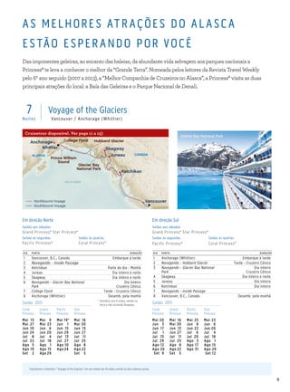 9
Em direção Norte
Saídas aos sábados
Grand Princess,® Star Princess®
Saídas às segundas		 Saídas às quartas
Pacific Princess® 		 Coral Princess®
Em direção Sul
Saídas aos sábados
Grand Princess,® Star Princess®
Saídas às segundas 	 Saídas às quartas
Pacific Princess®	 Coral Princess®
DIA PORTO DURAÇÃO
1 Vancouver, B.C., Canada Embarque à tarde
2 Navegando - Inside Passage
3 Ketchikan Parte do dia - Manhã
4 Juneau Dia inteiro e noite
5 Skagway Dia inteiro e noite
6 Navegando - Glacier Bay National
Park
Dia inteiro
Cruzeiro Cênico
7 College Fjord Tarde - Cruzeiro Cênico
8 Anchorage (Whittier) Desemb. pela manhã
DIA PORTO DURAÇÃO
1 Anchorage (Whittier) Embarque à tarde
2 Navegando - Hubbard Glacier Tarde - Cruzeiro Cênico
3 Navegando - Glacier Bay National
Park
Dia inteiro
Cruzeiro Cênico
4 Skagway Dia inteiro e noite
5 Juneau Dia inteiro
6 Ketchikan Dia inteiro
7 Navegando - Inside Passage
8 Vancouver, B.C., Canada Desemb. pela manhã
Gulf of Alaska
Glacier Bay
National Park
College Fjord
Prince William
Sound
Juneau
Ketchikan
Vancouver
Skagway
Hubbard Glacier
ALASKA CANADA
Whittier
Northbound Voyage
Anchorage
Alaska - Voyage of the Glaciers 013_R3
InsidePass
age
Southbound Voyage
	7
Noites
Voyage of the Glaciers
Vancouver / Anchorage (Whittier)
AS MELHORES ATR AÇÕES DO AL ASCA
ES TÃO ESPER ANDO POR VOCÊ
Das imponentes geleiras, ao encanto das baleias, da abundante vida selvagem aos parques nacionais a
Princess® te leva a conhecer o melhor da “Grande Terra”. Nomeada pelos leitores da Revista Travel Weekly
pelo 6º ano seguido (2007 a 2013), a “Melhor Companhia de Cruzeiros no Alasca”, a Princess® visita as duas
principais atrações do local: a Baía das Geleiras e o Parque Nacional de Denali.
Saídas 2015 *	Itinerário com 6 noites, saindo na
terça e não incluindo Skagway.
Coral
Princess
Grand
Princess
Pacific
Princess
Star
Princess
Mai	13
Mai	27
Jun	10
Jun	24
Jul	8
Jul	22
Ago	5
Ago	19
Set	2
Mai	9
Mai	23
Jun	6
Jun	20
Jul	4
Jul	18
Ago	1
Ago	15
Ago	29
Mai	 19*
Jun	1
Jun	15
Jun	29
Jul	13
Jul	27
Ago	10
Ago	24
Mai	16
Mai	30
Jun	13
Jun	27
Jul	11
Jul	25
Ago	8
Ago	22
Set	 5
Saídas 2015
Coral
Princess
Grand
Princess
Pacific
Princess
Star
Princess
Mai	20
Jun	3
Jun	17
Jul	1
Jul	15
Jul	29
Ago 12
Ago 26
Set 9
Mai	16
Mai	30
Jun	13
Jun	27
Jul	11
Jul	25
Ago	8
Ago	22
Set	5
Mai	25
Jun	8
Jun	22
Jul	6
Jul	20
Ago	3
Ago	17
Ago	31
Mai	23
Jun	6
Jun	20
Jul	4
Jul	18
Ago	1
Ago 15
Ago 29
Set 12
	 Transforme o itinerário “ Voyage of the Glaciers” em um roteiro de 14 noites unindo os dois roteiros acima.
Glacier Bay National Park
Cruisetour disponível. Ver pags 11 a 15)
 
