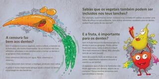A cenoura faz 
bem aos dentes? 
Sim! A cenoura e outros vegetais, como a alface, o tomate ou os brócolos, são muito importantes. Se os incluíres nas tuas refeições principais e nos lanches estás a tornar os dentes e as gengivas mais saudáveis. 
Estes alimentos são ricos em água, fibra, vitaminas e minerais. 
Como demoram mais tempo a mastigar, produzes mais saliva. 
A saliva é muito importante porque ajuda a limpar os dentes e a protegê-los das bactérias. 
Sabias que os vegetais também podem ser incluídos nos teus lanches? 
Por exemplo, experimenta comer cenoura crua, cortada em palitos ou juntar uma folha de alface na tua sanduíche. Que outros alimentos saudáveis para os dentes podem fazer parte do teu lanche? 
E a fruta, é importante para os dentes? 
Sim! A fruta fresca é fundamental para os dentes e para as gengivas. Podes comer fruta com casca, como a pêra e a maçã! Têm mais vitaminas e fibras. Mas atenção, tem de ser bem lavada! 
Além de comeres fruta ao almoço e ao jantar, experimenta também durante a manhã ou ao lanche! 
Já reparaste que a fruta e os hortícolas não ficam agarrados aos dentes, depois de os comeres? Pensa noutros alimentos com que aconteça o mesmo.  