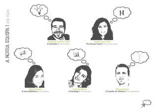 OUR T EAM
A NOSSA EQU IPA |




                                               Frederico Cruzeiro Costa                          Cláudia Costa Leão
                                              O Sonhador | The Dreamer                    The Human Touch | The Human Touch




                            Patrícia Gomes                                Catarina Maciel                                Ricardo Tomaz
                    A nossa MACteer | Our MACteer                    A Estratega | The Strategist             O Caçador de Talentos | The Headhunter




                                                                                                                                                       7
 