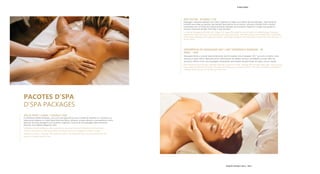 PACOTES D’SPA
D’SPA PACKAGES
SPA & FOOD | CASAL / COUPLE: 150€
O D’Wellness Health & Beauty, com uma vista panorâmica sob a cidade de Albufeira e o Serenata, um
restaurante moderno no Hotel Aqua Pedra dos Bicos, juntaram-se para oferecer uma experiência única,
desfrutar de uma massagem com produtos orgânicos, usufruir de uma paisagem deslumbrante e
saborear uma refeição elegante a dois.
D'Wellness Health & Beauty, with a panoramic view over the city of Albufeira and Serenata, a
modern restaurant in Hotel Aqua Pedra dos Bicos, have come together to offer a unique
experience, enjoy a massage with organic products, be delighted with a stunning landscape and
savour an elegant meal for two.
SPA TASTER 60 MINS | 75€
Massagem relaxante realizada com óleos Orgânicos & Vegan com efeitos de aromaterapia. Especialmente
indicado para todas as pessoas que queiram desconectar-se da rotina e eliminar a tensão física e mental,
combinada com um facial de limpeza profunda realizada com produtos Orgânicos e Vegan que ajudam a
remover impurezas da pele. Para todo o tipo de peles
A relaxing massage performed with Organic & Vegan oils based on the principles of aromatherapy. Especially
suitable for those who want to disconnect from the routine and eliminate physical and mental strain, combined
with a deep cleasing facial made with Organic and Vegan products that help remove impurities from the skin. For
all skin types.
EXPERIÊNCIA DE MASSAGEM 360º | 360º EXPERIENCE MASSAGE 90
MINS - 105€
Massagem facial e corporal descontraturante, permite realizar uma massagem 360 ° que inclui o crânio, rosto,
pescoço e corpo inteiro. Ideal para aliviar dores faciais, de cabeça, pescoço, mandíbulas e corpo, além de
bruxismo. *90min: Inclui uma massagem maxilofacial, para libertar tensões físicas do crânio, nuca e maxilar.
Decontracting facial & body massage, allowing to perform a 360° massage that includes head, face, neck, and full
body. Ideal to relieve facial, head, neck, jaws and body pain as well as bruxism. *90 mins: Includes a maxillofacial
massage which focuses on the face, jaw and neck.
EDIÇÃO DETAILS 2022 / 2023
D’WELLNESS
 