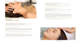 FACIAIS | FACIALS
LIMPEZA | ESSENTIAL EXPRESS 30 MINS - 60€ | 75 MINS - 115€
Concebida para uma rotina diária revitalizante, a linha Essencial utiliza surfactantes à base de óleo e extrato hidratante de
beterraba sacarina, para limpar suavemente, remover a maquilhagem e tonificar a pele.
Designed for a revitalizing daily routine, the Essential line uses oil-based surfactants and hydrating sugar beets
extract, to gently cleanse, remove makeup, and tone skin.
HIDRATAÇÃO | HYDRAMEMORY 75 MINS - 115€
Dupla Hidratação 24H - O segredo para uma pele de aspeto jovem, é a hidratação perfeita. É por isso que oferecemos um
arsenal de produtos hidratantes Ácido Hialurónico* e extratos naturais para assegurar um reservatório de água na pele de
longa duração e uma proteção eficaz da barreira cutânea ideal em todas as estações do ano e para todas as condições de
pele.
24H DOUBLE HYDRATION - The secret to dewy, young-looking skin is perfect hydration.
That is why we offer an arsenal of hydrating Hyaluronic Acid* products and natural extracts to ensure a long-lasting water-
reservoir in the skin and an effective protection of the skin barrier ideal in all seasons and for all skin conditions.
PURIFICANTE | ACTIVE PURENESS COMPLETE 75 MINS - ´115€
Uma solução unissexo profissional para reduzir o aparecimento de imperfeições localizadas causadas por pele oleosa. Ideal
para peles mais jovens e impuras, bem como para peles combinadas quando necessitam de uma ação purificadora profunda.
A professional, unisex solution to reduce the appearance of localized imperfections caused by oily skin. Ideal for younger
impure skin as well as for combination skin when in need of a deep purifying action.
CALMANTE | REMEDY SKIN DEFENCE 75 MINS - 115€
Especificamente concebido para peles delicadas e hipersensíveis com tendência para a vermelhidão. As fórmulas sem
perfume proporcionam alívio e reparação imediata.
Specifically designed for delicate and hyper-sensitive skin prone to redness.
Fragrance-free formulas rich in Marvel of Peru, Mexican Hyssop, and Marula Oil provide immediate relief and repair. A
Prebiotic from natural sugars reinforces the skin’s good bacteria, for optimal cutaneous defense
REGENERAÇÃO | SACRED NATURE 75 MINS - 115€
Regenerar a sua pele. Regenerar o nosso planeta.
O certificado Cosmos™ de cuidado orgânico da pele, eco-desenhado para preservar a juventude da pele e contribuir para a
proteção da biodiversidade.
Regenerate your skin. Regenerate our planet.
A Cosmos™ certified organic skincare, eco-designed to preserve skin youth and contribute to biodiversity protection.
LIFTING | SUBLIME SKIN COMPLETE 90 MINS | 145€
Os sinais de envelhecimento variam de acordo com a sua idade e estilo de vida. Este facial garante-lhe soluções para os
combater esses sinais ao longo das diferentes fases da sua vida. A origem natural e os ingredientes de alta tecnologia
preenchem e levantam a pele à medida que as primeiras rugas começam a aparecer, protegem a pele do rosto e dos olhos do
fotoenvelhecimento, e corrigem as manchas escuras. Funciona para redensificar a barreira da pele à medida que esta se torna
mais fina e delicada após os 50+ anos de idade.
Signs of aging vary according to your age and your lifestyle. Sublime Skin ensures you have solutions to combat them
throughout different stages of your life. Natural-origin and high-tech ingredients plump and lift skin as the first wrinkles start
to show, protect facial and eye skin from photo-aging, and corrects dark spots. Sublime Skin works to re-
densify skin’s barrier as it grows thinner and more delicate after age 50+.
EDIÇÃO DETAILS 2022 / 2023
 