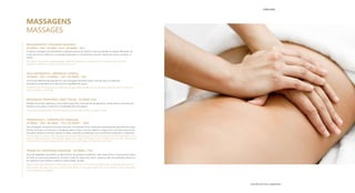 RELAXAMENTO | RELAXING MASSAGE
30 MINS - 40€ | 50 MIN - 65€ | 80 MINS - 85€
A clássica massagem de relaxamento é aplicada através de diversos níveis de pressão em partes diferentes do
corpo, de forma a melhorar a circulação sanguínea e o relaxamento muscular. Descontrai corpo e acalma a
mente.
The classic and popular massage applies different pressures to improve blood circulation and muscular
relaxation. Relaxes your body and calms your mind.
VELA AROMÁTICA | AROMATIC CANDLE
30 MINS - 45€ | 50 MINS - 70€ | 80 MINS - 95€
Uma forma diferente de experienciar uma massagem relaxante onde a cera da vela e as essências
aromáticas se derretem num óleo morno e agradável ao toque.
A different way of experiencing a relaxing massage where candle wax and aromatic essences melt in a warm oil
that is pleasant to the touch.
MASSAGEM PROFUNDA | DEEP TISSUE 30 MINS | 55€
Pressão em pontos específicos, movimentos vigorosos e técnicas de alongamento, aliviam dores musculares, as
tensões acumuladas e melhoram a mobilidade das articulações.
A very deep massage done with strong pressure and deep strokes on areas of stress.
TERAPÊUTICA | THERAPEUTIC MASSAGE
30 MINS - 50€ | 60 MINS - 75€ | 90 MINS* - 105€
Esta massagem terapêutica de alívio muscular com pressão firme e eficiente é personalizada para eliminar dores,
tensões de stress e contraturas. O terapeuta aplica o óleo corporal orgânico e vegan feito com óleo essencial de
Cannabis, Sésamo e Cravinho usando as mãos, cotovelos e antebraços com movimentos profundos e relaxantes.
This therapeutic muscle relief massage use firm and effective pressure and is customised to eliminate aches, stress
tensions and contractures. The therapist applies the organic and vegan body oil made with Cannabis, Sesame and
Clove essential oil using hands, elbows and forearms with deep and relaxing movements.
PRENATAL SOOTHING MASSAGE 50 MINS | 79€
Técnicas adaptadas para aliviar os desconfortos da gravidez e melhorar o bem-estar físico e emocional da mãe e
do bebé. Ao fazer este tratamento, irá sentir a pele do corpo mais macia graças ao óleo de amêndoas doces rico
em vitamina E que hidrata e melhora a elasticidade da pele.
Special techniques designed to ease pregnancy discomforts and enhance physical and emotional well-being of
both mother and baby. Your skin will feel softer thanks to the sweet almond oil rich in vitamin E that moisturizes
it and improves its elasticity.
MASSAGENS
MASSAGES
D’WELLNESS
E DIÇÃO DETAILS 2022/2023
 
